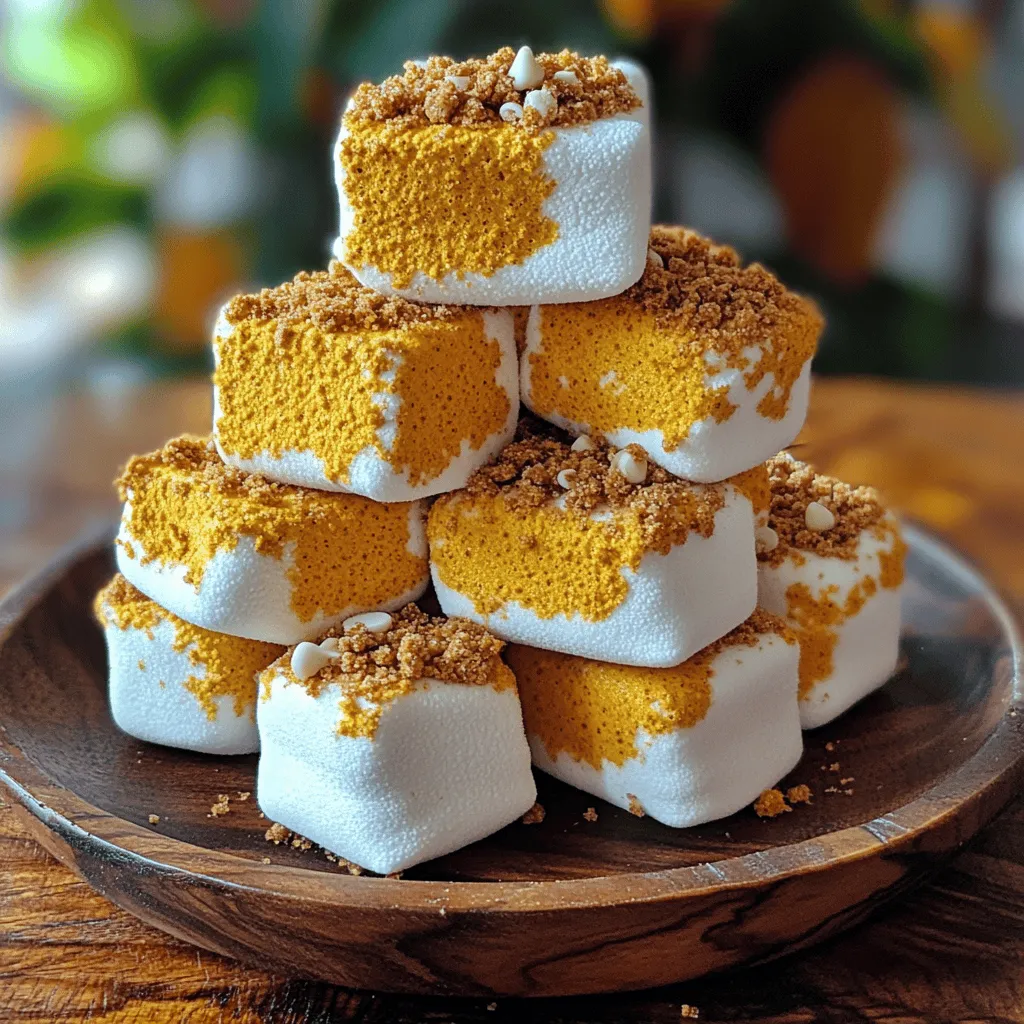 To make Pumpkin Spice Marshmallow Treats, you need a few simple ingredients. Here’s what you will need: - 4 cups rice cereal - 3 cups mini marshmallows - 3 tablespoons unsalted butter - 1 teaspoon pumpkin pie spice - 1 teaspoon vanilla extract - 1/4 cup canned pumpkin puree - Pinch of salt - 1/2 cup white chocolate chips (optional) - 1/4 cup crushed graham crackers (for topping) Each ingredient plays a key role in creating these tasty treats. The rice cereal forms the base, giving it a nice crunch. The mini marshmallows add sweetness and a chewy texture. Unsalted butter helps everything stick together without making it too salty. Pumpkin pie spice gives these treats that cozy, fall flavor. The vanilla extract enhances the overall taste, while canned pumpkin puree adds moisture and a hint of pumpkin flavor. A pinch of salt balances the sweetness. If you choose to add white chocolate chips, they bring a creamy element. Finally, crushed graham crackers on top give a crunchy finish. For the complete recipe with instructions, check out the Full Recipe. Enjoy making these delightful treats! Start by gathering all your ingredients. You will need: - 4 cups rice cereal - 3 cups mini marshmallows - 3 tablespoons unsalted butter - 1 teaspoon pumpkin pie spice - 1 teaspoon vanilla extract - 1/4 cup canned pumpkin puree - Pinch of salt - 1/2 cup white chocolate chips (optional) - 1/4 cup crushed graham crackers (for topping) Next, prep your workspace. Clear your counter and gather your tools. You will need a large saucepan, a spatula, and a 9x13-inch baking dish. Now, it’s time to melt the butter and marshmallows. In a large saucepan, melt the unsalted butter over low heat. Stir gently to keep it from browning. Once the butter melts, add the mini marshmallows. Keep stirring until they melt completely into a smooth mixture. After the marshmallows melt, it’s time to add the spices and pumpkin. Stir in the pumpkin pie spice, vanilla extract, and canned pumpkin puree. Don’t forget the pinch of salt! Mix well until everything blends and smells amazing. Now, let’s fold in the rice cereal. Remove the saucepan from the heat. Carefully add the rice cereal to the marshmallow mixture. Mix gently, ensuring every piece gets coated in the marshmallow goodness. If you want to add white chocolate chips, do it now. Gently fold them in, being careful not to let them melt too much. Next, transfer the mixture to your greased baking dish. Use a spatula or your lightly greased hands to press it down evenly. Finally, sprinkle the crushed graham crackers on top. This adds a nice crunch. Let the treats cool completely for about 30 minutes. After they cool, cut them into squares or bars. Enjoy your Pumpkin Spice Marshmallow Treats! For the full recipe, refer to the earlier section. To melt marshmallows well, use low heat. This helps prevent burning. Stir often to keep them from sticking. The goal is a smooth, creamy mix. If you see any lumps, keep stirring. You want it silky, not clumpy. For even coating of cereal, mix gently. Fold the rice cereal into the marshmallow mix. This ensures every piece gets covered. When pressing into the dish, use a spatula or your hands. Grease them lightly to avoid sticking. Press firmly but don't squash the treats. Make your treats pop with festive stacking. Stack them in a pyramid on a plate. This adds height and fun. For gifts, wrap each treat in clear cellophane. Tie with a colorful ribbon for a lovely touch. These ideas make your treats shine! {{image_4}} You can change the flavor of your Pumpkin Spice Marshmallow Treats by adding fun ingredients. - Chocolate or Peanut Butter: Stir in some chocolate chips or creamy peanut butter. These add a rich taste and make the treats even more delicious. If you use peanut butter, it pairs perfectly with the pumpkin flavor. - Nuts or Dried Fruits: You can also mix in chopped nuts or dried fruits like cranberries. Nuts add crunch, while fruits bring a sweet bite. This gives your treats a new twist and boosts their nutrition. You can play with the shape of your treats too. - Bars vs. Cookies: The classic version is bars. But you can make them into cookies for a fun twist. Use a cookie scoop, and shape the mixture into rounds. - Treat Pops or Bites: If you want something cute, you can form small bites or pops. Just roll the mixture into small balls and place them on sticks. This makes them great for parties or school events. The best part? You can adapt these treats for any season! - Halloween-themed Treats: For Halloween, add some orange and black sprinkles. You can also shape them into pumpkins or ghosts for a spooky look. - Thanksgiving-inspired Variations: For Thanksgiving, add a drizzle of caramel on top. You can also sprinkle cinnamon or nutmeg for extra fall flavor. These changes make your treats festive and fun for any gathering. Try these variations to keep your Pumpkin Spice Marshmallow Treats exciting and new! To keep your pumpkin spice marshmallow treats fresh, store them in an airtight container. This helps lock in moisture and flavor. Use a container that fits the size of the treats. If you stack them, place parchment paper between layers. Your treats can stay fresh for up to a week at room temperature. If you want to save some treats for later, freezing is a great option. First, cut the treats into squares. Then, wrap each piece in plastic wrap. Place the wrapped treats in a freezer-safe bag or container. They can last in the freezer for up to three months. When you are ready to eat them, take out your treats and let them thaw at room temperature for about 30 minutes. Check your treats before eating. If they feel hard or dry, they may not taste good. Also, look for any strange smells or mold. If you see any signs of spoilage, it’s best to toss them out. Enjoy your sweet treats while they are fresh! Pumpkin pie spice is a mix of warm spices. It usually includes cinnamon, nutmeg, ginger, and allspice. These spices bring out the cozy flavors of fall. You can find this spice blend in stores or make your own at home. Just mix equal parts of the spices mentioned above. Yes, you can use regular marshmallows! Just cut them into smaller pieces. This way, they will melt evenly. You might need to adjust the cooking time a bit. Keep stirring until they melt completely. To make gluten-free Pumpkin Spice Marshmallow Treats, use gluten-free rice cereal. Many brands offer gluten-free options. Always check labels to ensure safety. This way, everyone can enjoy these tasty treats! To make vegan treats, use vegan marshmallows. They are available in many stores. Replace the butter with coconut oil or vegan butter. These swaps will keep your treats dairy-free and still delicious. Enjoy every bite without worry! This recipe for Pumpkin Spice Marshmallow Treats is fun and easy. You'll start by melting butter and mini marshmallows in a pan. Once they mix into a smooth blend, you add pumpkin puree, pumpkin pie spice, and vanilla extract. This gives the treats their warm, cozy flavor. Next, you fold in the rice cereal until every piece gets coated in the sticky mixture. If you want, add white chocolate chips for extra sweetness. Then, press this mix into a greased baking dish and sprinkle crushed graham crackers on top. After letting them cool, cut them into squares. This recipe takes about 40 minutes from start to finish. It serves 12 to 16 people. You can find the full recipe above. Enjoy making these tasty treats! In this post, we explored how to make delicious Pumpkin Spice Marshmallow Treats. We covered key ingredients, from rice cereal to mini marshmallows. You learned the step-by-step cooking process and got tips for perfecting your treats. Different variations can add fun twists. Remember to store your treats properly to keep them fresh. With everything shared, you're ready to create tasty, seasonal snacks. Enjoy sharing these simple and fun treats with family and friends!