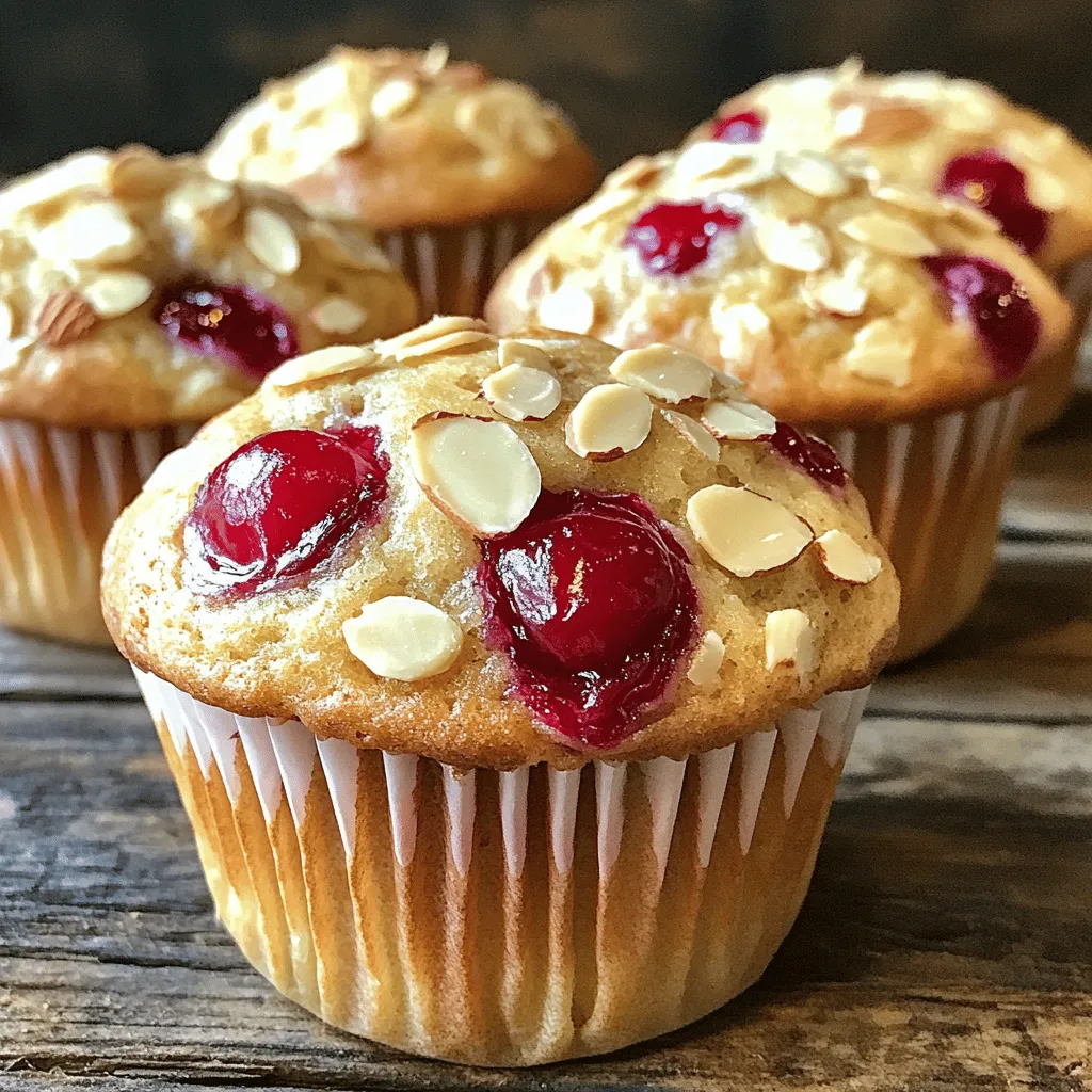 To make Cherry Almond Breakfast Muffins, you need the following ingredients: - 1 cup all-purpose flour - 1 cup almond flour - 1 teaspoon baking powder - 1/2 teaspoon baking soda - 1/4 teaspoon salt - 1/2 cup packed brown sugar - 2 large eggs - 1/2 cup Greek yogurt - 1/4 cup almond milk (or regular milk) - 1 teaspoon pure almond extract - 1/2 cup fresh or frozen cherries, pitted and roughly chopped - 1/4 cup sliced almonds, plus extra for topping When using almonds in your muffins, you have choices. Ground almonds add a fine texture. They blend well, making the muffins moist. Whole almonds add a nice crunch. They also give a more rustic look. I recommend using ground almonds for a smoother batter. They'll mix in easily and create a tender muffin. Use whole almonds for topping or additional texture. Fresh cherries make a real difference in flavor. Look for cherries that are bright in color. They should feel firm and plump. Avoid any that are soft, bruised, or wrinkled. If you can, smell them. A sweet scent means they're ripe. If fresh cherries are not available, frozen ones work well, too. Just make sure they are pitted and roughly chopped. This way, they mix into the batter nicely. For the complete Cherry Almond Breakfast Muffins recipe, check the Full Recipe section. Start by preheating your oven to 350°F (175°C). This step is key for even baking. Use a muffin tin and line it with paper liners or spray it lightly with non-stick spray. This prevents the muffins from sticking. Make sure each cup is ready for the batter to come. In a medium bowl, mix the dry ingredients. Combine one cup of all-purpose flour, one cup of almond flour, one teaspoon of baking powder, half a teaspoon of baking soda, and a quarter teaspoon of salt. Whisk them together well. This ensures that the leavening agents distribute evenly in the batter. In a large bowl, whisk together half a cup of packed brown sugar and two large eggs until smooth. Then, add half a cup of Greek yogurt, a quarter cup of almond milk, and one teaspoon of pure almond extract. Mix until everything is combined. Slowly add the dry mixture to this wet mix, folding gently. You want it just combined, so don’t overmix. Small lumps are okay! Now, fold in half a cup of chopped cherries and a quarter cup of sliced almonds. Spoon the batter into the muffin cups, filling them about two-thirds full. Sprinkle extra sliced almonds on top if you like. Place the tin in the oven and bake for 18-20 minutes. Check for doneness by inserting a toothpick; it should come out clean. Let the muffins cool in the tin for five minutes before moving them to a wire rack. When making Cherry Almond Breakfast Muffins, be gentle. Overmixing can make the muffins tough. Mix the wet and dry ingredients until just combined. If you see some lumps, that’s okay! This keeps the muffins soft and fluffy. To get cherries all through your muffins, chop them evenly. When you fold them into the batter, do it carefully. Use a spatula to lift and fold instead of stirring. This helps the cherries spread out without breaking apart too much. For light and airy muffins, use room-temperature ingredients. Cold eggs or milk can make the batter dense. Also, don’t pack the flour too tightly in your measuring cup. Lightly spoon the flour in and level it off. This helps the muffins rise better. For more details on making these muffins, check out the Full Recipe! {{image_4}} You can make these muffins gluten-free! Use a gluten-free flour blend instead of all-purpose flour. Look for blends that contain rice flour, potato starch, and tapioca starch. These blends mimic regular flour well. To ensure the best texture, add a bit of xanthan gum. This helps bind the ingredients together and keeps your muffins fluffy. Enhance your muffins with flavors that pair well. Try adding a teaspoon of vanilla extract for a sweeter taste. You could also mix in a dash of cinnamon for warmth. If you love citrus, zest a lemon or orange into the batter. These flavors brighten your muffins and make them even more delightful. You can change the fruit based on what is in season. In spring, fresh strawberries work wonders. In summer, try blueberries or peaches. In fall, chopped apples and a sprinkle of nutmeg add cozy charm. Each season brings new flavors, so feel free to experiment. These changes keep your breakfast muffins exciting and fresh. Check out the Full Recipe for more ideas! To keep your Cherry Almond Breakfast Muffins fresh, store them in an airtight container. This will help prevent them from drying out. You can keep them at room temperature for about three days. For longer storage, consider refrigeration, which can extend freshness up to a week. Just remember to allow them to cool completely before storing. Freezing these muffins is easy! First, let them cool fully. Then, wrap each muffin tightly in plastic wrap. Place the wrapped muffins in a freezer-safe bag or container. This method can keep them fresh for up to three months. When you're ready to enjoy, simply take out a muffin and thaw it overnight in the fridge. To enjoy your muffins warm, preheat your oven to 350°F (175°C). Place the muffins on a baking sheet for about 5-10 minutes. This will help restore their soft texture. You can also use the microwave for quick reheating. Just heat for 15-20 seconds, but be careful not to overdo it. Enjoy them warm for the best flavor! Yes, you can use dried cherries. They add a sweet and chewy texture. Just chop them into smaller pieces to blend well. You may want to reduce the sugar in the recipe. Dried cherries are sweeter, so cut back on brown sugar by a couple of tablespoons. If you lack almond extract, you can use vanilla extract. It won’t have the same flavor, but it will still taste good. You can also use a few drops of hazelnut extract for a unique twist. Try adjusting the amount to suit your taste. To check if the muffins are done, insert a toothpick into the center. If it comes out clean, they are ready. You can also gently press the top. If it springs back, that’s a good sign. Look for a light golden color on top. Each muffin has about 150 calories. They have 6 grams of fat and 3 grams of protein. The muffins also include 20 grams of carbs and 1 gram of fiber. Each muffin provides a tasty balance of flavors and nutrients. For the full recipe, you can explore the details in the earlier sections. We explored an easy recipe for Cherry Almond Muffins. You learned about the best ingredients, how to mix them, and bake tips. Plus, I shared helpful tricks for texture and storage. You can even customize the recipe with different ingredients. Baking these muffins can be fun and rewarding. Enjoy your baking journey and share these tasty treats with friends!
