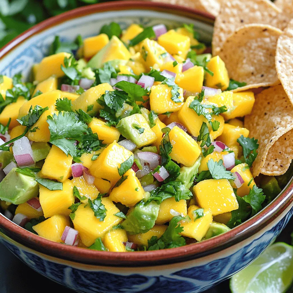 To make a fresh and tasty mango avocado salsa, you need a few key ingredients. Here is what you will need: - 1 ripe mango, diced into small cubes - 2 ripe avocados, diced into small cubes - 1 small red onion, finely chopped - 1 small jalapeño, deseeded and minced (adjust to taste) - 2 tablespoons fresh lime juice - 1 tablespoon honey (optional, for a touch of sweetness) - 1/4 cup fresh cilantro, finely chopped - Salt and pepper to taste These ingredients create a balance of sweet, creamy, and spicy flavors. The mango brings natural sweetness, while the avocado adds creaminess. The onion and jalapeño provide crunch and heat. You can add more depth to your salsa with a few optional ingredients. Here are some ideas: - Diced red bell pepper for sweetness and color - A splash of orange juice for extra brightness - Chopped garlic for a savory kick - Black beans for added protein and texture Feel free to mix and match these options to suit your taste. They can make your salsa unique and exciting. Having the right tools can make salsa prep easier and faster. Here are some tools I recommend: - A sharp knife for easy cutting - A cutting board for safe chopping - A large mixing bowl to combine all ingredients - A measuring spoon for accurate measurements Using these tools helps you create a delicious mango avocado salsa with ease. You’ll find that they also make cleanup a breeze. For the full recipe, refer to [Full Recipe]. Start by gathering all your fresh ingredients. You need one ripe mango and two ripe avocados. Dice the mango and avocados into small cubes. This size helps mix the flavors well. Place them in a large mixing bowl. Next, finely chop one small red onion. Add it to your bowl for a nice crunch and flavor. Then, take one small jalapeño. Carefully deseed it and mince it finely. This step adds a spicy kick to the salsa. If you like less heat, use less jalapeño or skip it. Now it’s time to mix! Squeeze two tablespoons of fresh lime juice over the diced fruit. This juice keeps the salsa fresh and adds a zesty taste. If you want a touch of sweetness, add one tablespoon of honey. Gently fold all the ingredients together. Be careful not to mash the avocado; you want those creamy bites. Next, add a quarter cup of fresh cilantro, finely chopped. This herb adds a bright, fresh flavor. Season your salsa with salt and pepper to taste. Toss everything together one last time to blend the flavors well. For the best taste, let the salsa sit for about 10-15 minutes. This waiting time helps the flavors mix nicely. When you’re ready to serve, present your colorful salsa in a bright bowl. Garnish it with a sprig of fresh cilantro on top. Try serving your mango avocado salsa with crisp tortilla chips as a starter. You can also pair it with grilled fish or chicken for a tasty main dish. Enjoy making this fresh and flavorful salsa! For the full recipe, check out the Tropical Bliss Mango Avocado Salsa. Choose ripe mangoes and avocados for the best flavor. A ripe mango has a slight give when pressed. Look for a yellowish color with some red. For avocados, pick ones that feel soft but not mushy. They should slightly yield to gentle pressure. This ensures a creamy texture in your salsa. To keep your avocados fresh, use lime juice right after cutting. This helps prevent browning. Store any leftovers in an airtight container. Add an extra layer of lime juice on top before sealing. If you want to keep the avocado pieces intact, leave the pit in the container. This can help slow down oxidation. For a great presentation, use a colorful bowl. Scoop the salsa into the bowl and top it with cilantro. This makes it look fresh and vibrant. Serve the salsa with crispy tortilla chips for a fun snack. You can also pair it with grilled chicken or fish for a tasty meal. The colors and flavors will impress your guests. For the full recipe, check out Tropical Bliss Mango Avocado Salsa. {{image_4}} For those who crave heat, try the spicy version. Start with the base recipe. Add one or two diced jalapeños for a zesty kick. If you want more spice, include a pinch of cayenne pepper. This salsa pairs well with tacos or grilled meats. The heat enhances the sweet mango and creamy avocado. Want a sweeter taste? Add fresh pineapple to the mix. Dice one cup of ripe pineapple and fold it in with the mango and avocado. The pineapple brings a juicy, tropical flavor that brightens your salsa. This twist works great with fish dishes or as a dip for chips. If you want a more filling salsa, add black beans. Rinse and drain one cup of canned black beans. Gently mix them in with the other ingredients. This addition gives your salsa protein and fiber. It makes a perfect topping for salads or grain bowls. Try the full recipe to explore these variations! To keep your mango avocado salsa fresh, store it in an airtight container. This limits air exposure, which can cause browning. Place a piece of plastic wrap directly on the salsa before sealing the lid. This extra step helps maintain its vibrant colors and flavors. I do not recommend freezing this salsa. The texture of mango and avocado changes when frozen. If you try it, the salsa may become mushy after thawing. Instead, enjoy it fresh, as this recipe shines in its original state. When stored properly in the fridge, mango avocado salsa lasts about 2-3 days. It’s best to eat it within this time to enjoy the fresh taste. If you notice browning, give it a gentle stir. You can still enjoy it if it smells and tastes fine. For the best experience, make smaller batches to avoid waste. For the full recipe, check out Tropical Bliss Mango Avocado Salsa. Mango avocado salsa shines with many dishes. I love serving it with grilled chicken or fish. The fresh flavors cut through the richness of the meat. You can also enjoy it with tortilla chips for a fun snack. Try it on tacos for a zesty twist. It adds a burst of flavor to any meal. Yes, you can make it ahead. I suggest preparing it a few hours before serving. This allows the flavors to blend nicely. Keep it in the fridge in a sealed container. However, if you use avocado, it may brown quickly. To avoid this, add lime juice and cover tightly. Adjusting the spice level is easy. If you want less heat, use less jalapeño. You can also remove the seeds for milder flavor. If you enjoy spice, add more jalapeño. Another option is to include diced bell peppers for flavor without the heat. Just taste as you go to find your perfect balance. Mango avocado salsa is fresh, tasty, and easy to make. We covered ingredients, tools, and steps to prepare it. I shared tips on choosing ripe fruit and keeping your salsa fresh. Plus, we explored fun variations and storage tips. You can pair this salsa with many dishes or tweak the spice level to suit your taste. Enjoy this bright, flavorful dish at your next meal!