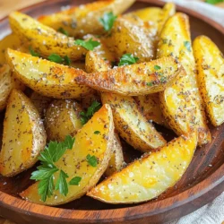 - 4 large russet potatoes - 4 tablespoons extra virgin olive oil - 4 cloves garlic, minced For this recipe, russet potatoes shine. They are starchy and give a fluffy inside. You want large ones for big wedges. Olive oil adds flavor and crispness. Fresh garlic gives a great aroma and taste. - 2 teaspoons dried oregano - 2 teaspoons dried thyme - 1 teaspoon smoked paprika Dried oregano and thyme boost the flavor. They add a nice herbal note. Smoked paprika gives a warm, smoky taste. This mix makes your wedges special and tasty. - Grated Parmesan cheese - Fresh parsley for garnish - Salt and black pepper to taste Parmesan cheese adds a rich, salty kick. Fresh parsley brightens the dish and looks great. Salt and black pepper round out the flavors. You can adjust these to fit your taste. For the full recipe, check the details above. Enjoy making your crispy garlic herb potato wedges! - Preheat the oven to 425°F (220°C). - Prepare a baking sheet with parchment paper. Start by heating your oven. This step is key for crispy potato wedges. The parchment paper helps with cleanup and prevents sticking. - Combine olive oil, garlic, herbs, and seasonings. - Toss potato wedges in the oil mixture. In a large bowl, mix the olive oil with minced garlic, oregano, thyme, smoked paprika, onion powder, salt, and pepper. This mixture smells fantastic and adds great flavor. Next, add the potato wedges. Use your hands to toss them well. Make sure each wedge gets coated so every bite is tasty. - Arrange wedges on the baking sheet. - Bake for 30-35 minutes, flipping halfway. Spread the coated wedges evenly on the baking sheet. Space them out to allow air to circulate. This helps them become crispy. After 15 minutes, flip the wedges. This ensures they cook evenly. Keep an eye on them until they are golden brown. The smell will make your mouth water! For the full recipe, check the details above. Enjoy making these crispy garlic herb potato wedges! To get that perfect crunch, space the wedges well on the baking sheet. If the wedges touch, they will steam instead of crisp. Arrange them in a single layer, giving each wedge room to breathe. Flip the wedges halfway through baking. This helps both sides to brown and crisp up nicely. Want more flavor? Add extra herbs or spices to the mix. You can try rosemary, basil, or even a bit of chili powder for heat. When selecting potatoes, go for russet potatoes. They are starchy and get crispy on the outside while staying fluffy inside. These wedges pair perfectly with dips like ketchup or aioli. They also make a great side dish for burgers or grilled chicken. Enjoy them as a tasty snack anytime. For a fun twist, serve them with a sprinkle of cheese or fresh herbs. Check out the Full Recipe for more tips and ideas! {{image_4}} You can change the taste of your potato wedges with some fun twists. For a spicy kick, add chili powder. Start with one teaspoon and adjust to your taste. Mix it in with the garlic and herbs. This adds heat and flavor. For cheese lovers, try a cheesy version. After baking, sprinkle extra cheese on top. Cheddar or mozzarella works great. Melted cheese adds a rich layer. If you want a vegan option, simply skip the cheese or use a dairy-free substitute. Nutritional yeast gives a cheesy flavor without dairy. It’s a great choice for vegans. If you need a gluten-free dish, rest easy! This recipe is naturally gluten-free. Just be sure your ingredients are certified gluten-free. You can also make these wedges in an air fryer. Set it to 400°F (200°C) and cook for about 20 minutes. Shake the basket halfway through for even cooking. Want to grill? That works too! Place the wedges on a grill-safe pan. Cook them over medium heat for about 15-20 minutes. Just turn them often for even crispiness. These methods bring out different textures and flavors. For the full recipe, check out the Crispy Garlic Herb Potato Wedges section. To keep your crispy garlic herb potato wedges fresh, let them cool first. Place them in an airtight container. This helps keep moisture out. You can store them in the fridge for a few days. Just remember, the longer they sit, the less crispy they become. The best way to reheat these wedges is in the oven. Preheat your oven to 400°F (200°C). Lay the wedges on a baking sheet. Heat them for about 10-15 minutes. This restores their crispiness quite well. If you use a microwave, they will heat quickly, but they may lose some crunch. Place them on a microwave-safe plate and cover with a damp paper towel. Heat for 1-2 minutes. In the fridge, these potato wedges last about 3-5 days. For longer storage, you can freeze them. Place the cooled wedges in a freezer bag, squeezing out extra air. They can last up to 3 months in the freezer. When you're ready to eat, thaw them in the fridge overnight before reheating. Enjoy your delicious potato wedges anytime! Yes, you can prep these potato wedges in advance. Start by cutting the potatoes. Soak them in cold water for 30 minutes. This helps remove excess starch and keeps them crispier. After soaking, drain and dry the wedges well. Toss them in the oil and spices as usual. You can cover and refrigerate them for up to 24 hours. When you're ready, just bake them straight from the fridge. This way, you save time and enjoy fresh, crispy wedges. I recommend using large russet potatoes for the best results. Russets are starchy, which makes them fluffy inside and crispy outside. They hold their shape well and absorb flavors nicely. Other good options are Yukon Gold or red potatoes. Each has its own taste, but russets give the best texture for these wedges. Avoid waxy potatoes, as they won't crisp up as well. If you want to add some heat, try adding chili powder or cayenne pepper to the mix. Start with a small amount, like half a teaspoon, and taste as you go. You can also use crushed red pepper flakes for a nice kick. For a bolder flavor, add some hot sauce to the oil mixture before tossing the wedges. This will give your potato wedges a spicy, zesty touch. These potato wedges are easy to make and full of flavor. You gather simple ingredients like russet potatoes and olive oil, then mix in tasty herbs and spices. After baking, you can enjoy them crispy and delicious. Remember, you can customize these wedges to fit any taste or diet. Use different spices, add cheese, or even try cooking methods like grilling. Don’t forget to store leftovers properly. This way, you can enjoy them later. Enjoy making and sharing these tasty treats!