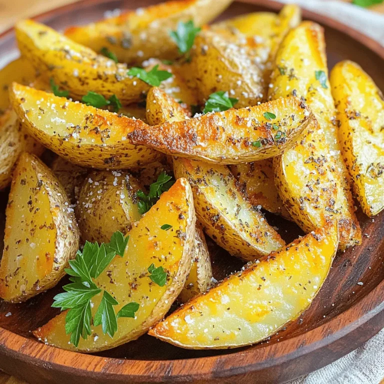- 4 large russet potatoes - 4 tablespoons extra virgin olive oil - 4 cloves garlic, minced For this recipe, russet potatoes shine. They are starchy and give a fluffy inside. You want large ones for big wedges. Olive oil adds flavor and crispness. Fresh garlic gives a great aroma and taste. - 2 teaspoons dried oregano - 2 teaspoons dried thyme - 1 teaspoon smoked paprika Dried oregano and thyme boost the flavor. They add a nice herbal note. Smoked paprika gives a warm, smoky taste. This mix makes your wedges special and tasty. - Grated Parmesan cheese - Fresh parsley for garnish - Salt and black pepper to taste Parmesan cheese adds a rich, salty kick. Fresh parsley brightens the dish and looks great. Salt and black pepper round out the flavors. You can adjust these to fit your taste. For the full recipe, check the details above. Enjoy making your crispy garlic herb potato wedges! - Preheat the oven to 425°F (220°C). - Prepare a baking sheet with parchment paper. Start by heating your oven. This step is key for crispy potato wedges. The parchment paper helps with cleanup and prevents sticking. - Combine olive oil, garlic, herbs, and seasonings. - Toss potato wedges in the oil mixture. In a large bowl, mix the olive oil with minced garlic, oregano, thyme, smoked paprika, onion powder, salt, and pepper. This mixture smells fantastic and adds great flavor. Next, add the potato wedges. Use your hands to toss them well. Make sure each wedge gets coated so every bite is tasty. - Arrange wedges on the baking sheet. - Bake for 30-35 minutes, flipping halfway. Spread the coated wedges evenly on the baking sheet. Space them out to allow air to circulate. This helps them become crispy. After 15 minutes, flip the wedges. This ensures they cook evenly. Keep an eye on them until they are golden brown. The smell will make your mouth water! For the full recipe, check the details above. Enjoy making these crispy garlic herb potato wedges! To get that perfect crunch, space the wedges well on the baking sheet. If the wedges touch, they will steam instead of crisp. Arrange them in a single layer, giving each wedge room to breathe. Flip the wedges halfway through baking. This helps both sides to brown and crisp up nicely. Want more flavor? Add extra herbs or spices to the mix. You can try rosemary, basil, or even a bit of chili powder for heat. When selecting potatoes, go for russet potatoes. They are starchy and get crispy on the outside while staying fluffy inside. These wedges pair perfectly with dips like ketchup or aioli. They also make a great side dish for burgers or grilled chicken. Enjoy them as a tasty snack anytime. For a fun twist, serve them with a sprinkle of cheese or fresh herbs. Check out the Full Recipe for more tips and ideas! {{image_4}} You can change the taste of your potato wedges with some fun twists. For a spicy kick, add chili powder. Start with one teaspoon and adjust to your taste. Mix it in with the garlic and herbs. This adds heat and flavor. For cheese lovers, try a cheesy version. After baking, sprinkle extra cheese on top. Cheddar or mozzarella works great. Melted cheese adds a rich layer. If you want a vegan option, simply skip the cheese or use a dairy-free substitute. Nutritional yeast gives a cheesy flavor without dairy. It’s a great choice for vegans. If you need a gluten-free dish, rest easy! This recipe is naturally gluten-free. Just be sure your ingredients are certified gluten-free. You can also make these wedges in an air fryer. Set it to 400°F (200°C) and cook for about 20 minutes. Shake the basket halfway through for even cooking. Want to grill? That works too! Place the wedges on a grill-safe pan. Cook them over medium heat for about 15-20 minutes. Just turn them often for even crispiness. These methods bring out different textures and flavors. For the full recipe, check out the Crispy Garlic Herb Potato Wedges section. To keep your crispy garlic herb potato wedges fresh, let them cool first. Place them in an airtight container. This helps keep moisture out. You can store them in the fridge for a few days. Just remember, the longer they sit, the less crispy they become. The best way to reheat these wedges is in the oven. Preheat your oven to 400°F (200°C). Lay the wedges on a baking sheet. Heat them for about 10-15 minutes. This restores their crispiness quite well. If you use a microwave, they will heat quickly, but they may lose some crunch. Place them on a microwave-safe plate and cover with a damp paper towel. Heat for 1-2 minutes. In the fridge, these potato wedges last about 3-5 days. For longer storage, you can freeze them. Place the cooled wedges in a freezer bag, squeezing out extra air. They can last up to 3 months in the freezer. When you're ready to eat, thaw them in the fridge overnight before reheating. Enjoy your delicious potato wedges anytime! Yes, you can prep these potato wedges in advance. Start by cutting the potatoes. Soak them in cold water for 30 minutes. This helps remove excess starch and keeps them crispier. After soaking, drain and dry the wedges well. Toss them in the oil and spices as usual. You can cover and refrigerate them for up to 24 hours. When you're ready, just bake them straight from the fridge. This way, you save time and enjoy fresh, crispy wedges. I recommend using large russet potatoes for the best results. Russets are starchy, which makes them fluffy inside and crispy outside. They hold their shape well and absorb flavors nicely. Other good options are Yukon Gold or red potatoes. Each has its own taste, but russets give the best texture for these wedges. Avoid waxy potatoes, as they won't crisp up as well. If you want to add some heat, try adding chili powder or cayenne pepper to the mix. Start with a small amount, like half a teaspoon, and taste as you go. You can also use crushed red pepper flakes for a nice kick. For a bolder flavor, add some hot sauce to the oil mixture before tossing the wedges. This will give your potato wedges a spicy, zesty touch. These potato wedges are easy to make and full of flavor. You gather simple ingredients like russet potatoes and olive oil, then mix in tasty herbs and spices. After baking, you can enjoy them crispy and delicious. Remember, you can customize these wedges to fit any taste or diet. Use different spices, add cheese, or even try cooking methods like grilling. Don’t forget to store leftovers properly. This way, you can enjoy them later. Enjoy making and sharing these tasty treats!