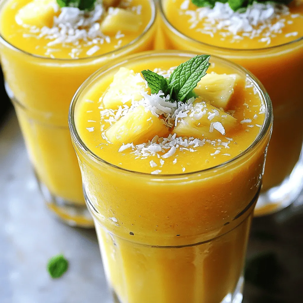 To make the Coconut Pineapple Smoothie, you will need: - 1 cup coconut milk (can be canned or from a carton) - 1 cup pineapple chunks (fresh or frozen) - 1 ripe banana - ½ cup Greek yogurt (or a dairy-free alternative) - 1 tablespoon honey or agave syrup (adjust according to your sweetness preference) - 1 tablespoon unsweetened shredded coconut - ½ teaspoon pure vanilla extract - A handful of ice cubes (optional, for a thicker consistency) - Fresh mint leaves for garnish (optional) You can change some ingredients if needed. For coconut milk, use almond or oat milk instead. If you don’t have pineapple, mango or peach works well. You can swap Greek yogurt for a plant-based yogurt. If you want it sweeter, use maple syrup instead of honey or agave. - Coconut milk: Lowers cholesterol and adds healthy fats. - Pineapple: Full of vitamin C and helps digestion. - Banana: Provides potassium and natural sweetness. - Greek yogurt: Offers protein and probiotics for gut health. - Honey: A natural sweetener with antioxidants. - Shredded coconut: Adds fiber and healthy fats. This smoothie is not just tasty; it also packs a nutritious punch! To make this Coconut Pineapple Smoothie, start by gathering your ingredients. You will need coconut milk, pineapple chunks, a banana, Greek yogurt, honey, shredded coconut, vanilla extract, and ice cubes if you want it thicker. 1. In a high-powered blender, pour in the coconut milk. 2. Next, add the pineapple chunks. 3. Peel the ripe banana and break it into pieces. Toss those in too. 4. Scoop out the Greek yogurt and add it. 5. Drizzle in the honey or agave syrup for sweetness. 6. Sprinkle the shredded coconut and pour in the vanilla extract. When blending, make sure to start on a lower speed. Once everything is mixed a bit, switch to high speed. This helps all the ingredients blend smoothly. Keep blending until you see a creamy mix without lumps. After blending, taste the smoothie. If you want it sweeter, add more honey or agave syrup. Blend again for a few seconds to mix in the extra sweetness. If the smoothie is too thin for your liking, add a handful of ice cubes and blend again until it thickens. Enjoy this refreshing treat right away! You can find the Full Recipe for more details. To achieve a creamy texture, use frozen pineapple chunks. They add chill and creaminess. You can also freeze the banana for extra smoothness. Always blend the ingredients on high speed. This ensures everything mixes well and becomes silky. Add a splash of lime juice for brightness. It brings out the sweetness of the pineapple. A dash of cinnamon can also deepen the flavor. Try experimenting with fresh ginger for a spicy kick. You might discover new favorite flavors! Use a high-powered blender for the best results. It helps break down all ingredients smoothly. If you enjoy smoothies often, consider a personal blender. They are quick and easy for single servings. Keep your blender clean by rinsing it right after use. This saves time and keeps it fresh for next time. For the full recipe, check out the Tropical Bliss Coconut Pineapple Smoothie. {{image_4}} You can make your coconut pineapple smoothie even better by adding more fruits. Some great choices are mango, berries, or kiwi. Each fruit brings its own flavor. For example, mango adds a creamy texture and sweetness. Berries offer a tart taste and bright color. Simply toss in a cup of your favorite fruit when you blend. This keeps the smoothie fresh and fun! If you want a dairy-free or vegan smoothie, it’s easy to adapt. Swap Greek yogurt for a dairy-free yogurt. Coconut yogurt works great here. You can also use maple syrup instead of honey for vegan sweetness. These changes keep the smoothie creamy and delicious while fitting your diet. To make your smoothie more filling, add protein. You can use protein powder that fits your taste. A scoop of nut butter also adds protein and flavor. Chia seeds or hemp seeds are great choices too. Just one tablespoon gives you a nice protein boost. These add-ins make your smoothie a real energy treat! For the full recipe, check out the Tropical Bliss Coconut Pineapple Smoothie 🥥. After you make your coconut pineapple smoothie, you might have some left. Store any leftovers in an airtight container. Keep it in the fridge and use it within 24 hours. If you wait too long, the smoothie can separate and lose its creamy texture. Give it a good shake or stir before drinking. Want to make your smoothie ahead of time? You can freeze it! Pour the smoothie into ice cube trays or freezer-safe bags. If you use bags, flatten them for easier storage. You can freeze it for up to three months. This way, you always have a tasty treat ready for hot days or quick breakfasts. When you're ready to enjoy your frozen smoothie, take it out. If it's in a bag, let it thaw in the fridge overnight. For a quick option, blend the frozen cubes with a little coconut milk. Blend until smooth and enjoy your refreshing drink! This method keeps the flavors fresh and delicious. Yes, you can use other types of milk. Almond milk, soy milk, or oat milk work well. Each type brings its own flavor. Almond milk adds a nutty taste, while oat milk is creamier. Choose the one that you like best! To lower the calorie count, skip the honey or agave syrup. You can also use light Greek yogurt. Another option is to add more ice cubes. This keeps the smoothie thick without adding calories. If you need a substitute for Greek yogurt, try silken tofu. It has a similar texture and is high in protein. You could also use dairy-free yogurt made from coconut or almond milk. Both options keep it creamy and delicious. You can prep the smoothie the night before. Just chop the pineapple and banana, and store them in the fridge. You can also portion the dry ingredients into bags. In the morning, just blend and enjoy your Coconut Pineapple Smoothie! Check out the Full Recipe for more details. In this blog post, we explored key ingredients for smoothies, including substitutes and nutritional benefits. We shared step-by-step instructions for making the perfect blend, along with tips for achieving the best texture and flavor. Variations, storage methods, and answers to common questions offered even more insight. Remember, smoothies can be enjoyable and healthy. Use this guide to make delicious smoothies your way. Stay creative and have fun experimenting!