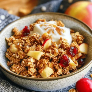 - 2 cups rolled oats - 1 cup nuts (such as walnuts or pecans), roughly chopped - 1/2 cup unsweetened coconut flakes - 1/2 cup pure maple syrup - 1/4 cup coconut oil, melted - 1 teaspoon ground cinnamon - 1/2 teaspoon vanilla extract - 1/2 teaspoon sea salt - 1 cup dried apples, diced - 1/2 cup raisins or dried cranberries The base of this granola starts with rolled oats. They provide great texture and are a healthy choice. I love using walnuts or pecans for added crunch and flavor. They also bring healthy fats. Unsweetened coconut flakes add a tropical taste, making each bite special. Maple syrup sweetens the mix naturally. It pairs perfectly with the warm cinnamon. Coconut oil adds richness and helps the granola bake to a golden color. I always use pure vanilla extract for depth of flavor, while sea salt balances the sweetness. Dried apples give a fun chewiness, while raisins or dried cranberries add a burst of sweetness. This mix of flavors and textures creates a delicious granola. You can find the full recipe to make it at home. - Best brands for rolled oats: Bob's Red Mill, Quaker - Quality nuts selection: Diamond, Planters - Preferred coconut flakes: Sweetened Coconut, Let’s Do Organic Choosing the right brands can make a big difference. Bob's Red Mill and Quaker offer top-quality oats. For nuts, I trust Diamond and Planters for their freshness. When it comes to coconut flakes, I recommend Let’s Do Organic. They provide the best flavor and texture. - Gluten-free options: Look for certified gluten-free oats - Nut alternatives for allergies: Use sunflower seeds or pumpkin seeds If you need gluten-free options, be sure to pick certified gluten-free oats. They taste great and keep the recipe safe for those with gluten issues. For nut allergies, sunflower or pumpkin seeds work well as substitutes. They still provide crunch and nutrition without the risk. - Preheat the oven to 300°F (150°C). - Prepare a baking sheet with parchment paper. - Combine 2 cups rolled oats, 1 cup chopped nuts, and 1/2 cup coconut flakes in a large bowl. Mix well with a spatula. This blend gives the granola its crunchy base. - In a small bowl, whisk together 1/2 cup maple syrup, 1/4 cup melted coconut oil, 1 teaspoon cinnamon, 1/2 teaspoon vanilla, and 1/2 teaspoon sea salt. This mixture adds sweetness and flavor. - Pour the wet mixture over the dry ingredients. Stir until everything is coated. - Spread the mixture on the baking sheet. Flatten it out with a spatula. - Bake in the oven for 20-25 minutes. Stir halfway through for even baking. - When golden and fragrant, take it out and let it cool. This cooling time makes it crispy. - Once cooled, add 1 cup diced dried apples and 1/2 cup raisins or cranberries. Stir gently. You can find the detailed recipe [Full Recipe]. To get your granola nice and crunchy, follow these tips: - Baking time recommendations: Bake your granola for 20 to 25 minutes. Keep an eye on it. You want it golden, not burnt. - Stirring method during baking: Stir the mixture halfway through baking. This helps it bake evenly and avoids clumping. You can boost the flavor of your granola with simple changes: - Additional spices to consider: Try adding nutmeg or ginger for a warm taste. A pinch of allspice can also add depth. - Sweetener substitutions: If you want a change, use honey or agave syrup instead of maple syrup. Each will give a different flavor. This granola is great on its own, but pairing it adds more fun: - How to pair with yogurt and fruits: Serve granola over yogurt with fresh berries. This adds creaminess and a burst of flavor. - Ideas for smoothie bowl toppings: Use granola as a crunchy topping on smoothie bowls. It adds texture and makes your bowls more appealing. For the full recipe, check out the detailed instructions above. Enjoy your homemade Maple Cinnamon Apple Granola! {{image_4}} If you want a nut-free granola, you can easily swap out the nuts. Use seeds like pumpkin or sunflower seeds instead. They add crunch and nutrition without the nut allergy risk. You can also use extra coconut flakes for texture. Just remember, the nutty flavor will change, but it will still taste great! You can mix up the dried fruits in your granola. Try using dried cherries or apricots for a different twist. These fruits give a nice tartness that pairs well with the sweetness of maple. For a fresh kick, add some chopped apples or pears right before serving. They add juiciness and a nice crunch! Want to spice things up? Try adding a pinch of nutmeg or ginger to the mix. These spices give a warm flavor that is perfect for fall. You can also use seasonal spices, like pumpkin spice, for a festive touch during the holidays. It will make your kitchen smell amazing while it bakes! To keep your Maple Cinnamon Apple Granola fresh, use an airtight container. This helps lock in crispness. Glass jars or plastic bins work well. Store it at room temperature for the best taste. Avoid storing it in the fridge as it can make the granola soggy. When stored correctly, your granola stays fresh for about two weeks. Check for any signs of spoilage. If you see moisture or a strange smell, it’s time to toss it. Fresh granola should smell sweet and nutty. If you want to keep granola longer, freezing is a great option. Spread it on a baking sheet and freeze it for about an hour. Then, transfer it to a freezer-safe bag or container. When you want to eat it, just let it thaw at room temperature. To maintain its crunch, avoid microwaving or reheating it. For the best texture, use it within three months of freezing. Yes, you can easily make this granola vegan. Simply replace the honey with maple syrup. Also, use a plant-based oil instead of coconut oil. This keeps the flavor while making it vegan-friendly. To get those crunchy clusters, use more sweetener. Sticky ingredients like honey or maple syrup help hold the oats together. Press the granola firm on the baking sheet before baking. This creates nice chunks as it bakes. Absolutely! You can add seeds like pumpkin or sunflower seeds. They add a nice crunch and boost nutrition. Pumpkin seeds are high in protein, while sunflower seeds give healthy fats. Feel free to mix in your favorites! You can easily change the sweetness. If you want it less sweet, reduce the maple syrup. If you like it sweeter, add more maple syrup or sprinkle in some brown sugar. Adjust to fit your taste! This blog post covered how to make tasty granola, from key ingredients to storage tips. You learned the best brands for oats and nuts. I shared ways to make nut-free or vegan options. Remember, small tweaks can change the flavor completely. The right baking time gives you that perfect crunch. By following this guide, you can enjoy your granola in many ways! Now, get ready to create your own delicious batches and enjoy every bite.