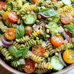 - 8 oz tri-color fusilli pasta - 1 cup fresh basil leaves, packed - 1/2 cup freshly grated Parmesan cheese - 1/3 cup pine nuts, lightly toasted - 1/2 cup extra virgin olive oil The tri-color fusilli pasta adds a fun twist to your salad. It holds onto the pesto well, making every bite tasty. Fresh basil leaves bring a bright and aromatic flavor. Grating your Parmesan cheese fresh enhances the taste. Lightly toasted pine nuts give a nice crunch. Extra virgin olive oil binds it all together. - 1 cup cherry tomatoes, halved - 1 small cucumber, diced into bite-sized pieces - 1/4 red onion, finely chopped - 1 tablespoon fresh lemon juice Cherry tomatoes are juicy and sweet, perfect for adding color. Diced cucumber adds a refreshing crunch. Red onion gives a slight bite, balancing the flavors. Lemon juice brightens the dish, making it vibrant. - 2 cloves garlic, minced - Salt and freshly ground black pepper to taste Garlic adds depth to the pesto, making it richer. Salt and black pepper enhance all the flavors. Adjust these to suit your taste. For the full recipe, check out the details on how to combine these ingredients to create a delightful Pesto Pasta Salad. Start by bringing a large pot of salted water to a boil. Use about 1 tablespoon of salt for every quart of water. This helps flavor the pasta. Add the tri-color fusilli pasta once the water boils. Cook it according to the package directions, which is usually 8 to 10 minutes. You want the pasta to be al dente, meaning it should be firm but not hard. After cooking, drain the pasta in a colander. Rinse it under cold water to stop the cooking process. This keeps the pasta from getting mushy. Set it aside to cool completely. Now, let’s make the pesto sauce! In a food processor, combine the fresh basil leaves, grated Parmesan cheese, toasted pine nuts, and minced garlic. Add a pinch of salt and black pepper for flavor. Pulse the mixture until it is finely chopped. While the food processor runs, slowly drizzle in the extra virgin olive oil. Keep blending until the pesto becomes smooth and creamy. Taste it, and adjust the seasoning as needed. You may want to add a little more salt or garlic. In a large mixing bowl, combine the cooled pasta with halved cherry tomatoes, diced cucumber, and finely chopped red onion. These fresh ingredients add color and crunch to the salad. Next, pour in the freshly made pesto and lemon juice. Gently toss everything together using a spatula or tongs. Make sure the pasta and veggies are well-coated in the pesto. This step is key for flavor. Now it’s time to taste the pasta salad. Sample a small spoonful and see if it needs more seasoning. You can add more salt, freshly ground black pepper, or a splash of lemon juice to brighten the flavors. Once you’re happy with it, cover the bowl with plastic wrap or a lid. Chill the pasta salad in the fridge for at least 30 minutes. Chilling lets the flavors meld beautifully, making every bite delicious. For the full recipe, check out the details above. Enjoy your tasty creation! To cook pasta perfectly, start with plenty of water. Use a large pot and add a generous amount of salt. This helps flavor the pasta as it cooks. Bring the water to a rolling boil. Add the tri-color fusilli and stir it well. Cook it for 8 to 10 minutes. Check for al dente texture by tasting a piece. It should be firm but not hard. After cooking, drain the pasta in a colander. Rinse it under cold running water. This stops the cooking process and cools the pasta down. Let it sit until it is completely cool. Pine nuts are traditional in pesto, but you can swap them out. Try walnuts or sunflower seeds for a different taste. These options add unique flavors and can change the texture. You can also play with herbs. Mix basil with parsley or mint to make it your own. Adding different cheeses can also change the flavor. Try feta or goat cheese for a twist. These small changes can create a whole new dish. When serving, use a large, colorful bowl. It draws attention to your dish. For extra flair, sprinkle toasted pine nuts on top. A dusting of freshly grated Parmesan adds a nice touch. Whole basil leaves can add a pop of green. You can also serve it in individual cups for a fun twist. This makes it easy for guests to grab a portion. The bright colors of the salad will catch everyone’s eye. Enjoy making your plate look as good as it tastes! {{image_4}} You can easily make your pesto pasta salad more colorful and nutritious. Adding extra veggies is simple and fun. Consider bell peppers, broccoli, or spinach. These add crunch and flavor. Suggestions for protein sources: - Chickpeas: They add protein and texture. - Tofu: This can soak up all the great flavors. - Edamame: These are tasty and bright. Using seasonal ingredients can make your salad shine. In summer, add fresh zucchini or corn. These ingredients taste best when they are in season. In winter, consider roasted root veggies like carrots or sweet potatoes. They bring warmth and heartiness to your dish. Finding gluten-free options is easy. Many brands offer gluten-free pasta that tastes great. You can enjoy your salad without worry. If you want a vegan option, swap the cheese with nutritional yeast. For pesto, use a vegan pesto recipe or make your own with basil, nuts, and olive oil. For the full recipe, check out the detailed instructions. To keep your pesto pasta salad fresh, use airtight containers. Glass or plastic containers work well. Make sure to seal them tightly. This helps keep out air and moisture. In the fridge, the salad stays good for about three days. After that, it may lose flavor and texture. Can you freeze pesto pasta salad? Yes, but it may change the texture. Freezing can make the pasta mushy once thawed. If you decide to freeze it, use a freezer-safe container. Make sure to leave some space at the top. This allows for expansion as it freezes. To reheat your pesto pasta salad, use the microwave or stovetop. If using a microwave, warm it in short bursts. Stir after each burst to heat evenly. For stovetop, add a splash of water and heat on low. This helps keep the pasta moist. Always taste before serving to ensure it has the right flavor. Pesto pasta salad lasts about 3 to 5 days in the fridge. Store it in a tight container. This keeps the flavors fresh and the pasta firm. If you see any signs of spoilage, it’s best to throw it away. Yes, you can make pesto pasta salad ahead of time. It’s a great option for meal prep. Prepare it up to a day before serving. Just remember to refrigerate it. This helps the flavors blend nicely. Tri-color fusilli is a favorite for pesto pasta salad. It holds the sauce well. You can also use penne or rotini. They add fun shapes and textures. You can use store-bought pesto if you’re short on time. It saves you prep time and is convenient. However, homemade pesto tastes fresher and can be more flavorful. If you choose store-bought, look for one with simple ingredients. Pesto pasta salad can be healthy. It has fresh vegetables like tomatoes and cucumbers. The pasta gives energy, while basil and olive oil add healthy fats. Just watch your portion sizes, especially with cheese and nuts. Pesto pasta salad is great for many occasions. Serve it at picnics, barbecues, or family dinners. You can present it in a big bowl or individual cups. For a special touch, add more pine nuts or basil on top. Enjoy it cold or at room temperature. For the full recipe, check out the Pesto Pasta Salad Delight! Pesto pasta salad is easy to make and full of flavor. We explored the main ingredients, cooking steps, and tips for the best results. You can add fresh veggies or try different herbs for variety. Storing leftovers safely keeps this dish tasty for days. Take these ideas and make this salad your own. Enjoy it for any meal and impress your friends. It’s a simple dish with endless possibilities. Get cooking and savor every bite!