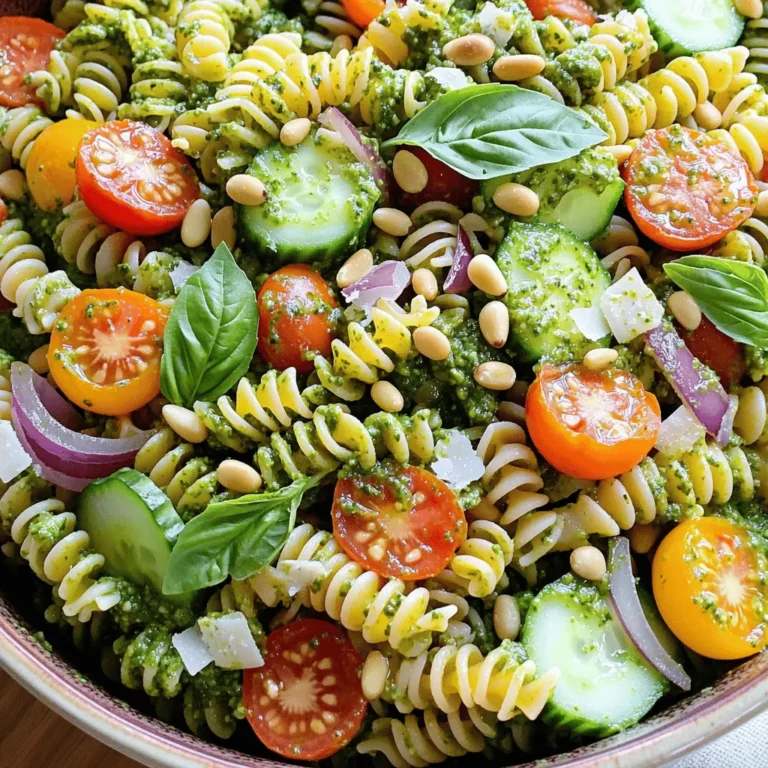 - 8 oz tri-color fusilli pasta - 1 cup fresh basil leaves, packed - 1/2 cup freshly grated Parmesan cheese - 1/3 cup pine nuts, lightly toasted - 1/2 cup extra virgin olive oil The tri-color fusilli pasta adds a fun twist to your salad. It holds onto the pesto well, making every bite tasty. Fresh basil leaves bring a bright and aromatic flavor. Grating your Parmesan cheese fresh enhances the taste. Lightly toasted pine nuts give a nice crunch. Extra virgin olive oil binds it all together. - 1 cup cherry tomatoes, halved - 1 small cucumber, diced into bite-sized pieces - 1/4 red onion, finely chopped - 1 tablespoon fresh lemon juice Cherry tomatoes are juicy and sweet, perfect for adding color. Diced cucumber adds a refreshing crunch. Red onion gives a slight bite, balancing the flavors. Lemon juice brightens the dish, making it vibrant. - 2 cloves garlic, minced - Salt and freshly ground black pepper to taste Garlic adds depth to the pesto, making it richer. Salt and black pepper enhance all the flavors. Adjust these to suit your taste. For the full recipe, check out the details on how to combine these ingredients to create a delightful Pesto Pasta Salad. Start by bringing a large pot of salted water to a boil. Use about 1 tablespoon of salt for every quart of water. This helps flavor the pasta. Add the tri-color fusilli pasta once the water boils. Cook it according to the package directions, which is usually 8 to 10 minutes. You want the pasta to be al dente, meaning it should be firm but not hard. After cooking, drain the pasta in a colander. Rinse it under cold water to stop the cooking process. This keeps the pasta from getting mushy. Set it aside to cool completely. Now, let’s make the pesto sauce! In a food processor, combine the fresh basil leaves, grated Parmesan cheese, toasted pine nuts, and minced garlic. Add a pinch of salt and black pepper for flavor. Pulse the mixture until it is finely chopped. While the food processor runs, slowly drizzle in the extra virgin olive oil. Keep blending until the pesto becomes smooth and creamy. Taste it, and adjust the seasoning as needed. You may want to add a little more salt or garlic. In a large mixing bowl, combine the cooled pasta with halved cherry tomatoes, diced cucumber, and finely chopped red onion. These fresh ingredients add color and crunch to the salad. Next, pour in the freshly made pesto and lemon juice. Gently toss everything together using a spatula or tongs. Make sure the pasta and veggies are well-coated in the pesto. This step is key for flavor. Now it’s time to taste the pasta salad. Sample a small spoonful and see if it needs more seasoning. You can add more salt, freshly ground black pepper, or a splash of lemon juice to brighten the flavors. Once you’re happy with it, cover the bowl with plastic wrap or a lid. Chill the pasta salad in the fridge for at least 30 minutes. Chilling lets the flavors meld beautifully, making every bite delicious. For the full recipe, check out the details above. Enjoy your tasty creation! To cook pasta perfectly, start with plenty of water. Use a large pot and add a generous amount of salt. This helps flavor the pasta as it cooks. Bring the water to a rolling boil. Add the tri-color fusilli and stir it well. Cook it for 8 to 10 minutes. Check for al dente texture by tasting a piece. It should be firm but not hard. After cooking, drain the pasta in a colander. Rinse it under cold running water. This stops the cooking process and cools the pasta down. Let it sit until it is completely cool. Pine nuts are traditional in pesto, but you can swap them out. Try walnuts or sunflower seeds for a different taste. These options add unique flavors and can change the texture. You can also play with herbs. Mix basil with parsley or mint to make it your own. Adding different cheeses can also change the flavor. Try feta or goat cheese for a twist. These small changes can create a whole new dish. When serving, use a large, colorful bowl. It draws attention to your dish. For extra flair, sprinkle toasted pine nuts on top. A dusting of freshly grated Parmesan adds a nice touch. Whole basil leaves can add a pop of green. You can also serve it in individual cups for a fun twist. This makes it easy for guests to grab a portion. The bright colors of the salad will catch everyone’s eye. Enjoy making your plate look as good as it tastes! {{image_4}} You can easily make your pesto pasta salad more colorful and nutritious. Adding extra veggies is simple and fun. Consider bell peppers, broccoli, or spinach. These add crunch and flavor. Suggestions for protein sources: - Chickpeas: They add protein and texture. - Tofu: This can soak up all the great flavors. - Edamame: These are tasty and bright. Using seasonal ingredients can make your salad shine. In summer, add fresh zucchini or corn. These ingredients taste best when they are in season. In winter, consider roasted root veggies like carrots or sweet potatoes. They bring warmth and heartiness to your dish. Finding gluten-free options is easy. Many brands offer gluten-free pasta that tastes great. You can enjoy your salad without worry. If you want a vegan option, swap the cheese with nutritional yeast. For pesto, use a vegan pesto recipe or make your own with basil, nuts, and olive oil. For the full recipe, check out the detailed instructions. To keep your pesto pasta salad fresh, use airtight containers. Glass or plastic containers work well. Make sure to seal them tightly. This helps keep out air and moisture. In the fridge, the salad stays good for about three days. After that, it may lose flavor and texture. Can you freeze pesto pasta salad? Yes, but it may change the texture. Freezing can make the pasta mushy once thawed. If you decide to freeze it, use a freezer-safe container. Make sure to leave some space at the top. This allows for expansion as it freezes. To reheat your pesto pasta salad, use the microwave or stovetop. If using a microwave, warm it in short bursts. Stir after each burst to heat evenly. For stovetop, add a splash of water and heat on low. This helps keep the pasta moist. Always taste before serving to ensure it has the right flavor. Pesto pasta salad lasts about 3 to 5 days in the fridge. Store it in a tight container. This keeps the flavors fresh and the pasta firm. If you see any signs of spoilage, it’s best to throw it away. Yes, you can make pesto pasta salad ahead of time. It’s a great option for meal prep. Prepare it up to a day before serving. Just remember to refrigerate it. This helps the flavors blend nicely. Tri-color fusilli is a favorite for pesto pasta salad. It holds the sauce well. You can also use penne or rotini. They add fun shapes and textures. You can use store-bought pesto if you’re short on time. It saves you prep time and is convenient. However, homemade pesto tastes fresher and can be more flavorful. If you choose store-bought, look for one with simple ingredients. Pesto pasta salad can be healthy. It has fresh vegetables like tomatoes and cucumbers. The pasta gives energy, while basil and olive oil add healthy fats. Just watch your portion sizes, especially with cheese and nuts. Pesto pasta salad is great for many occasions. Serve it at picnics, barbecues, or family dinners. You can present it in a big bowl or individual cups. For a special touch, add more pine nuts or basil on top. Enjoy it cold or at room temperature. For the full recipe, check out the Pesto Pasta Salad Delight! Pesto pasta salad is easy to make and full of flavor. We explored the main ingredients, cooking steps, and tips for the best results. You can add fresh veggies or try different herbs for variety. Storing leftovers safely keeps this dish tasty for days. Take these ideas and make this salad your own. Enjoy it for any meal and impress your friends. It’s a simple dish with endless possibilities. Get cooking and savor every bite!