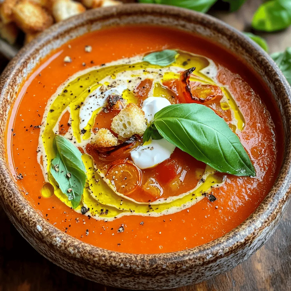 - 2 pounds ripe tomatoes - 1 medium onion - 4 cloves garlic - 2 tablespoons olive oil - 1 teaspoon dried basil - 1 teaspoon dried oregano - Salt and freshly cracked pepper - 2 cups vegetable broth - 1 tablespoon balsamic vinegar - Fresh basil leaves, for garnish - Crème fraîche or yogurt, for serving (optional) Gathering the right ingredients makes cooking this soup easy and fun. Start with ripe tomatoes. They bring the best flavor to the soup. The onion adds sweetness, and garlic gives a nice kick. Olive oil helps to roast the veggies perfectly. Next, herbs and seasonings are key. Dried basil and oregano enhance the taste. Don’t forget salt and pepper. They make everything pop. For the broth, vegetable broth is my go-to. It adds depth without overpowering the tomatoes. Balsamic vinegar gives a subtle tang. Finally, fresh basil leaves add a burst of color and flavor on top. You can also add a dollop of crème fraîche or yogurt if you want a creamy touch. This combination of fresh and simple ingredients makes a delightful soup. If you want more details, check out the Full Recipe. - Preheat the oven to 400°F (200°C). - Arrange tomatoes, onion, and garlic on a baking sheet. To start, you need to set your oven to 400°F (200°C). This heat will help the vegetables roast perfectly. Next, take your ripe tomatoes, cut them in half, and place them on the baking sheet. Quarter the onion and add it along with the peeled garlic cloves. Make sure they are spread out for even cooking. - Drizzle with olive oil and season. - Roast for 30-35 minutes until caramelized. Now, drizzle two tablespoons of olive oil over the veggies. Season them with salt, pepper, dried basil, and oregano. Toss them gently to coat. Place the baking sheet in the oven and roast for about 30 to 35 minutes. You want the tomatoes to become sweet and slightly charred. This caramelization brings out their full flavor. - Cool and combine roasted vegetables in a pot. - Add vegetable broth and balsamic vinegar. - Blend until smooth using an immersion blender. After roasting, take the baking sheet out and let it cool for a few minutes. Then, carefully transfer all the veggies into a large pot. Pour in two cups of vegetable broth and a tablespoon of balsamic vinegar for a touch of sweetness. Use an immersion blender to blend everything until smooth. If you don’t have one, you can use a countertop blender. Just be careful and blend in batches. - Warm the blended soup on the stove. - Season to taste with salt and pepper. Next, place the blended soup on medium heat. Warm it for about 5 to 10 minutes. This step allows all the flavors to come together. Taste your soup and add more salt and pepper if you need. - Ladle soup into bowls and garnish. - Optionally, add crème fraîche or yogurt. Now it’s time to serve! Ladle the hot soup into bowls. You can garnish with fresh basil leaves for color. If you want a creamier finish, add a swirl of crème fraîche or yogurt on top. This soup will surely warm your heart. For the full recipe, check out the instructions above. To get the best caramelization, use ripe tomatoes. Their sweetness shines through when roasted. Cut them in half to expose more surface area. This helps them caramelize better. Cut your onion into large pieces. This way, it cooks evenly with the tomatoes. Keep the garlic whole, as it will become soft and sweet. I prefer using an immersion blender for ease. It lets you blend directly in the pot. If you use a countertop blender, do it in small batches. This avoids spills and mess. Blend until the soup is smooth, but not too thin. You want it to be creamy, not watery. For a lovely presentation, use rustic bowls. Drizzle a bit of olive oil on top for shine. Add some crispy croutons for texture. Serve with warm, crusty bread on the side. This makes your meal even more comforting. If you want, garnish with fresh basil leaves. A swirl of crème fraîche or yogurt adds creaminess too. For the full recipe, check out the Sunny Roasted Tomato Soup section. {{image_4}} You can easily change the taste of your roasted tomato soup. Add red pepper flakes for heat. A pinch of cumin also adds warmth. If you enjoy fresh herbs, try using basil or cilantro instead of dried. Fresh herbs brighten the soup and make it taste garden-fresh. Many people have different diets. This soup is naturally vegan and gluten-free. For a creamier option, use coconut milk or cashew cream. This way, you can cater to various dietary needs without losing flavor. Pairing your soup with the right bread is key. A crusty baguette or garlic bread works well. You can also add toppings for extra flavor. Try croutons, grated cheese, or fresh herbs. These additions make your soup even more enjoyable. For the full recipe, check out the Sunny Roasted Tomato Soup. To keep your soup fresh, let it cool first. Place the soup in a container. Choose a good airtight container. Glass or plastic containers work well. You can store it in the fridge for up to three days. Always label your container with the date. This helps you know when to eat it. To freeze easy roasted tomato soup, use freezer-safe containers. Fill them up, leaving some space at the top. This allows the soup to expand when frozen. You can keep it in the freezer for up to three months. When it’s time to eat, take it out of the freezer. Place it in the fridge overnight to thaw. If you need it fast, you can use the microwave. Reheat the soup on low heat, stirring often. Make sure it warms evenly. Enjoy your delicious soup again! Yes, you can use canned tomatoes. They save time and are easy to find. However, fresh tomatoes give a brighter flavor and better texture. Canned tomatoes often have added salt and preservatives. This can change the taste. If you use canned, choose whole or crushed tomatoes without added flavors for the best results. To add heat, try these tips: - Add a pinch of red pepper flakes when roasting. - Stir in a diced jalapeño with the roasted veggies. - Use spicy vegetable broth for more depth. - Top with a drizzle of hot sauce before serving. These steps will give your soup a nice kick. If you don't have vegetable broth, here are some great options: - Use chicken broth for more flavor. - Make your own broth from scraps of veggies. - Water with seasoning can work in a pinch. - Try mushroom broth for an earthy taste. Each option will change the flavor slightly, so choose what fits your taste best. This blog post covered how to make easy roasted tomato soup. We reviewed the key ingredients, detailed the steps for preparation, and shared tips for perfecting the dish. You also learned about variations and storage methods to keep your soup fresh. Now it’s time to make your own version. Enjoy the process and feel free to customize! This soup can warm your heart and delight your taste buds. Happy cooking!