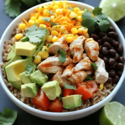 To make these tasty chicken burrito bowls, gather these items: - 2 cups cooked brown rice - 1 pound boneless, skinless chicken breasts, diced - 1 tablespoon olive oil - 1 teaspoon ground cumin - 1 teaspoon smoked paprika - 1 teaspoon garlic powder - 1/2 teaspoon chili powder (adjust to taste) - Salt and black pepper to taste - 1 can (15 oz) black beans, well rinsed and drained - 1 cup corn kernels (fresh or frozen) - 1 cup diced tomatoes (fresh or canned, drained) - 1 ripe avocado, diced - 1 cup shredded cheese (cheddar or Mexican blend) - 1/4 cup fresh cilantro, chopped - Lime wedges for serving You can make your burrito bowls even better by adding: - Sliced jalapeños for heat - Sour cream for creaminess - Salsa for extra flavor - Chopped green onions for crunch - Different cheese types, like pepper jack If you want to swap some ingredients, here are a few ideas: - Use quinoa instead of brown rice for a nutty taste. - Swap chicken for tofu or grilled veggies for a vegetarian option. - Try pinto beans or kidney beans in place of black beans. - Use fresh lime juice instead of lime wedges for a stronger flavor. - If you don't have cilantro, parsley works as a good substitute. These choices let you mix and match to fit your taste. With the full recipe, you can create a flavorful weeknight meal that fits your needs. Start by heating olive oil in a large skillet over medium heat. You want it to shimmer. Next, add the diced chicken. Sprinkle in ground cumin, smoked paprika, garlic powder, chili powder, salt, and black pepper. Stir these together well. Cook the chicken for 5 to 7 minutes. Keep stirring until it turns golden brown and is fully cooked. Make sure there is no pink left inside. Once done, remove the skillet from heat and set it aside. Grab four serving bowls. Place cooked brown rice at the bottom of each bowl. This rice will serve as a cozy base. Now, take the cooked chicken and divide it evenly among the bowls. Add black beans, corn, diced tomatoes, and avocado on top of the rice. Layer these ingredients to create a colorful feast. Finish by generously sprinkling shredded cheese and chopped cilantro over each bowl. To make your bowls pop, arrange the ingredients so each layer shows clearly. This makes the dish look vibrant and appealing. Add lime wedges on the side. This way, everyone can squeeze some lime juice over their bowl for a zesty kick. This final touch brings all the flavors together beautifully. Enjoy this simple yet flavorful weeknight meal with family or friends. For the full recipe, check out the details above. To cook chicken just right, start with small pieces. They cook faster and evenly. Use medium heat when cooking in a skillet. This helps the chicken brown nicely without burning. Stir often to avoid sticking. Cook until the chicken is golden and no pink remains. This takes about 5 to 7 minutes. Add depth to your burrito bowls with spices. Ground cumin and smoked paprika bring warmth. A pinch of chili powder adds a kick, but adjust to your taste. Fresh lime juice brightens the flavors. Don’t forget to garnish with fresh cilantro. It adds a fresh touch and looks pretty too. Save time by prepping ingredients ahead. Chop your veggies and cook rice in advance. Use canned beans and frozen corn for quick assembly. You can even cook the chicken in larger batches. Store extra for later meals. This way, you’ll have a delicious dinner ready in no time. For more detailed steps and flavors, check the Full Recipe. {{image_4}} If you want a meatless meal, use tofu or grilled veggies. Tofu absorbs flavors well. Just marinate it in spices like cumin and paprika. Cook it until golden. You can also grill vegetables like bell peppers and zucchini for a tasty twist. These options keep your meal light and healthy. Switch up your grain base for variety. Quinoa adds protein and a nutty taste. Cauliflower rice is a low-carb choice. You can also use brown rice or even farro for a hearty bite. Each grain brings a unique flavor and texture to your bowl. Toppings make your burrito bowl even better. Add fresh salsa for a zesty kick. Creamy sour cream balances the spices. If you like heat, slice up jalapeños. You can also sprinkle on extra cheese or fresh herbs. These small touches make a big difference in flavor. For the complete recipe, check out the full recipe. Enjoy experimenting with these variations! To keep your chicken burrito bowls fresh, place leftovers in airtight containers. Make sure to separate the rice, chicken, and toppings. This helps keep everything from getting soggy. Store them in the fridge for up to three days. When you want to enjoy them again, just grab the containers. To reheat your burrito bowls, use the microwave for quick results. Place the rice and chicken in a bowl, cover it with a damp paper towel, and heat for one to two minutes. Stir halfway through for even heat. You can also use the stovetop. Just add a bit of water to a skillet and heat over low heat, stirring until warm. You can freeze chicken burrito bowls for later. Let the bowls cool completely first. Then, place them in freezer-safe containers. They can last up to three months in the freezer. To eat, thaw them in the fridge overnight. Reheat as mentioned before, and enjoy your meal with ease later on! For the full recipe, check out the earlier sections. The best way to make chicken burrito bowls is to start with a solid base. Cook the brown rice first. Then, heat olive oil in a skillet. Add diced chicken and season with spices. This mix adds flavor. Cook until the chicken is golden and fully done. Next, layer the cooked chicken, black beans, corn, diced tomatoes, and avocado over the rice. Finish with cheese and cilantro. Squeeze lime juice for a fresh kick. This method keeps your meal fresh and vibrant. Yes, you can make this recipe ahead of time. Cook the chicken and rice in advance. Store each ingredient separately in the fridge. This keeps everything fresh. You can also prep the toppings, like diced tomatoes and avocado. Just wait to add the avocado until you serve. This way, it stays green and tasty. When you're ready to eat, simply assemble your bowls. This makes dinner quick and easy after a long day. Burrito bowls go well with many side dishes. A fresh green salad is a great choice. It adds a nice crunch. You can also serve tortilla chips with salsa or guacamole. These add extra flavor. Another option is grilled corn on the cob. It brings a sweet and smoky taste. If you like soup, try a light tortilla soup. Each side dish complements the flavors in your burrito bowl. Enjoy mixing and matching! In this post, I shared the best chicken burrito bowls. We explored ingredients, cooking steps, and useful tips to make them tasty. I also covered variations and how to store leftovers. You can easily customize your bowls with different proteins or grains. This recipe is fun and allows for your creativity. Try it out this week. You’ll enjoy bold flavors and simple prep. Now, go make your perfect burrito bowl!