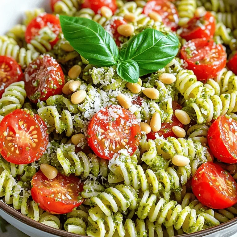 To make a delicious Pesto Pasta Salad, you'll need these main ingredients: - 2 cups cherry tomatoes, halved - 1 cup cooked fusilli pasta (or any pasta variety that you prefer) - 1 cup fresh basil leaves, tightly packed - 1/2 cup pine nuts, lightly toasted for added flavor - 1/2 cup grated Parmesan cheese, plus extra for garnish - 1/4 cup high-quality extra-virgin olive oil - 2 tablespoons freshly squeezed lemon juice - 1 garlic clove, minced finely - Salt and freshly cracked black pepper to taste These ingredients give the salad its vibrant taste. The basil and lemon juice work together to create a fresh flavor. The pine nuts add a nice crunch, while the cheese gives it richness. You can customize your Pesto Pasta Salad with these extra ingredients: - Fresh mozzarella balls for creaminess - Grilled chicken or shrimp for protein - Roasted red peppers for a sweet touch - Spinach or arugula for added greens For dietary needs, you can replace the pasta with gluten-free options. If you want a vegan version, skip the cheese and use nutritional yeast instead. These choices let you enjoy the salad in many ways while keeping it tasty and fun! First, cook the fusilli pasta. Follow the package directions carefully. I prefer to cook it until it is al dente, or firm to the bite. Once cooked, drain the pasta in a colander. Rinse it well under cold water. This step is key. Rinsing stops the cooking and cools it down quickly. Set the pasta aside to cool completely. While the pasta cools, let’s make the pesto. Grab a food processor for this task. Add the fresh basil leaves, lightly toasted pine nuts, grated Parmesan cheese, minced garlic, and lemon juice. Sprinkle in a small pinch of salt and pepper too. With the food processor running, slowly pour in the extra-virgin olive oil. Blend until the mix is smooth and creamy. Taste it! Adjust the seasoning. Add more salt or pepper if you want. In a large bowl, combine the cooled pasta and halved cherry tomatoes. Make sure the tomatoes spread evenly throughout the pasta. Next, drizzle the freshly made pesto over the pasta and tomatoes. Use two large spoons or tongs to toss everything gently. You want the pasta to be well-coated with the pesto. If you want a creamy touch, fold in fresh mozzarella balls carefully. Let the salad sit at room temperature for at least 15 minutes. This resting time helps the flavors blend together. To make the best pesto, use fresh, bright basil. Look for basil that smells strong and sweet. Avoid leaves that are wilted or brown. When choosing pine nuts, go for lightly toasted ones. They add a nutty crunch and deep flavor. You can toast them in a pan for just a few minutes. This step makes a big difference in taste. For a pretty presentation, serve the salad in a large, colorful bowl. Top it with extra grated Parmesan cheese and whole basil leaves. This makes it look special. Pair the salad with grilled chicken or shrimp for a complete meal. It also goes well with crusty bread or a light soup. You can prep some parts ahead of time. Cook the pasta and store it in the fridge. You can also make the pesto a day before. Just keep it in an airtight container. To keep the salad fresh, add the tomatoes right before serving. This way, they stay juicy and bright. {{image_4}} To make this dish vegetarian-friendly, swap out any meat for veggies. You can add chickpeas or lentils for plant-based protein. These options give you a hearty texture and extra nutrients. Try adding roasted red peppers or artichoke hearts for a burst of flavor. Fresh greens, like spinach or arugula, also work well. For a protein boost, consider adding grilled chicken, shrimp, or even beans. Chicken pairs well with the fresh flavors of pesto. Shrimp adds a nice touch of sweetness. If you prefer plant-based options, black beans or white beans can add creaminess and protein. Just remember to season your proteins well to enhance the dish’s overall flavor. When it's summer, use fresh zucchini or bell peppers. In the fall, roasted butternut squash is a great choice. Seasonal veggies add color and taste. For a refreshing twist, add peas in spring. Each season brings unique flavors that can change the dish beautifully. Adjust the pesto by adding herbs like dill or parsley to match the season. To keep your Pesto Pasta Salad fresh, store it properly. Use an airtight container. This helps keep the salad moist and flavorful. Glass or plastic containers work well. Avoid using metal, as it can react with the ingredients. Layer the salad carefully to prevent squishing. When stored in the fridge, the salad lasts about three days. After that, the flavors may fade. Check for signs of spoilage. If the salad smells off or looks slimy, it’s best to throw it away. Freshness is key for enjoying your Pesto Pasta Salad. I recommend serving this salad cold. It tastes best that way. If you prefer it warm, reheat gently. Use a microwave on low power to avoid overcooking. Stir it often to keep the texture nice. Adding a bit more pesto can help revive the flavor. The best pasta for pesto pasta salad is one that holds its shape well. I recommend using fusilli, rotini, or penne. These shapes trap the pesto sauce nicely, making each bite flavorful. You can also use whole wheat or gluten-free pasta if you prefer. Just make sure to cook it al dente for the best texture. Yes, you can make this recipe ahead of time! I suggest preparing it a few hours before serving. You can also make it the night before. Just store it in the fridge in a sealed container. This allows the flavors to blend, making the salad even tastier. If you make it too early, add a little extra pesto before serving to keep it fresh. You can easily adjust this recipe for different diets. For gluten-free options, use gluten-free pasta. If you are vegan, swap the Parmesan cheese for nutritional yeast. For a low-carb version, try using zucchini noodles or cauliflower rice instead of pasta. These adjustments will keep the dish delicious and satisfying for everyone. For the full recipe, check out Pesto Pasta Salad Delight 🥗. Pesto Pasta Salad is easy and full of flavor. You need fresh ingredients and a few simple steps. Start by cooking pasta and making your pesto. Then mix everything together for a delicious dish. You can add proteins or veggies based on your taste. Store leftovers properly for the best freshness. Enjoy experimenting with different flavors and variations. This dish fits any meal and pleases everyone. Now, it’s time for you to try making your own Pesto Pasta Salad!