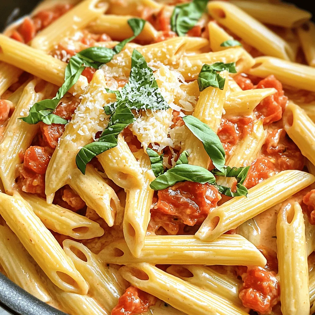 To make One Pot Creamy Tomato Basil Pasta, gather these simple items: - 12 oz (340 g) pasta (penne or fusilli work perfectly) - 2 tablespoons olive oil - 1 small onion, finely chopped - 3 garlic cloves, minced - 1 can (14 oz) crushed tomatoes - 3 cups vegetable broth - 1 cup heavy cream or coconut cream for a dairy-free alternative - 1 teaspoon dried oregano - 1 teaspoon sugar - Salt and pepper, to taste - 1 cup fresh basil leaves, chopped - ½ cup grated Parmesan cheese (optional, or nutritional yeast for a vegan substitute) These ingredients combine to create a rich and creamy pasta dish that everyone will love. You can swap out some items too. For a gluten-free version, use gluten-free pasta. If you want a lighter dish, replace heavy cream with coconut cream. Here are some helpful conversions for international readers: - 1 cup = 240 ml - 1 tablespoon = 15 ml - 12 oz (340 g) pasta = about 2.5 cups dry pasta For those who prefer visual aids, a standard measuring cup holds about 8 fluid ounces. This helps you see how much you need for liquids like vegetable broth or cream. For dry items, a kitchen scale can help ensure you get the right amount of pasta. Before you start cooking, gather your ingredients. This makes everything easier. Here’s what you need to do: - Chop: - 1 small onion, finely - 3 garlic cloves, minced - 1 cup fresh basil, chopped - Measure: - 12 oz pasta (penne or fusilli) - 2 tablespoons olive oil - 1 can crushed tomatoes (14 oz) - 3 cups vegetable broth - 1 cup heavy cream or coconut cream - 1 teaspoon dried oregano - 1 teaspoon sugar - Salt and pepper to taste - ½ cup grated Parmesan cheese (optional) For this recipe, you’ll need a large pot. A sturdy wooden spoon works well for stirring. Now, let’s cook the One Pot Creamy Tomato Basil Pasta! 1. In your large pot, warm the olive oil over medium heat. Once hot, add the chopped onion. Sauté for about 3-4 minutes until it’s soft and clear. 2. Next, add the minced garlic. Cook for one more minute. You want to smell that great aroma. 3. Now, pour in the crushed tomatoes, vegetable broth, dried oregano, sugar, salt, and pepper. Stir it all together and bring it to a gentle boil. 4. Carefully add the pasta. Make sure it’s submerged in the liquid. Stir well. Cover the pot and let it simmer for 10-12 minutes. Stir occasionally to stop the pasta from sticking. You want it to be al dente, with some liquid left. 5. Once the pasta is cooked, lower the heat to a gentle simmer. Add the heavy cream (or coconut cream) and stir until the sauce is creamy. 6. Toss in the chopped basil and grated Parmesan cheese if you’re using it. Mix it all together until heated through. 7. Taste your dish! Adjust the salt and pepper if needed. 8. Serve hot! Garnish with extra basil and cheese for a lovely finish. This dish takes about 25 minutes in total, and it serves four people. Enjoy the creamy goodness! To boost the flavor of your One Pot Creamy Tomato Basil Pasta, consider adding a pinch of red pepper flakes. This spice adds a subtle heat that brightens the dish. Fresh herbs, like parsley or thyme, also enhance the taste. You can mix these in at the end for a fresh burst. If you want a creamier sauce, try using more heavy cream or coconut cream. You can also add a little pasta water to adjust the sauce's thickness. This water adds starch, which helps the sauce cling to the pasta better. To reduce cooking time, use a high heat when boiling the broth and tomatoes. Once it’s boiling, add the pasta right away. This keeps the cooking time short but effective. When stirring, use a wooden spoon. It prevents the pasta from sticking and helps mix the sauce evenly. Be sure to stir often, especially in the last few minutes. This keeps the pasta from clumping together and ensures every bite is creamy and delicious. For the best results, follow the Full Recipe. This will guide you through each step with ease, ensuring a delightful meal every time. {{image_4}} You can easily make this dish fit your diet. For a vegan option, swap the heavy cream with coconut cream. Use nutritional yeast instead of Parmesan for a cheesy flavor without dairy. If gluten is a concern, choose gluten-free pasta like brown rice penne or chickpea pasta. Here are some quick swaps: - Heavy Cream: Use coconut cream or cashew cream. - Parmesan Cheese: Try nutritional yeast or a vegan cheese. - Pasta: Use gluten-free pasta or zucchini noodles. Add your favorite proteins to this dish for a hearty meal. Cooked chicken or shrimp mix well with the creamy sauce. Just add them in when you stir in the cream. You can also play with flavors by adding different veggies. Spinach, bell peppers, or mushrooms add color and nutrition. If you want a spicy kick, mix in some crushed red pepper flakes or a splash of hot sauce. Feel free to experiment with sauces too. A pesto swirl or sun-dried tomato paste can change the whole vibe of this dish. Each variation can make your meal unique and exciting! For the full recipe, check out [Full Recipe]. After cooking One Pot Creamy Tomato Basil Pasta, let it cool down. Place it in an airtight container. This helps keep flavors fresh. You can store it in the fridge for up to three days. Make sure to keep it away from strong-smelling foods. This keeps your pasta tasting great. For best results, use glass or plastic containers with tight-fitting lids. These containers help maintain moisture and flavor. Avoid using metal containers, as they can react with the food. To reheat One Pot Creamy Tomato Basil Pasta, use a pot or microwave. If using a pot, add a splash of water or broth. This helps bring back the creaminess. Heat on low, stirring often. This prevents sticking and burning. If using a microwave, place the pasta in a microwave-safe bowl. Add a bit of water or broth to keep it moist. Heat in short bursts, stirring in between. This ensures even heating and keeps your pasta creamy. Avoid overheating, as it can dry out the sauce. Can I make this recipe ahead of time? Yes, you can make this dish ahead. Cook it as normal and let it cool. Store it in the fridge for up to three days. When you are ready to eat, just reheat it on the stove. Add a splash of water or broth to keep it creamy. What can I serve with One Pot Creamy Tomato Basil Pasta? This pasta pairs well with many sides. A fresh green salad with a light dressing is a great choice. Garlic bread also makes a nice addition. For a heartier meal, serve it with grilled chicken or roasted vegetables. Can I use fresh tomatoes instead of canned? Yes, you can use fresh tomatoes. You will need about six medium-sized tomatoes. Peel and chop them before adding. Fresh tomatoes will give your dish a bright flavor, but make sure to adjust the cooking time. What if I don't have heavy cream? If you don't have heavy cream, try coconut cream. It adds creaminess and a hint of sweetness. You can also use whole milk or a mix of milk and sour cream for a lighter option. Each choice will slightly change the taste but will still be delicious. One Pot Creamy Tomato Basil Pasta is a simple yet delicious dish. We covered all the necessary ingredients and how to prepare them. I shared tips to enhance flavor and speed up cooking. We also talked about variations for dietary needs and storage methods. This recipe is flexible, so feel free to experiment. Enjoy making this dish your own with different flavors and textures. Cooking should be fun and rewarding. Dive in, and savor each bite!