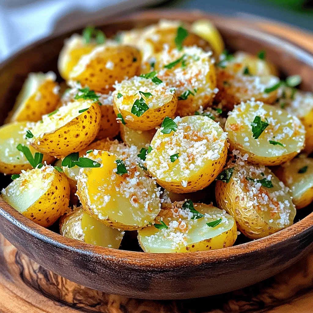 To make crispy Parmesan potatoes, gather these simple items: - 1.5 lbs baby potatoes, halved - 3 tablespoons extra virgin olive oil - 1 cup finely grated Parmesan cheese - 2 cloves garlic, minced - 1 teaspoon dried oregano - 1 teaspoon sweet paprika - Sea salt and freshly cracked black pepper to taste - Fresh parsley, chopped (for garnish) Each ingredient plays a key role in creating a flavorful dish. The baby potatoes give a tender bite, while olive oil adds richness. Parmesan cheese brings a sharp, nutty taste. Garlic, oregano, and paprika enhance the overall flavor. The sea salt and pepper balance everything perfectly. When you gather your ingredients, aim for fresh and high-quality items. This will make a big difference in flavor and texture. Using fresh parsley as a garnish not only adds color, but it also brightens the dish. For the full recipe, it's essential to follow the instructions closely. This ensures your crispy Parmesan potatoes turn out perfectly every time. First, set your oven to 425°F (220°C). This high heat helps create that perfect crispy texture. For easy cleanup, line a baking sheet with parchment paper. It keeps the potatoes from sticking and makes washing up a breeze. Take 1.5 lbs of baby potatoes and cut them in half. Place them in a large mixing bowl. Drizzle in 3 tablespoons of extra virgin olive oil. Add 2 cloves of minced garlic, 1 teaspoon of dried oregano, and 1 teaspoon of sweet paprika. Sprinkle in sea salt and freshly cracked black pepper to taste. Toss everything together. Make sure each potato is coated in the tasty oil and spices. Now, grab 1 cup of finely grated Parmesan cheese. Sprinkle it over the potatoes. Toss them again so every half gets a cheesy layer. This step makes a big difference in flavor. Place the potatoes cut side down on the prepared baking sheet. Arrange them in a single layer. This helps them cook evenly and get crispy. Bake them in your preheated oven for about 25-30 minutes. Keep an eye on them. You want them golden brown and crunchy on the outside. Once baked, take the potatoes out of the oven. Let them rest for about 5 minutes. This waiting time makes them even crispier. Just before serving, sprinkle some chopped fresh parsley on top. It adds a nice touch and bright color. For the complete method, check the Full Recipe. Enjoy your culinary creation! To get crispy Parmesan potatoes, choose smaller baby potatoes. Their size cooks evenly. When cutting them, always halve them. Place the cut side down on the baking sheet. This step helps them crisp up better. Preheat your oven to 425°F (220°C) for the best results. Higher heat cooks the potatoes quickly, giving that golden crust. Finally, let them rest for a few minutes after baking. This step lets them stay crispy longer. For a flavor boost, add fresh herbs. Rosemary or thyme pairs well with potatoes. Swap out the sweet paprika for smoked paprika for a deeper flavor. You can also mix in some grated cheese before baking. Try using aged Gouda or cheddar for a twist. If you like heat, sprinkle in a pinch of cayenne pepper. These simple changes can take your dish to new heights. Serve your crispy Parmesan potatoes warm. They pair nicely with grilled chicken or roasted veggies. For a fun twist, add a dipping sauce. Sour cream or a garlic aioli works great. You can also toss them into a salad for extra crunch. Place them in a bowl or on a nice platter for a lovely presentation. A sprinkle of parsley adds color and freshness, making your dish pop. Enjoy them right away for the best taste! {{image_4}} You can switch the Parmesan for other cheeses. Cheddar gives a sharp taste. Mozzarella adds a creamy touch. Feta brings a salty burst. Experiment with cheese to find your favorite mix. Each cheese adds a new flavor to your crispy potatoes. You can change the herbs to suit your taste. Try rosemary for a piney flavor. Basil offers a sweet, fresh twist. Thyme adds depth and earthiness. Use fresh herbs for a brighter taste or dried for more strength. These herbs can make your dish even more delightful. Adjust the spice to match your heat preference. Add cayenne pepper for a kick. Use chili powder for a smoky flavor. Just a pinch can change the whole dish. Tailor the spice level to keep everyone happy. Enjoy your crispy potatoes just the way you like! To keep your crispy Parmesan potatoes fresh, let them cool first. Place them in an airtight container. Store the container in the fridge. They stay good for about three days. If you want to save them longer, consider freezing. To reheat, I recommend using the oven. Preheat it to 350°F (175°C). Spread the potatoes on a baking sheet. Bake for about 10-15 minutes. This way, they regain some of their crispiness. You can also use an air fryer for a quicker option. Set it to 350°F (175°C) and cook for about 5-7 minutes. If you plan to freeze the potatoes, do it right after cooking. Allow them to cool down first. Then, spread them on a baking sheet in a single layer. Freeze until solid, about one hour. Once frozen, transfer them to a freezer bag. They can last up to three months in the freezer. When ready to eat, reheating directly from frozen works well. Just add a few extra minutes to the cooking time. For the best results, follow the Full Recipe for timing and temperature details. Crispy Parmesan potatoes stay fresh for about 3 to 4 days in the fridge. To keep them tasty, store them in an airtight container. They may lose some crispiness over time, but they still taste great. Yes, you can easily make this recipe gluten-free. Parmesan cheese is typically gluten-free, so that’s a plus. Just double-check the labels on your ingredients. Ensure your olive oil and spices are also gluten-free. You can pair crispy Parmesan potatoes with many dishes. They go well with grilled chicken, steak, or fish. You can also serve them with a fresh salad for a lighter meal. For more ideas, check out the Full Recipe. This blog post covered how to make crispy Parmesan potatoes. We discussed essential ingredients like baby potatoes and garlic. You learned step-by-step instructions for preparation and baking. I shared tips to maximize crispiness and flavor. We explored variations with different cheeses and herbs. Finally, I provided storage and reheating tips. In conclusion, you'll enjoy creating this delicious dish. Try different flavors to make it your own!