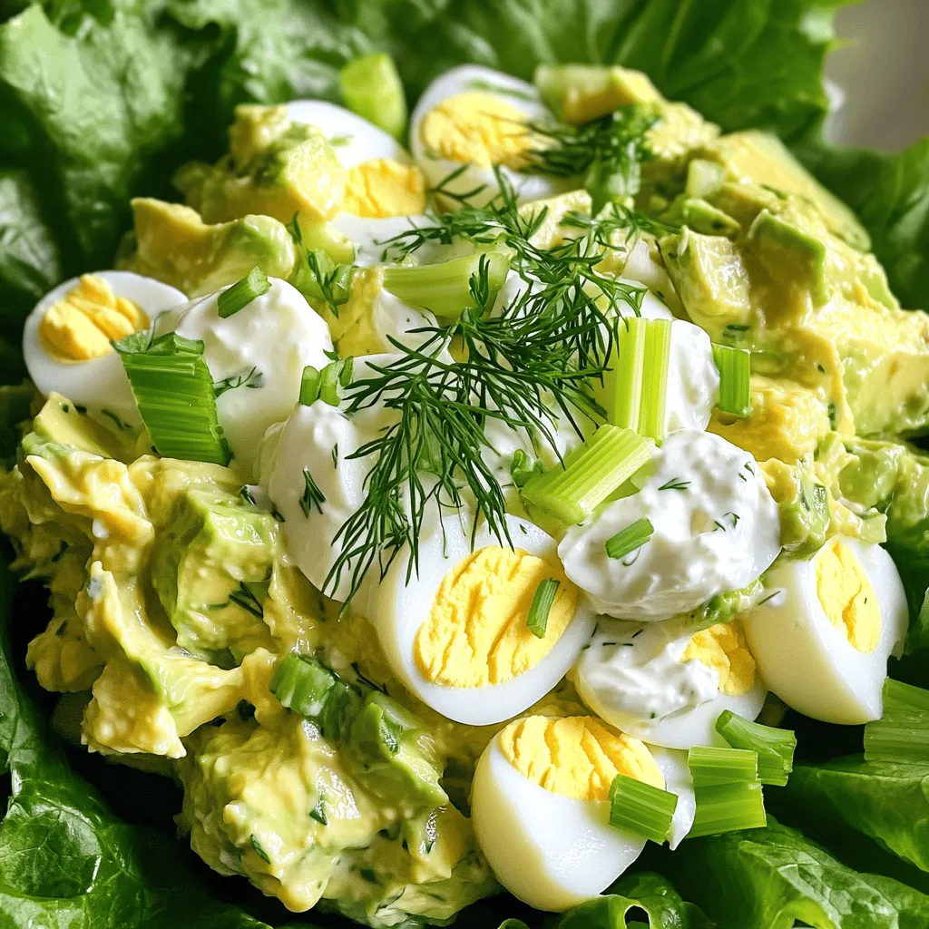- 4 large hard-boiled eggs - 1 ripe avocado - 2 tablespoons Greek yogurt or mayonnaise - 1 tablespoon Dijon mustard - 1 tablespoon fresh lemon juice - 2 green onions - Fresh dill or parsley - Salt and pepper When making avocado egg salad, you need fresh and tasty ingredients. Start with hard-boiled eggs. They give a rich flavor and great texture. I prefer to boil them until they are firm. This helps them mix well with the creamy avocado. Next, grab a ripe avocado. It should be soft enough to mash easily. Avocado adds a smooth and buttery element to the dish. It also brings healthy fats that are good for you. For the base, you can use Greek yogurt or mayonnaise. Greek yogurt keeps it light and adds some tang, while mayonnaise gives a classic touch. Both work great! Now, let's talk about seasonings. Dijon mustard adds a nice kick. Fresh lemon juice brightens the dish and keeps the avocado from browning. Green onions add a mild sharpness and a hint of color. Don’t forget optional garnishes! Fresh dill or parsley can add a pop of flavor and a burst of color. Salt and pepper round out the taste. You can adjust these to your liking. With these ingredients, you create a tasty and wholesome dish. You can find the Full Recipe above for more details on preparation. Enjoy your cooking! - Hard-boil the eggs: Start by placing four large eggs in a pot. Cover them with cold water, at least an inch over the eggs. Bring the water to a rolling boil on medium heat. Once boiling, cover the pot and remove it from heat. Let the eggs sit for twelve minutes. - Cool and chop the eggs: After twelve minutes, move the eggs to a bowl of ice water. Let them cool completely. Once cooled, peel and chop the eggs into bite-sized pieces. - Prepare the avocado for mixing: Take one ripe avocado and cut it in half. Remove the pit and scoop the flesh into a mixing bowl. Use a fork or a potato masher to mash the avocado. Aim for a smooth and creamy texture, but keep some small chunks for added bite. - Mix avocado with yogurt, mustard, and lemon juice: Add two tablespoons of Greek yogurt and one tablespoon of Dijon mustard to the mashed avocado. Squeeze in one tablespoon of fresh lemon juice. Stir everything together until well combined. - Fold in eggs and vegetables: Gently add the chopped hard-boiled eggs, two finely chopped green onions, and a quarter cup of diced celery. Use a spatula to fold the ingredients together. Be careful not to break the eggs too much. This method ensures a tasty and wholesome dish full of flavor and nutrition. Enjoy your avocado egg salad as a meal or snack. For the full recipe, check it out [here](#). To get a creamy consistency, mash the avocado well. Use a fork or masher to break it down. Mix in Greek yogurt or mayonnaise to add creaminess. Make sure to blend until smooth, but don’t overdo it. You want some small chunks of avocado for interest. Keeping a bit of chunkiness adds a nice bite to the salad. You can change the flavors by trying different herbs. Fresh dill or cilantro can add a new twist. For a spicy kick, use a pinch of cayenne or red pepper flakes. You can also mix in extra veggies. Chopped bell peppers or shredded carrots can add color and crunch. They also boost the nutrition value. Serve your avocado egg salad over crisp lettuce. This adds freshness and makes a lovely presentation. You can also use it in wraps or on slices of crusty bread. For plating, consider a colorful bowl. Add a sprinkle of herbs on top for a pop of color. A lemon wedge on the side is a nice touch too. It makes your dish look inviting and appetizing. For the complete recipe, check out the Full Recipe link. {{image_4}} Want to boost your salad? Add cooked chicken or turkey. Cooked chicken adds a nice texture and flavor. I like to use shredded rotisserie chicken for ease. Simply mix it in with the eggs and avocado. This makes a hearty meal. You can enjoy it on bread or in a wrap. It’s a great way to make your salad more filling. If you want a plant-based version, chickpeas work great. Mash cooked chickpeas instead of eggs. They add protein and a creamy texture. You can use the same spices and avocado. This vegan option is fresh and satisfying. Serve it on toast or with crackers. Your friends won’t even miss the eggs! For those who crave heat, try adding hot sauce or jalapeños. A few drops of hot sauce can make the salad zing. If you like jalapeños, chop them finely and mix them in. This adds a nice kick to your dish. Pair it with a cool drink to balance the spice. You’ll love this twist on the classic recipe. To keep your avocado egg salad fresh, store it in an airtight container. This container will help prevent air from getting in, which can cause it to brown. I recommend using glass or plastic containers that seal tightly. If you have leftovers, make sure to cover the top with plastic wrap before sealing the lid. This extra layer helps to keep the salad fresh longer. You should eat the salad within three days for the best taste and quality. After that, the eggs and avocado may start to spoil. If you notice any changes in color or smell, it’s best to throw it away. Always trust your senses when checking food freshness. You can make the salad a day ahead of time. This makes meal prep easy! Just mix all the ingredients, then store them in the fridge. If you want to freeze it, consider leaving out the avocado until you’re ready to eat. Freezing can change the texture of the avocado, making it mushy. To enjoy the salad later, prepare it fresh for the best taste. For the full recipe, check out the Avocado Egg Salad Delight. Avocado egg salad lasts about 2 to 3 days in the fridge. To keep it fresh, store it in an airtight container. The longer it sits, the more the avocado may brown. Yes, you can use any mayonnaise you like. Options include avocado mayo, vegan mayo, or even Greek yogurt. Each will give the salad a unique taste and texture. For extra crunch, try adding chopped nuts, sunflower seeds, or diced bell peppers. You could also use crispy bacon bits or toasted bread crumbs for a fun twist. Absolutely! This recipe is naturally gluten-free. Just ensure that any bread or wraps you use are gluten-free as well. Yes, leftover hard-boiled eggs work great in this dish. Just chop them up and mix them in with the other ingredients. It saves time and reduces waste. To make a larger batch, simply double or triple the ingredients. Keep the same ratios to maintain the flavor. Adjust seasonings to taste as you go. Avocado is rich in healthy fats, vitamins, and fiber. Eggs provide protein, B vitamins, and minerals. Together, they make a filling and nutritious meal, perfect for any time of day. For the full recipe, refer to the earlier sections. This blog post covered everything you need for a tasty avocado egg salad. We started with the key ingredients, including eggs and avocados. You learned how to mix and mash, creating a creamy yet chunky texture. We shared tips for adding flavors and serving beautifully. Variations let you customize the dish to fit your diet or spice level. Storing tips ensure your salad stays fresh. Now you can enjoy this simple, delicious meal that’s perfect for any occasion. Get creative and dive in!