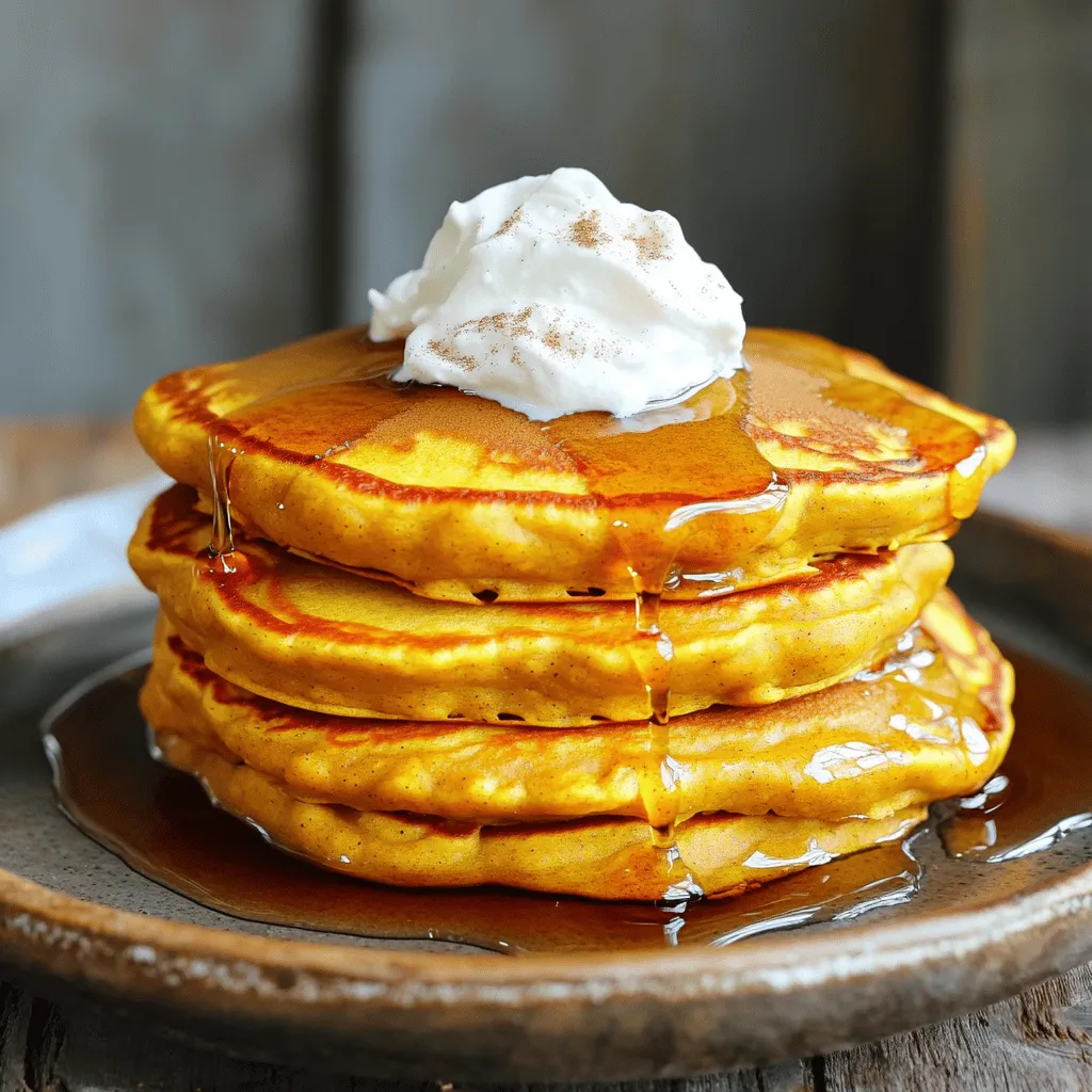 - 1 cup all-purpose flour - 1 tablespoon baking powder - 1/2 teaspoon baking soda - 1/2 teaspoon ground cinnamon - 1/4 teaspoon ground nutmeg - 1/4 teaspoon ground ginger - 1/4 teaspoon salt - 1 cup milk (dairy or plant-based) - 1/2 cup canned pumpkin puree - 1 large egg - 2 tablespoons granulated sugar - 1 teaspoon pure vanilla extract - 4 ounces cream cheese, softened to room temperature - 2 tablespoons pure maple syrup (plus additional for serving) - Butter or oil for greasing the skillet - Additional maple syrup for serving When making these pancakes, use fresh and high-quality ingredients. For the dry ingredients, combine flour, baking powder, baking soda, spices, and salt in a bowl. The spices add warmth and flavor, making the pancakes special. For the wet ingredients, mix milk, pumpkin puree, egg, sugar, vanilla, and cream cheese. The cream cheese adds a creamy texture. You can use an electric mixer or a whisk to blend until smooth. Grease your skillet with butter or oil to prevent sticking. This recipe yields about eight pancakes, perfect for serving four people. For the full recipe, check the details above! Start by gathering your dry ingredients. In a large bowl, add: - 1 cup all-purpose flour - 1 tablespoon baking powder - 1/2 teaspoon baking soda - 1/2 teaspoon ground cinnamon - 1/4 teaspoon ground nutmeg - 1/4 teaspoon ground ginger - 1/4 teaspoon salt Whisk these ingredients together. This helps to combine them well. Make sure there are no lumps left. A smooth mix means fluffy pancakes. Now, let’s move on to the wet ingredients. In another bowl, mix: - 1 cup milk (dairy or plant-based) - 1/2 cup canned pumpkin puree - 1 large egg - 2 tablespoons granulated sugar - 1 teaspoon pure vanilla extract - 4 ounces cream cheese, softened Blend these until smooth. A hand mixer works great here. Cream cheese adds a rich taste. It makes the pancakes creamy and soft. Next, we combine our mixtures. Gently pour the wet mix into the dry ingredients. Use a spatula to fold them together. Be careful not to over-mix. It’s okay if you see a few lumps. This keeps the pancakes light and airy. Preheat your skillet over medium heat. Lightly coat it with butter or oil. Once it’s hot, pour about 1/4 cup of batter for each pancake. Cook until bubbles form on top. This usually takes about 3-4 minutes. When they look ready, flip the pancakes. Cook for another 2-3 minutes until golden brown. Adjust heat if needed to prevent burning. To keep pancakes warm, stack them on a plate. Cover them with a clean kitchen towel. This helps retain heat while you cook the rest. Serve them warm, drizzled with pure maple syrup. Enjoy! For the Full Recipe, check out the details above. To make fluffy pancakes, start with room temperature ingredients. Cold milk or eggs can make the batter lumpy. Mix the wet ingredients first. Use an electric mixer or a whisk to blend them well. When you combine dry and wet ingredients, stir gently. You want small lumps to remain. This keeps your pancakes light and airy. These pancakes shine with great sides. Fresh fruits like bananas, strawberries, or blueberries pair well. You can also add a dollop of whipped cream on top. For a creative twist, try adding some chopped nuts or a drizzle of chocolate sauce. You can never go wrong with a sprinkle of cinnamon or a touch of maple syrup. One big mistake is over-mixing the batter. This makes pancakes tough instead of fluffy. Keep an eye on the cooking temperature too. If it's too high, the outside cooks too fast. You want a nice golden color, so adjust the heat as needed. Remember, patience makes great pancakes! {{image_4}} To make these pancakes even better, you can add chocolate chips or incorporate nuts. - Adding chocolate chips: Mix in about 1/2 cup of chocolate chips to the batter. The sweetness of the chocolate pairs well with the pumpkin. You can use dark, milk, or even white chocolate. Each type gives a different taste. - Incorporating nuts: You can also add 1/4 cup of chopped nuts. Walnuts or pecans work great. They add crunch and extra flavor to each bite. These pancakes can fit many diets with a few changes. You can easily make them gluten-free or vegan. - Gluten-free options: Use a gluten-free flour blend in place of all-purpose flour. Most blends work well in this recipe. Just follow the package instructions for the best results. - Vegan replacements: For a vegan version, swap the egg with 1/4 cup of applesauce. Use plant-based milk and cream cheese too. This keeps the pancakes moist and tasty. Pumpkin cream cheese pancakes are perfect for any season. You can change them up with holiday themes or different spices. - Holiday-themed variations: For a festive touch, add some cranberry or pecan topping. This gives a fun twist for Thanksgiving or Christmas. - Using different spices: Besides cinnamon, nutmeg, and ginger, try adding cardamom or allspice. These will give a unique flavor that surprises your taste buds. By exploring these variations, you can enjoy pumpkin cream cheese pancakes in many fun ways! Check out the Full Recipe for further instructions and tips. To keep your pumpkin cream cheese pancakes fresh, store them in the fridge. Place them in an airtight container. They stay good for about three days. When you want to eat them, just reheat. The microwave works well for this. Heat them for about 20-30 seconds. They will taste almost like fresh. If you want to save pancakes for later, freezing is the best option. After cooking, let them cool down completely. Then, stack them with parchment paper in between. This helps prevent sticking. Place the stack in a freezer bag. They can last up to two months in the freezer. To reheat frozen pancakes, take them out of the freezer. You can microwave them for about a minute. If you want them crisp, use a skillet. Heat them for 2-3 minutes on medium heat. This way, they will taste almost like the first time! For the full recipe, check out the instructions above. Yes, you can make these pancakes ahead. To prep, cook the pancakes fully, then let them cool. Place them in a single layer on a plate. Cover with plastic wrap or a clean towel. You can store them in the fridge for up to three days. For longer storage, freeze them. Layer parchment paper between pancakes to prevent sticking. This way, you can enjoy them later. Store leftover pancakes in the fridge. Place them in an airtight container. Separate layers with wax paper to keep them fresh. You can also wrap them tightly in plastic wrap. For longer storage, freeze the pancakes. Use freezer bags and remove as much air as possible. To reheat, just pop them in the toaster or microwave. Yes, you can use fresh pumpkin. To prepare fresh pumpkin, first, cut it in half. Remove the seeds and stringy parts. Roast the pumpkin in the oven until soft. This usually takes about 45 minutes at 400°F (200°C). Then, scoop out the flesh and mash it until smooth. Fresh pumpkin may taste brighter, but it has more moisture. Adjust the liquid in your recipe if needed. If you need a substitute for cream cheese, try mascarpone or Greek yogurt. These options give a similar creamy texture. You could also use cottage cheese, blended until smooth. Each substitute changes the flavor slightly. Mascarpone is richer, while Greek yogurt adds a tang. Choose one based on your taste preference and what you have on hand. To make gluten-free pancakes, use a gluten-free flour blend. Look for a mix that contains rice flour or almond flour. You can also try oat flour or buckwheat flour. These alternatives give your pancakes a nice texture. Make sure the blend includes xanthan gum for binding. Follow the full recipe, swapping the flour as needed. Enjoy your gluten-free pumpkin pancakes! You learned how to create tasty pumpkin pancakes with easy steps and helpful tips. We covered the right ingredients, mixing techniques, and cooking methods for perfect results. Remember, avoid over-mixing to keep your pancakes fluffy. With storage tips and fun variations, you can enjoy these pancakes any time. Keep experimenting with flavors and toppings to make them your own. Enjoy your delicious creations, and share them with friends and family for a fun meal. Happy cooking!