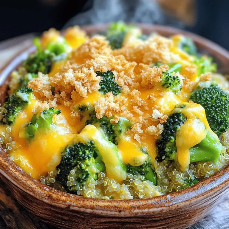 - 1 cup quinoa, thoroughly rinsed and drained - 2 cups vegetable broth (low sodium recommended) - 2 cups fresh broccoli florets (or frozen) For this casserole, quinoa is the base. Rinsing it helps remove its natural coating. This coating can make the quinoa taste bitter. Using vegetable broth adds a great flavor. You can use frozen broccoli if fresh is not available. - 1 cup shredded cheddar cheese (or a dairy-free alternative) - 1/2 cup sour cream (or Greek yogurt) Cheddar cheese melts well and adds creaminess. If you want it to be dairy-free, there are many good cheese options. Sour cream adds tanginess. Greek yogurt can be a lighter choice. - Garlic powder, onion powder, smoked paprika, salt, and pepper - 1/2 cup breadcrumbs (panko for extra crunch), 2 tablespoons olive oil Seasonings bring this dish to life. Garlic powder and onion powder add depth. Smoked paprika gives a nice warmth. For crunch, use panko breadcrumbs. Mixing them with olive oil helps them brown nicely. For the full recipe details, check the [Full Recipe]. Start by rinsing one cup of quinoa. This step removes any bitterness. In a medium saucepan, combine the rinsed quinoa with two cups of vegetable broth. Bring this mixture to a boil over medium heat. Once it starts boiling, lower the heat. Cover the pot and let it simmer for 15 minutes. This helps the quinoa absorb the broth. After 15 minutes, remove it from heat. Let it sit for five minutes, then fluff it with a fork. While quinoa cooks, prepare your broccoli. Take two cups of fresh broccoli florets. You can also use frozen broccoli if you prefer. Steam the florets in a microwave-safe bowl with a splash of water. Cover the bowl and steam for about three to four minutes. You want the broccoli to stay vibrant green and slightly crisp. After steaming, drain any excess water and set the broccoli aside to cool. In a large mixing bowl, combine the fluffed quinoa, steamed broccoli, and one cup of shredded cheddar cheese. Add half a cup of sour cream and season the mix with half a teaspoon each of garlic powder, onion powder, and smoked paprika. Don't forget to add salt and pepper to taste. Mix everything well until it’s evenly blended. Then, transfer this hearty mix into a greased casserole dish. Spread it out evenly. For a crunchy topping, sprinkle half a cup of breadcrumbs over the mixture. Preheat your oven to 350°F. Place the casserole in the preheated oven and bake for 25 to 30 minutes. You will know it's ready when the cheese melts and bubbles. The breadcrumbs should turn a golden brown as well. Once baked, let the casserole cool for about five minutes before serving. This wait time allows the flavors to settle and makes serving easier. For the full recipe, check the details above! - Use fresh ingredients for best flavor. Fresh broccoli adds crunch and bright color. - Allow the casserole to sit before serving for flavors to meld. This time helps the taste deepen and blend nicely. - Making it vegetarian or gluten-free. This casserole is already vegetarian. Choose gluten-free breadcrumbs to make it gluten-free. - Recommendations for vegan substitutes. Use dairy-free cheese and a plant-based yogurt instead of sour cream for a vegan version. - Garnish options to enhance visual appeal. Top with a sprinkle of extra cheese or a few fresh herbs like parsley or chives. - Pairing suggestions for a complete meal. Serve with a crisp side salad or some roasted vegetables for a balanced meal. For the full recipe, check out the Cheesy Broccoli Quinoa Casserole recipe above. {{image_4}} You can easily boost the protein in your casserole. Adding cooked chicken is a great choice. It pairs well with the flavors in the dish. Just shred the chicken and mix it in with the quinoa and broccoli. If you want a plant-based option, try using beans. Black beans or chickpeas work wonderfully. They add protein and fiber. Just drain and rinse them before mixing in. For a vegetarian option, tofu is a great addition. Press the tofu to remove excess water. Then, cut it into cubes and sauté it until golden. Mix the cooked tofu into the casserole for added texture and protein. Adding spinach is a smart way to boost nutrients. It cooks down nicely and adds color. Just toss in fresh or frozen spinach when you mix the other ingredients. You can also get creative with other veggies. Try bell peppers, carrots, or zucchini. Just chop them small so they cook evenly. Mix them into the casserole for varied flavors and textures. Cheese lovers can have fun with this dish. You can swap the cheddar for mozzarella or pepper jack. Each cheese gives a different taste. Spices are also key to enhancing flavor. Try adding cayenne pepper for some heat. You can also mix in Italian seasoning for a herby twist. If you like a kick, drizzle some hot sauce on top before serving. This adds a zesty punch to each bite. The flavors come together beautifully in this dish. For the full recipe, follow along and enjoy! To keep your Cheesy Broccoli Quinoa Casserole fresh, store leftovers in an airtight container. It’s best to refrigerate them soon after serving. This dish lasts up to four days in the fridge. If you want it to last longer, consider freezing it. Just make sure to use a freezer-safe container. It can stay frozen for up to three months. When you are ready to enjoy the leftover casserole, reheating is key. The oven is my favorite method. Preheat it to 350°F (175°C). Place the casserole in a baking dish and cover it with foil. This keeps the top from burning. Heat it for about 20 minutes or until warm throughout. You can also use a microwave for quick reheating, but it’s less crispy. If you choose the microwave, heat it in short bursts, stirring in between. To make meals easier, you can prep this casserole ahead of time. Follow the recipe up to the baking step, then cover and refrigerate. You can bake it later when you’re ready to serve. For storage, use glass or plastic containers that seal well. Divide into portions to grab and go. This makes it simple to have a healthy meal ready in no time. For the best taste, eat your portions within a few days. For the full recipe, check out [Full Recipe]. You can prepare the casserole a day in advance. Cook the quinoa and steam the broccoli. Mix them with the other ingredients. Then, place the mixture in your greased dish. Cover it with plastic wrap and store it in the fridge. When you are ready to bake, simply remove the wrap and top with breadcrumbs, then bake as usual. Yes, you can use frozen broccoli. Just steam it until it is bright green and tender. It may take a bit longer than fresh broccoli. Frozen broccoli can save time, and it tastes great in this dish. If you need a substitute for quinoa, you can use rice or couscous. Brown rice adds a nice texture. If you want something lighter, go for cauliflower rice. Each option will change the flavor a little but will still taste good. To add heat, consider using jalapeños or red pepper flakes. You can also add a dash of hot sauce to the mix. For a smoky kick, try using chipotle powder. Adjust the spice level to fit your taste. Yes, you can freeze it! After baking, let it cool completely. Then, wrap it tightly in foil or place it in an airtight container. When you want to eat it, thaw in the fridge overnight. Reheat in the oven for best results. This casserole serves about 4 to 6 people. Each serving is a hearty portion. It's a filling dish packed with nutrients, making it a great choice for a family meal. You can also check nutritional information if you need to watch your intake. For the full recipe, refer to the beginning of the article. This blog post covers making a tasty Cheesy Broccoli Quinoa Casserole. We discussed all you need, from main ingredients to step-by-step instructions. You learned about cheese options, seasoning tips, and variations like protein additions. Don't forget about storage tips for leftovers and meal prep ideas. As you try this recipe, feel free to customize it. Your kitchen adventures will yield a dish that’s wholesome, delicious, and easy to share. Enjoy your cooking, and let the flavors shine!