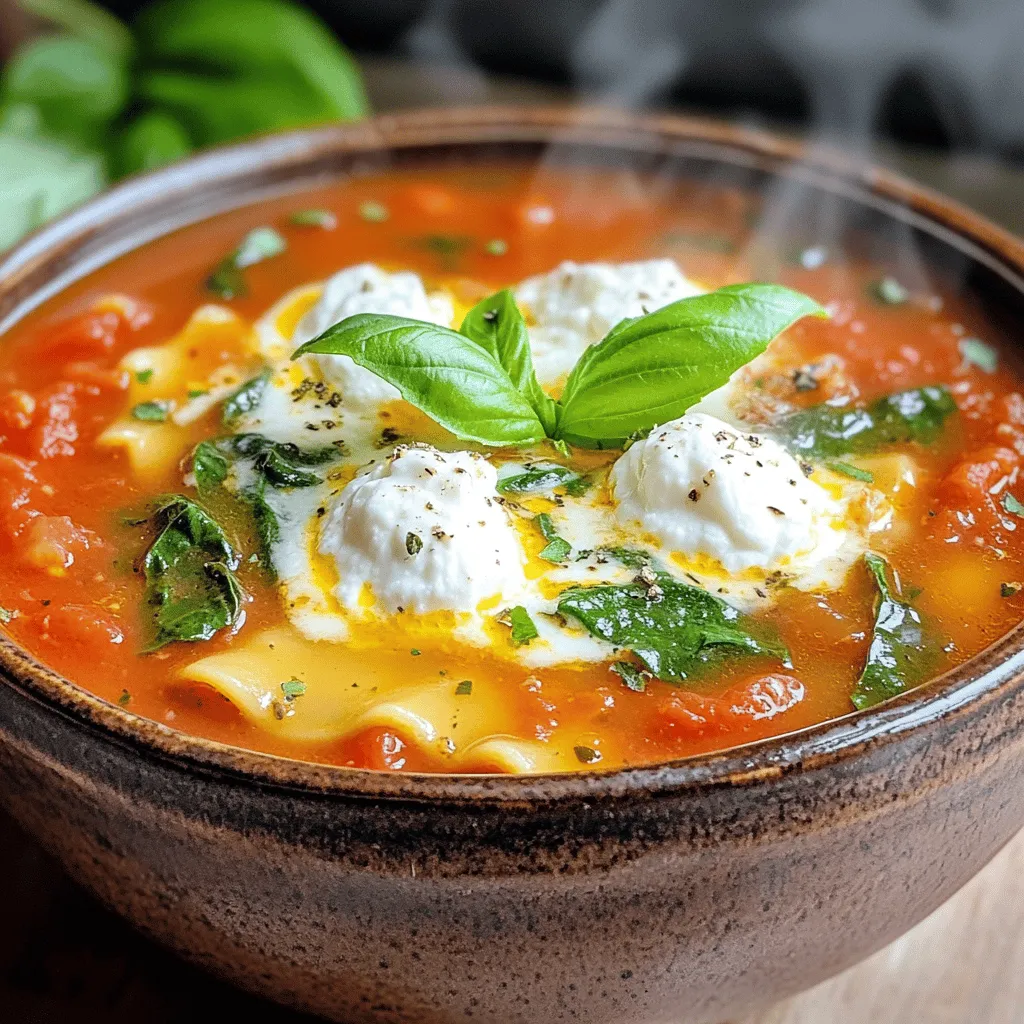 - Olive oil - Ground beef or turkey - Crushed tomatoes - Fresh spinach - Ricotta cheese - Lasagna noodles - Dried oregano and basil - Red pepper flakes - Fresh basil for garnish I love using fresh ingredients to create rich flavors. Olive oil starts off this dish with a smooth base. I often choose ground beef or turkey for protein. Both options give the soup a hearty feel. Crushed tomatoes bring everything together with their bright taste. For the added texture and nutrition, fresh spinach is a must. It wilts perfectly into the soup, adding a lovely green color. Ricotta cheese gives that creamy, dreamy touch. You’ll want to use it generously! Lasagna noodles, broken into pieces, soak up all the goodness of the broth. Seasonings are key! Dried oregano and basil add warmth and earthiness. Red pepper flakes give a nice kick, which you can adjust to your taste. Fresh basil leaves on top make each bowl look inviting and fresh. You can find the full recipe for this delightful One-Pot Lasagna Soup above. Enjoy crafting this comforting meal! 1. Heat 1 tablespoon of olive oil in a large pot over medium heat. 2. Add 1 medium onion, diced. Sauté for 3 to 4 minutes until it is soft. 3. Then, add 3 cloves of minced garlic. Stir for about 1 minute. Next, we need to brown the meat. 4. Add 1 pound of ground beef or turkey to the pot. Use a spatula to break it up. 5. Cook for about 5 to 7 minutes until the meat is no longer pink. Drain excess fat if needed. Now, let's incorporate the rest of our ingredients. 6. Pour in 1 can (28 ounces) of crushed tomatoes and 4 cups of broth. Stir well. 7. Mix in 2 teaspoons of dried oregano, 1 teaspoon of dried basil, and 1/2 teaspoon of red pepper flakes. Season with salt and black pepper to taste. Bring the mixture to a rolling boil. It’s time to cook the lasagna noodles. 8. Add 8 broken lasagna noodles to the pot. Stir to mix them in well. 9. Reduce the heat and let it simmer for 10 to 12 minutes until the noodles are tender. Stir occasionally to prevent sticking. Once the noodles are cooked, add fresh spinach and the creamy ricotta mixture from the [Full Recipe]. Enjoy your delicious One-Pot Lasagna Soup! Choosing the right meat is key for flavor. I prefer ground beef for its rich taste. You can also use ground turkey for a lighter option. Both choices work well in this dish. Adjusting spice levels is easy. If you like heat, add more red pepper flakes. For milder soup, reduce the amount or skip them. Incorporating ricotta cheese makes your soup creamy and rich. Mix it with salt and black pepper for flavor. Layering flavors is also important. Add herbs like oregano and basil early. This allows their taste to blend well. Stir in fresh spinach at the end for a fresh touch. Pairing with side dishes enhances your meal. Crusty bread is a great choice for dipping. A side salad adds freshness and crunch. For garnishing ideas, sprinkle extra mozzarella on top. Fresh basil leaves add color and aroma. You can even drizzle olive oil for an extra flavor boost. Check out the Full Recipe for more tips and ideas. {{image_4}} You can easily make this soup vegetarian. Start by removing the meat. Instead, use hearty vegetables like zucchini, mushrooms, and bell peppers. These flavors mix well and add nutrition. You can also swap in plant-based noodles. Try using whole wheat or gluten-free options. They add good texture to the soup while keeping it healthy. Want to kick up the flavor? Try adding different cheese blends. Mixing mozzarella with parmesan or goat cheese creates a rich taste. You can also incorporate fresh herbs like thyme or parsley. They add brightness and freshness to every bite. Experimenting with spices can lead to delightful new flavors. A touch of smoked paprika or Italian seasoning can elevate your dish. You can change the texture of your One-Pot Lasagna Soup easily. For a thicker soup, use less broth or add more noodles. You could also add a splash of cream for a rich, velvety feel. If you prefer a broth-heavy version, add more liquid and let it simmer longer. This lets the flavors blend beautifully. Each variation lets you create a dish that feels just right for you. To keep your One-Pot Lasagna Soup fresh, store leftovers in the fridge. Use an airtight container. This keeps moisture in and bacteria out. When properly stored, the soup stays good for up to four days. For longer storage, you can freeze the soup. Use freezer-safe containers or heavy-duty bags. Make sure to leave some space for the soup to expand. The soup can last up to three months in the freezer. When you are ready to enjoy your soup again, reheating is simple. The best way is to use the stove. Pour the soup into a pot and warm it over medium heat. Stir it often to heat evenly. If you prefer the microwave, use a microwave-safe bowl. Heat for 1-2 minutes, stirring halfway through. To avoid soggy noodles, add fresh noodles when reheating. This keeps the texture just right. In the fridge, your soup lasts about four days. If you see any mold or it smells off, it’s time to toss it out. Always trust your senses! If it looks or smells bad, don’t eat it. For frozen soup, use it within three months for the best taste. After that, it may lose flavor or texture. Keep an eye out for freezer burn signs, like ice crystals. This can change the soup's quality. To make One-Pot Lasagna Soup from scratch, follow these steps: 1. Heat olive oil in a large pot. 2. Sauté diced onion for three to four minutes. 3. Add minced garlic and cook for one more minute. 4. Stir in ground beef or turkey, breaking it into pieces as it cooks. 5. Once browned, add crushed tomatoes and broth. 6. Spice it up with oregano, basil, salt, and pepper. 7. Bring to a boil and add broken lasagna noodles. 8. Simmer for ten to twelve minutes until noodles soften. 9. Stir in chopped spinach until wilted. 10. Serve with a dollop of ricotta and mozzarella on top. You can find the full recipe above for more details. Yes, you can use various meats in this recipe. Ground turkey, chicken, or sausage work well. Each meat brings a unique flavor and texture. If you prefer, you can even use plant-based meat for a vegetarian version. Just make sure to adjust cooking times if needed. Absolutely! To make it gluten-free, simply replace traditional lasagna noodles with gluten-free pasta. Many brands offer gluten-free options that will work well in this soup. Also, check that the broth and canned tomatoes are gluten-free. This way, you can still enjoy a hearty bowl without gluten. Feel free to ask more questions or explore other cooking tips! This blog post covered making a delicious One-Pot Lasagna Soup. We discussed key ingredients like olive oil, ground meat, and crushed tomatoes. We walked through preparation steps and cooking tips to perfect the soup. You can even customize it with vegetarian options and different flavors. In the end, this simple recipe is great for any meal. Enjoy cooking and sharing this comfort food!