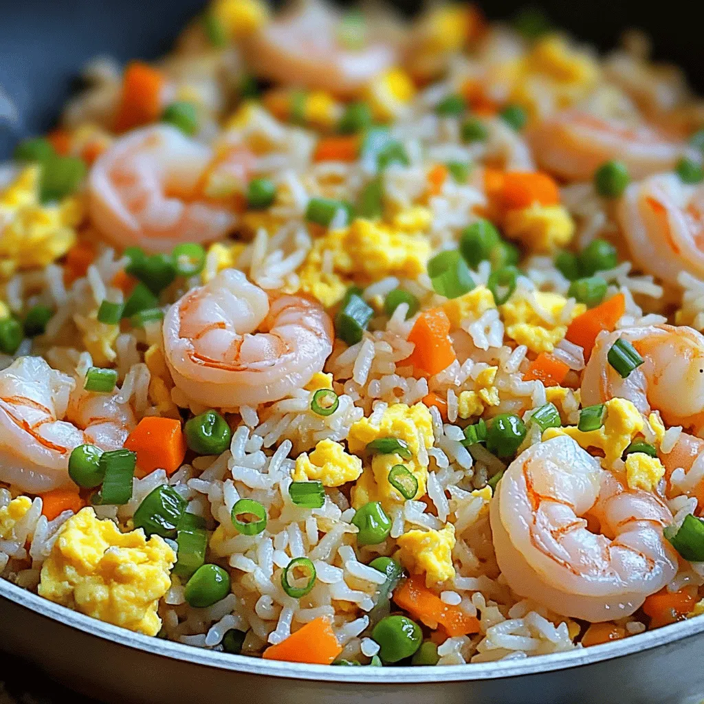 To make a tasty shrimp fried rice, you need a few key items: - 2 cups cooked jasmine rice (preferably day-old for optimal texture) - 1 pound shrimp, peeled and deveined - 2 tablespoons vegetable oil - 2 cloves garlic, finely minced - 1 small onion, diced - 1 cup mixed vegetables (peas, carrots, and corn are great options) - 2 large eggs - 3 tablespoons soy sauce - 1 tablespoon oyster sauce (optional for extra depth) - 1 teaspoon sesame oil - Salt and pepper to taste - Fresh green onions, chopped for garnish Using day-old rice helps to keep the dish from being soggy. Freshly cooked rice can clump together and not fry well. The shrimp should be fresh and deveined to ensure they cook evenly and taste great. You can enhance your shrimp fried rice with these extras: - Additional sauces (like sweet chili sauce for a kick) - Garnishes (like sesame seeds or cilantro for a fresh touch) These optional ingredients let you personalize the dish. You can use different sauces to change the flavor or add garnishes for a pretty presentation. Feel free to mix and match based on what you enjoy! For the complete recipe, check out the [Full Recipe]. To make shrimp fried rice, start with your shrimp. Clean and devein them. This step is vital because it removes the gritty parts. It makes your dish look and taste better. Next, use day-old rice. This rice is drier and cooks well. Fresh rice can turn mushy when fried. Day-old rice keeps the texture just right. First, heat 2 tablespoons of vegetable oil in a large skillet or wok over medium-high heat. Wait until the oil shimmers. Then, add 2 cloves of minced garlic and 1 small diced onion. Sauté for 2-3 minutes. You want them fragrant and soft. Now, move the garlic and onion to one side. Place 1 pound of shrimp on the other side. Cook for 2-3 minutes until the shrimp turn pink and opaque. Mix the shrimp with the garlic and onion after they're done. Next, add 1 cup of mixed vegetables like peas, carrots, and corn. Stir and sauté for another 2-3 minutes until they heat through. Push the shrimp and veggies to one side. In the empty space, add a bit more oil if needed. Crack 2 large eggs into this space and scramble them. Once cooked, mix them with the shrimp and vegetables. Now, gently add your 2 cups of cooked jasmine rice. Break any clumps as you mix. Pour in 3 tablespoons of soy sauce and 1 tablespoon of optional oyster sauce. Drizzle in 1 teaspoon of sesame oil. Stir well to coat every grain of rice. Season your dish with salt and pepper to taste. Stir-fry everything for another 2-3 minutes. Make sure it's all heated through and mixed well. To serve, remove the skillet from heat. Garnish your fried rice with freshly chopped green onions. For an attractive finish, serve in bowls or on plates. Press gently to shape and drizzle some sesame oil on top. For the full recipe, check out the [Full Recipe]. Enjoy your meal! Using day-old rice is key. Freshly cooked rice can be sticky. Day-old rice dries out a bit in the fridge. This helps the rice fry better without clumping. Cooking shrimp perfectly is also important. Start by heating your oil until it's hot. Add the shrimp in a single layer. Don't crowd the pan. Cook them just until they turn pink. This takes about 2-3 minutes. Overcooking can make shrimp rubbery, which is not tasty. Fresh herbs and spices can boost flavor. Try adding chopped cilantro or basil. These herbs bring a fresh taste. You can also experiment with sauces. Adding a splash of fish sauce or teriyaki sauce can add depth. Each sauce brings a unique twist to your dish. For an attractive serving, use bowls or plates. Press the rice gently into the dish. This shapes it nicely. Top with extra green onions for color. A drizzle of sesame oil adds shine and flavor. Simple garnishes make your meal look gourmet. {{image_4}} If you want to switch things up, consider these seafood options. You can swap shrimp for scallops, crab, or even lobster. Each brings a unique taste to your fried rice. For a twist, you can mix seafood types. Combining shrimp and scallops creates a delightful taste and texture. You can also add other proteins. Chicken, pork, or beef work well. These proteins add heartiness to the dish. Just be sure to cook them fully before mixing in the rice. If you prefer a meat-free meal, vegetable-only fried rice is a great choice. Use colorful veggies like bell peppers, broccoli, and zucchini. They add crunch and flavor without the need for meat. You can also try adding plant-based proteins. Tofu or tempeh makes for a filling meal. These options soak up flavors well, enhancing the dish. Fried rice is a global dish, and each culture has its take. For a Thai twist, add basil and lime juice. This brightens the flavors and gives a fresh taste. For a Spanish flair, mix in some chorizo and saffron. This will give your fried rice a rich color and smoky flavor. Experiment with different spices and herbs. Each variation brings something special. You can create your own signature dish by mixing flavors from around the world. For the complete recipe, check out the Full Recipe. To store your shrimp fried rice, cool it down first. Let it sit at room temperature for no more than two hours. This step helps avoid bacteria growth. Once cool, place it in airtight containers. Glass or plastic containers work well. Label them with the date to keep track of freshness. When reheating fried rice, you have a few good options. You can use the microwave or a skillet. If using the microwave, heat it in short bursts. Stir every minute to ensure even heating. For a skillet, add a splash of water or oil. This keeps the rice from drying out. Stir often to avoid mushiness. Aim for a hot and tasty final dish. Freezing shrimp fried rice is simple. First, let it cool completely. Then, portion it into freezer bags or containers. Remove as much air as possible to prevent freezer burn. Fried rice can last in the freezer for up to three months. To thaw, move it to the fridge overnight. Reheat it on the stove or microwave for a quick meal. Following these steps helps keep the flavor and texture intact. Yes, you can use frozen shrimp. They are easy to find and save time. Just thaw them before cooking. To thaw shrimp, place them in cold water for about 15 minutes. This keeps them firm. When cooking, you may need to add an extra minute for them to cook through. Frozen shrimp also have a nice flavor and texture. To make shrimp fried rice gluten-free, use gluten-free soy sauce. Brands like Tamari are great options. You can also skip oyster sauce, or find a gluten-free version. This keeps the dish tasty without gluten. Always check labels for hidden gluten in sauces. You can add many vegetables to your fried rice. Here are some tasty options: - Bell peppers - Broccoli - Snow peas - Zucchini - Baby corn Mix and match your favorites. Each adds color and nutrition. Adding more veggies makes the dish even better! In summary, shrimp fried rice uses simple ingredients like cooked jasmine rice, shrimp, and fresh veggies. I shared step-by-step cooking methods that include cleaning shrimp and perfecting day-old rice. Explore tips on enhancing flavors and making variations for different diets. In conclusion, making shrimp fried rice is fun and easy. You can enjoy it with family or friends. Now, try your own twist on this dish!