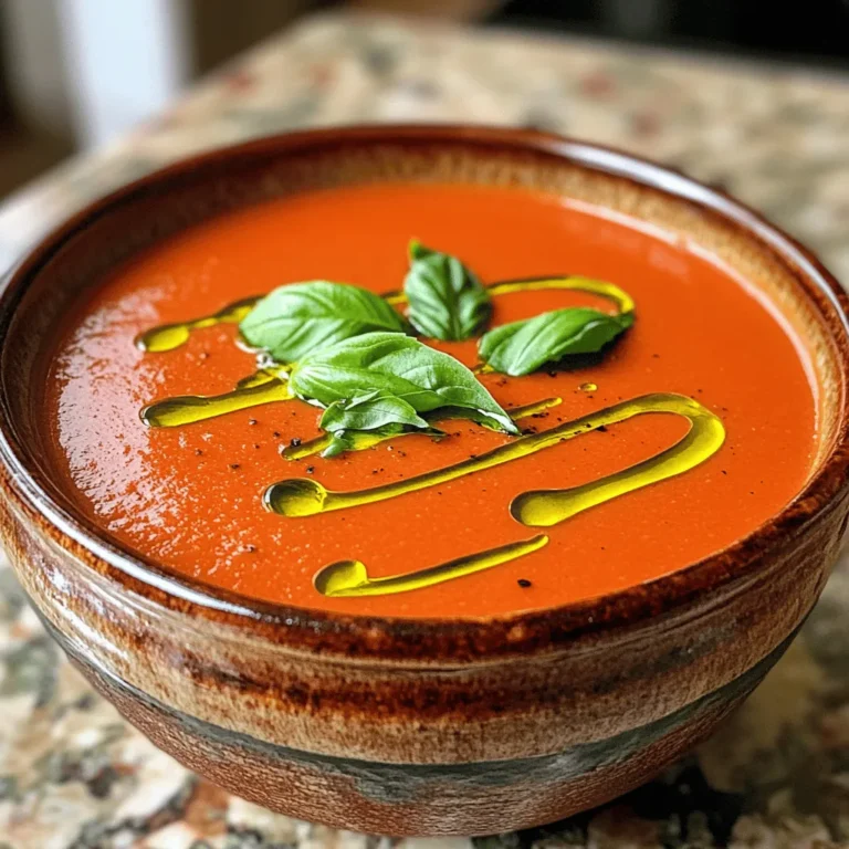 To create this creamy tomato basil soup, gather these key items: - 4 cups ripe tomatoes, chopped (or 2 cans of whole peeled tomatoes with juice) - 1 medium onion, finely diced - 3 cloves garlic, finely minced - 1 cup vegetable broth - 1 teaspoon granulated sugar - 1 teaspoon dried basil - 1 teaspoon dried oregano - 1 cup heavy cream (or coconut cream for a dairy-free option) - 2 tablespoons extra virgin olive oil - Salt and freshly cracked black pepper, to taste - Fresh basil leaves, for garnish These ingredients blend to create a rich flavor that warms the soul. Fresh tomatoes give a sweet taste. The onion and garlic add depth, while heavy cream brings a lovely creaminess. You can adjust the soup to fit your taste. Here are some optional ingredients you might like: - A pinch of red pepper flakes for heat - Fresh herbs like thyme or parsley for added flavor - A splash of balsamic vinegar for tanginess These options let you explore flavors that excite your palate. Feel free to experiment! If you have dietary needs, you can make swaps easily: - Use low-fat milk instead of heavy cream for fewer calories. - Swap the vegetable broth for chicken broth if you prefer. - For a vegan option, stick with coconut cream and vegetable broth. These substitutions keep the soup delicious while fitting your diet. Remember, cooking is about joy and creativity! For the full recipe, check out the [Full Recipe]. Start by heating two tablespoons of olive oil in a large pot over medium heat. You want the oil to shimmer, not smoke. Next, add one finely diced onion. Stir it for about five minutes. You want the onion soft and clear. Then, add three minced garlic cloves. Stir for one more minute. You want the garlic's smell to fill the air. Now it’s time to add the main ingredients. If you use fresh tomatoes, chop four cups of ripe ones. If using canned, add two cans of whole peeled tomatoes with juice. Pour in one cup of vegetable broth. Add one teaspoon of granulated sugar to balance the flavors. Then, sprinkle in one teaspoon of dried basil and one teaspoon of dried oregano. Stir everything well. Bring the mix to a gentle boil, then reduce the heat. Let it simmer for about 20 minutes. This helps the flavors blend nicely. After simmering, it’s time to blend. Use an immersion blender to puree the soup until smooth. If you don’t have one, carefully pour the soup in batches into a blender. After blending, return it to the pot. Now, stir in one cup of heavy cream or coconut cream for a dairy-free option. Season with salt and freshly cracked black pepper to taste. Warm the soup gently for five more minutes, but don’t let it boil. Your creamy tomato basil soup is ready to serve! Enjoy it with fresh basil leaves on top. For the complete details, check the Full Recipe. To make your soup extra creamy, use heavy cream. If you want a lighter touch, try coconut cream. Both options add rich texture. Blend the soup well to mix in the cream. This helps the flavors blend smoothly. If you want more creaminess, add a bit of cream at the end. This keeps the soup rich without losing freshness. One mistake is cooking the garlic too long. If it burns, it turns bitter. Another mistake is not blending well. A chunky soup may miss the creamy texture. Be sure to simmer the soup long enough for flavor. If you skip this step, the taste might not shine. Lastly, don’t forget the seasoning! Salt and pepper enhance the flavors. Taste as you go to get it just right. Garnishing can elevate your dish. Fresh basil leaves add color and flavor. You can also drizzle a little extra cream on top. This creates a lovely swirl. For crunch, add croutons or toasted bread. These add texture to each spoonful. Serve in bright bowls for a cheerful look. Little touches make your soup shine and impress your guests. For the full recipe, check out the Heavenly Creamy Tomato Basil Soup. {{image_4}} You can easily make this soup vegan. Swap heavy cream for coconut cream. This change keeps it rich and creamy without dairy. Use vegetable broth instead of chicken broth for full flavor. You can also add a splash of lemon juice for brightness. This will enhance the flavors and keep it fresh. This creamy tomato basil soup is naturally gluten-free. Just ensure that your broth and any other ingredients are labeled gluten-free. If you choose to add bread for dipping, select gluten-free bread. This way, everyone can enjoy this cozy dish without worry. Want to kick up the flavor? Try adding red pepper flakes for heat. A pinch of smoked paprika adds a nice depth, too. Fresh herbs like thyme or parsley can also brighten the soup. If you want some texture, consider adding cooked lentils or chickpeas. They pair well with the soup and add protein. For the full recipe, you can check the details above. Enjoy your cooking! After you enjoy your creamy tomato basil soup, let it cool. Then, pour it into an airtight container. You can keep it in the fridge for about 3 to 4 days. Make sure the lid is on tight. This keeps the soup fresh and tasty. If you want to save some for later, freezing works great! Use freezer-safe containers or bags. Leave some space at the top, as the soup expands when frozen. You can freeze it for up to 3 months. Label the container with the date, so you remember when you made it. When you’re ready to eat the soup again, thaw it in the fridge overnight. You can also use the microwave to defrost it quickly. Pour the soup into a pot and heat it over medium heat. Stir it often to keep it smooth. If it seems thick, add a splash of water or broth. Enjoy your warm, cozy soup just like the first time! For the full recipe, check out the Heavenly Creamy Tomato Basil Soup details. Yes, you can use canned tomatoes. They save time and still taste great. Canned whole tomatoes work best. Just remember to include their juice for extra flavor. Fresh tomatoes offer a bright taste, but canned tomatoes provide a good base when fresh are not available. To spice up your soup, add red pepper flakes. Start with a pinch and adjust to your taste. You can also mix in a chopped jalapeño or a splash of hot sauce. These options boost heat without changing the soup's character. Experiment to find your perfect level of spice. You can serve this soup with grilled cheese sandwiches. Their crunchy, cheesy goodness pairs well with the soup's creaminess. A simple side salad also works well. Try a fresh garden salad with a light dressing. For a twist, serve with crusty bread for dipping. You can make a great creamy tomato basil soup with fresh ingredients. We covered the main and optional ingredients, plus substitutions for dietary needs. I shared easy steps for preparing, cooking, and blending. Tips helped you avoid common mistakes and make your soup extra creamy. You can even explore vegan and gluten-free variations. Remember to store your leftovers well for later. Enjoy this delicious soup today!