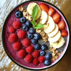 To create a delicious triple berry smoothie bowl, you'll need some simple and fresh ingredients. Here’s what you’ll gather: - 1 cup frozen strawberries - 1 cup frozen blueberries - 1 cup frozen raspberries - 1 ripe banana, sliced - 1/2 cup Greek yogurt or a dairy-free alternative - 1/2 cup almond milk or any milk you prefer - 1 tablespoon honey or maple syrup for sweetness (optional) - Toppings: Freshly sliced fruits like banana and kiwi, granola, chia seeds, toasted coconut flakes, and fresh mint leaves These ingredients come together to make a refreshing and tasty treat. The frozen berries give a thick and creamy texture. The ripe banana adds natural sweetness. Greek yogurt will make it rich and smooth. Almond milk provides a light base, while honey or maple syrup can sweeten it to your liking. Feel free to mix and match toppings to suit your taste. This smoothie bowl is not just filling; it’s also packed with vitamins and nutrients. You can find the full recipe for this delightful dish above, which will guide you step-by-step in making your own. Enjoy! Start by adding the frozen fruits to your blender. Use one cup each of frozen strawberries, blueberries, and raspberries. Next, add a sliced ripe banana, half a cup of Greek yogurt, and half a cup of almond milk. Blend all these ingredients until the mixture is smooth and creamy. This should take about 30 seconds on high speed. If your smoothie is too thick, add a little more almond milk. Blend again until you reach your desired consistency. If you like it sweeter, add one tablespoon of honey or maple syrup. Pulse the blender briefly to mix in the sweetener fully. Pour the smoothie into two bowls. Make sure each bowl has the same amount. Use the back of a spoon to smooth the tops. This creates a nice surface for your toppings. Now comes the fun part! Decorate your smoothie bowls with toppings. You can use freshly sliced fruits like bananas and kiwis. Sprinkle on some granola for crunch. Add chia seeds and toasted coconut flakes. Don’t forget a few fresh mint leaves for color. Be creative with your arrangements for a beautiful presentation. Using a mix of berries adds flavor and nutrients. Each berry brings its own health perks. Strawberries boost vitamin C, while blueberries are high in antioxidants. Raspberries contain fiber that helps digestion. You can choose fresh or frozen berries. Fresh berries are great when in season. Look for bright colors and no soft spots. For frozen berries, check the bag for no added sugars. They can be just as nutritious and are convenient. The texture of your smoothie bowl matters. You want it thick and creamy. Start with frozen fruits and add less milk at first. If it’s too thick, gradually add more almond milk until it’s just right. If you like it creamier, add more Greek yogurt. Playing with these ingredients helps you find your perfect mix. You can serve smoothie bowls any time of day. They work well for breakfast or a snack. Pair your bowl with whole-grain toast or nut butter for a full meal. Topping ideas add fun and flavor. Try adding fresh fruits, nuts, or seeds to customize your bowl. Enjoy your smoothie bowl right away for the best taste. The fresh toppings make it look great and taste even better. For the full recipe, check out the recipe section above. {{image_4}} You can change the berries in your smoothie bowl with seasonal fruits. Fresh strawberries in spring and peaches in summer taste great. Try using blackberries or cherries in the summer, too. You can mix flavors by adding a touch of citrus, like lime or lemon. This can brighten your smoothie bowl and add a zesty kick. There are many ways to adapt this smoothie bowl for different diets. If you're dairy-free, use coconut yogurt instead of Greek yogurt. You can also try almond or oat milk if you want something creamy. For a vegan option, skip honey and use maple syrup. These swaps can change the nutrition. Dairy-free options often have lower calories but may lack some protein. Always read labels to know what you’re getting. You can easily adjust this recipe for more or fewer servings. If you want to make it for four, just double the ingredients. When meal prepping, you can blend extra smoothie and keep it in the fridge. Just use a tight container for storage. Remember to stir it before serving. You can also freeze smoothie bowls in individual portions. This way, you have a quick breakfast ready to go! To keep your leftover smoothie fresh, store it in the fridge. Use a glass jar with a tight lid. This helps seal in the flavor and nutrients. If you can, drink it within 24 hours for the best taste. If you have more than one bowl, divide it into smaller jars. This way, you can have quick snacks on hand. If you want to save your smoothie bowl for later, freezing works great. Pour the smoothie mixture into freezer-safe containers. Leave a little space at the top. This allows for expansion as it freezes. When you want to eat it, take it out and let it thaw in the fridge overnight. You can also microwave it for a quick warm-up. Just stir well to keep a nice, smooth texture. The fruits in your smoothie bowl can last a while in the fridge. Strawberries, blueberries, and raspberries keep well for about five days. A ripe banana is best eaten within two days. Greek yogurt stays fresh for about one to three weeks. Always check for signs of spoilage. Look for unusual smells, changes in texture, or mold. If you see any of these, it’s best to toss it out. You can boost your smoothie bowl in many ways. Here are some great options: - Protein powder: This adds protein to keep you full. - Nut butters: Almond or peanut butter adds healthy fat and flavor. - Chia seeds: These tiny seeds pack fiber and omega-3 fatty acids. - Flaxseed meal: It gives your bowl a nutty taste and adds fiber. - Oats: Rolled oats make your smoothie thicker and add whole grains. Mix and match these boosters to fit your taste! Yes, you can prepare your smoothie bowl ahead of time. Here are some tips: - Prep the base: Blend the smoothie mixture and store it in the fridge. - Keep toppings separate: Store toppings in containers to keep them fresh. - Use airtight containers: This helps prevent spills and keeps flavors strong. - Eat within 24 hours: For the best taste, enjoy your smoothie bowl the next day. Thicker smoothie bowls are fun to eat! Here are some ways to achieve that: - Add more frozen fruit: Using more frozen berries makes it thicker. - Use less liquid: Cut back on almond milk to keep it rich and creamy. - Include yogurt: Greek yogurt adds thickness and creaminess to the mix. - Try avocado: A ripe avocado can thicken your smoothie and add healthy fats. Absolutely, smoothie bowls are great for kids! Here are some kid-friendly ideas: - Sweeten it up: Add a bit of honey or maple syrup for extra sweetness. - Fun toppings: Use colorful fruits, sprinkles, or granola for a playful touch. - Blend different flavors: Mix in spinach or kale for added nutrients without the taste. - Serve with a smile: Let kids help with toppings for a fun kitchen activity. Enjoy making this triple berry smoothie bowl a family favorite! For the complete recipe, check out the Full Recipe section. This blog post has guided you through making a tasty smoothie bowl. We explored simple ingredients, easy steps, and creative toppings. You can adjust flavors and textures as you like. Remember to store leftovers properly to keep them fresh. Smile as you mix in seasonal fruits or special toppings for extra fun. Enjoy this healthy treat anytime! It can be perfect for breakfast or a snack. Dive into your smoothie bowl, and let each bite bring you joy.