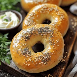 - 4 cups all-purpose flour - 1 packet (2 1/4 tsp) active dry yeast - 1 1/4 cups warm water (approximately 110°F or 43°C) - 1 tablespoon granulated sugar - 2 teaspoons salt - 1 tablespoon vegetable oil - 1/4 cup baking soda (for boiling) - 1 egg wash (1 egg beaten with 1 tablespoon water) - Everything bagel seasoning blend (including sesame seeds, poppy seeds, onion flakes, garlic flakes, and salt) - How to measure flour correctly: Use a spoon to scoop flour into a dry measuring cup. Avoid packing it down. Level it off with a knife for accuracy. - Importance of warm water temperature: Warm water activates the yeast. It should feel warm to the touch but not hot. Aim for around 110°F (43°C). - Alternatives for all-purpose flour: You can use bread flour for a chewier texture. If gluten-free, try a gluten-free flour blend. - Using different toppings: Mix it up! Try garlic powder, cheese, or even chili flakes for a spicy kick. To start, mix 1 tablespoon of granulated sugar and 1 packet of active dry yeast in a small bowl. Pour in 1 1/4 cups of warm water, about 110°F. Let this sit for 5-10 minutes. You will see bubbles form and foam appear. This means your yeast is active and ready to use. In a large bowl, combine 4 cups of all-purpose flour and 2 teaspoons of salt. Mix well. Make a well in the center and add the yeast mixture and 1 tablespoon of vegetable oil. Use your hands or a wooden spoon to bring the dough together. Once it forms a shaggy ball, transfer it to a floured surface. Knead for about 10 minutes until smooth and elastic. After kneading, shape your dough into a ball and place it in a greased bowl. Cover it with a towel and let it rise in a warm spot for about 1 hour. It should double in size. Once risen, punch it down and divide the dough into 8 pieces. Roll each piece into a ball, then poke a hole in the center with your finger. Gently stretch to form a bagel shape. Boil a large pot of water and add 1/4 cup of baking soda. Carefully place each bagel in the boiling water. Boil for 1 minute on each side. Use a slotted spoon to remove them and place them on a parchment-lined baking sheet. Preheat your oven to 425°F. Brush each bagel with an egg wash made from 1 beaten egg mixed with 1 tablespoon of water. Sprinkle everything bagel seasoning on top. Bake for 20-25 minutes until golden brown. Let them cool on a wire rack before serving. For the full recipe, refer to the beginning of this article. To make smooth bagels, knead your dough well. Aim for about 10 minutes of kneading. This helps develop gluten, giving your bagels their perfect chew. If the dough feels sticky, add a little more flour as you knead. For the best texture, boil the bagels before baking. The boiling step creates that classic chewy crust. Make sure your water is at a rolling boil before adding the bagels. This will help them rise and get that golden color. One common mistake is overproofing the dough. If you let it rise for too long, your bagels may be too airy and fall apart. Keep an eye on your dough. It should double in size, but not exceed that. Another mistake is not boiling long enough. Each bagel should be in the boiling water for about 1 minute on each side. This step is key for a great texture. If you skip or rush this, you might end up with bagels that are too soft. For toppings, cream cheese is a classic choice. You can also try butter or avocado. Fresh herbs like dill or chives can add a nice touch. If you want extra flavor, consider smoked salmon or tomato slices. When serving the bagels, place them on a rustic wooden board. This gives a nice, homey feel. You can add a small bowl of cream cheese and a sprinkle of fresh herbs for color. This not only looks great but also invites everyone to dig in! {{image_4}} You can change the flavor of your bagels easily. Here are two fun ideas: - Adding herbs or spices: Mix in dried herbs like rosemary or thyme for a savory twist. You can also try spices like smoked paprika or even a pinch of cayenne for heat. Just add about one tablespoon of your choice when mixing the flour and salt. - Cheese-stuffed bagels: For a cheesy surprise, place a piece of cheese in the center before shaping your bagels. Cream cheese, cheddar, or mozzarella work well. Just remember to seal the dough well, so the cheese doesn’t leak out when baking. You can enjoy bagels even if you have dietary needs. Here are two options: - Gluten-free adaptations: Use a gluten-free flour blend instead of all-purpose flour. Make sure it has xanthan gum for a good texture. Follow the same steps to prepare your dough. - Vegan bagel options: Substitute the egg wash with a mixture of almond milk and maple syrup. This gives a nice glaze without using eggs. You can also use vegetable oil instead of butter in any toppings. Bagels can match the seasons too! Here are some ideas: - Festive bagel toppings for holidays: For Thanksgiving, try a pumpkin spice blend on your bagels. For Christmas, sprinkle on crushed candy canes for a sweet touch. - Unique flavor combinations: Mix cream cheese with herbs or fruit spreads. Try adding smoked salmon and capers for a classic brunch bagel. The options are endless! For more detailed instructions, check the Full Recipe. Store your homemade everything bagels at room temperature. Keep them in a paper bag to let air in. This helps keep them fresh for a day or two. If you want to keep them longer, use the fridge. Just remember, refrigeration can make them go stale faster. For the best storage, vacuum seal your bagels. This keeps out air and moisture. You can also freeze them. Wrap each bagel in plastic wrap, then place them in a freezer bag. They can last up to three months in the freezer. If your bagels get stale, don’t worry! You can revive them. Just sprinkle some water on the bagel and bake it at 350°F for about 10 minutes. This brings back the soft texture. To keep your bagels fresh, avoid storing them in plastic bags. Instead, use a cloth bag or a bread box. This helps air circulate and keeps them from getting soggy. Always store them away from direct sunlight. When it comes to reheating, you have options. The toaster works well, giving you a nice crunch. Set it to medium and toast until golden. You can also use the oven. Preheat it to 350°F and bake for 5-10 minutes. This method warms the bagels evenly and keeps them soft inside. Whichever way you choose, enjoy your bagels warm! For the full recipe, check out the Homemade Everything Bagels section. The everything bagel first appeared in New York City in the 1980s. It combines flavors from different bagel types. The name reflects its mix of toppings, like sesame and poppy seeds, onion flakes, and garlic. This blend of flavors became popular quickly. It offers a taste experience like no other. You can bake bagels without boiling, but they will not have the same chewy texture. Boiling helps create a crust and gives the bagels their signature bite. Without boiling, the bagels become softer and less dense. The boiling process is crucial for achieving that perfect bagel we all love. Homemade everything bagels last about three days at room temperature. Store them in a paper bag or wrapped in a kitchen towel. For longer freshness, keep them in the fridge for up to a week. You can freeze bagels for up to three months to preserve their taste and texture. Yes, you can use bread flour. Bread flour has more protein, which gives bagels a chewier texture. All-purpose flour works well, too, but it may yield a softer bagel. If you want a denser bagel, stick with bread flour. Adjust your water amount slightly based on the flour type you choose. You can get creative with toppings! Try cream cheese, smoked salmon, avocado, or hummus. You can also mix in herbs, spices, or different cheeses. Some popular alternatives include everything seasoning, cinnamon sugar, or even jalapeño for a kick. The options are endless! Look for a rich golden brown color on your bagels. They should feel firm but slightly soft when pressed. If you tap the bottom, it should sound hollow. This means they have baked long enough. Trust these signs to know when your bagels are ready to enjoy. We explored the art of making bagels together. You now know the key ingredients and their measurements. You learned how to activate yeast and prepare dough. I shared tips for shaping, boiling, and baking bagels for perfect results. Plus, we discussed storage and reheating methods to keep bagels fresh. Remember, experimenting with flavors and toppings makes each batch unique. Enjoy your homemade bagels, and wow your friends and family with your skills.