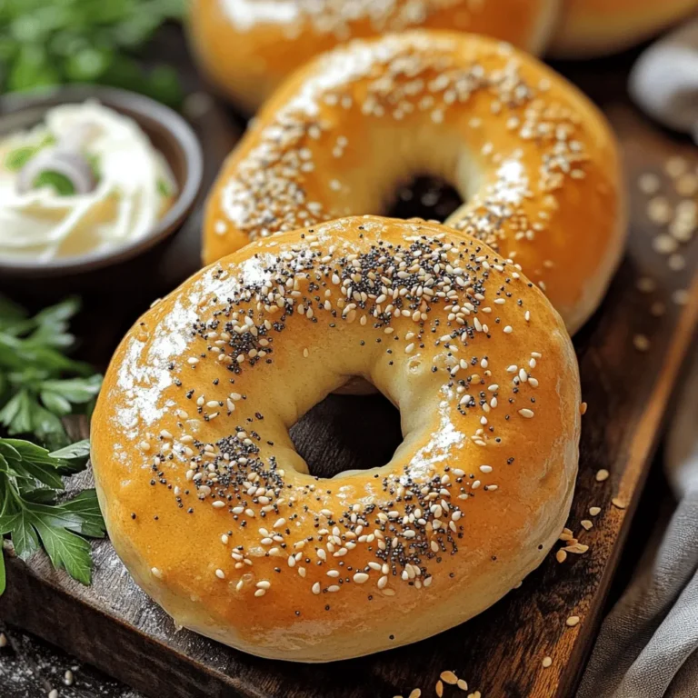 - 4 cups all-purpose flour - 1 packet (2 1/4 tsp) active dry yeast - 1 1/4 cups warm water (approximately 110°F or 43°C) - 1 tablespoon granulated sugar - 2 teaspoons salt - 1 tablespoon vegetable oil - 1/4 cup baking soda (for boiling) - 1 egg wash (1 egg beaten with 1 tablespoon water) - Everything bagel seasoning blend (including sesame seeds, poppy seeds, onion flakes, garlic flakes, and salt) - How to measure flour correctly: Use a spoon to scoop flour into a dry measuring cup. Avoid packing it down. Level it off with a knife for accuracy. - Importance of warm water temperature: Warm water activates the yeast. It should feel warm to the touch but not hot. Aim for around 110°F (43°C). - Alternatives for all-purpose flour: You can use bread flour for a chewier texture. If gluten-free, try a gluten-free flour blend. - Using different toppings: Mix it up! Try garlic powder, cheese, or even chili flakes for a spicy kick. To start, mix 1 tablespoon of granulated sugar and 1 packet of active dry yeast in a small bowl. Pour in 1 1/4 cups of warm water, about 110°F. Let this sit for 5-10 minutes. You will see bubbles form and foam appear. This means your yeast is active and ready to use. In a large bowl, combine 4 cups of all-purpose flour and 2 teaspoons of salt. Mix well. Make a well in the center and add the yeast mixture and 1 tablespoon of vegetable oil. Use your hands or a wooden spoon to bring the dough together. Once it forms a shaggy ball, transfer it to a floured surface. Knead for about 10 minutes until smooth and elastic. After kneading, shape your dough into a ball and place it in a greased bowl. Cover it with a towel and let it rise in a warm spot for about 1 hour. It should double in size. Once risen, punch it down and divide the dough into 8 pieces. Roll each piece into a ball, then poke a hole in the center with your finger. Gently stretch to form a bagel shape. Boil a large pot of water and add 1/4 cup of baking soda. Carefully place each bagel in the boiling water. Boil for 1 minute on each side. Use a slotted spoon to remove them and place them on a parchment-lined baking sheet. Preheat your oven to 425°F. Brush each bagel with an egg wash made from 1 beaten egg mixed with 1 tablespoon of water. Sprinkle everything bagel seasoning on top. Bake for 20-25 minutes until golden brown. Let them cool on a wire rack before serving. For the full recipe, refer to the beginning of this article. To make smooth bagels, knead your dough well. Aim for about 10 minutes of kneading. This helps develop gluten, giving your bagels their perfect chew. If the dough feels sticky, add a little more flour as you knead. For the best texture, boil the bagels before baking. The boiling step creates that classic chewy crust. Make sure your water is at a rolling boil before adding the bagels. This will help them rise and get that golden color. One common mistake is overproofing the dough. If you let it rise for too long, your bagels may be too airy and fall apart. Keep an eye on your dough. It should double in size, but not exceed that. Another mistake is not boiling long enough. Each bagel should be in the boiling water for about 1 minute on each side. This step is key for a great texture. If you skip or rush this, you might end up with bagels that are too soft. For toppings, cream cheese is a classic choice. You can also try butter or avocado. Fresh herbs like dill or chives can add a nice touch. If you want extra flavor, consider smoked salmon or tomato slices. When serving the bagels, place them on a rustic wooden board. This gives a nice, homey feel. You can add a small bowl of cream cheese and a sprinkle of fresh herbs for color. This not only looks great but also invites everyone to dig in! {{image_4}} You can change the flavor of your bagels easily. Here are two fun ideas: - Adding herbs or spices: Mix in dried herbs like rosemary or thyme for a savory twist. You can also try spices like smoked paprika or even a pinch of cayenne for heat. Just add about one tablespoon of your choice when mixing the flour and salt. - Cheese-stuffed bagels: For a cheesy surprise, place a piece of cheese in the center before shaping your bagels. Cream cheese, cheddar, or mozzarella work well. Just remember to seal the dough well, so the cheese doesn’t leak out when baking. You can enjoy bagels even if you have dietary needs. Here are two options: - Gluten-free adaptations: Use a gluten-free flour blend instead of all-purpose flour. Make sure it has xanthan gum for a good texture. Follow the same steps to prepare your dough. - Vegan bagel options: Substitute the egg wash with a mixture of almond milk and maple syrup. This gives a nice glaze without using eggs. You can also use vegetable oil instead of butter in any toppings. Bagels can match the seasons too! Here are some ideas: - Festive bagel toppings for holidays: For Thanksgiving, try a pumpkin spice blend on your bagels. For Christmas, sprinkle on crushed candy canes for a sweet touch. - Unique flavor combinations: Mix cream cheese with herbs or fruit spreads. Try adding smoked salmon and capers for a classic brunch bagel. The options are endless! For more detailed instructions, check the Full Recipe. Store your homemade everything bagels at room temperature. Keep them in a paper bag to let air in. This helps keep them fresh for a day or two. If you want to keep them longer, use the fridge. Just remember, refrigeration can make them go stale faster. For the best storage, vacuum seal your bagels. This keeps out air and moisture. You can also freeze them. Wrap each bagel in plastic wrap, then place them in a freezer bag. They can last up to three months in the freezer. If your bagels get stale, don’t worry! You can revive them. Just sprinkle some water on the bagel and bake it at 350°F for about 10 minutes. This brings back the soft texture. To keep your bagels fresh, avoid storing them in plastic bags. Instead, use a cloth bag or a bread box. This helps air circulate and keeps them from getting soggy. Always store them away from direct sunlight. When it comes to reheating, you have options. The toaster works well, giving you a nice crunch. Set it to medium and toast until golden. You can also use the oven. Preheat it to 350°F and bake for 5-10 minutes. This method warms the bagels evenly and keeps them soft inside. Whichever way you choose, enjoy your bagels warm! For the full recipe, check out the Homemade Everything Bagels section. The everything bagel first appeared in New York City in the 1980s. It combines flavors from different bagel types. The name reflects its mix of toppings, like sesame and poppy seeds, onion flakes, and garlic. This blend of flavors became popular quickly. It offers a taste experience like no other. You can bake bagels without boiling, but they will not have the same chewy texture. Boiling helps create a crust and gives the bagels their signature bite. Without boiling, the bagels become softer and less dense. The boiling process is crucial for achieving that perfect bagel we all love. Homemade everything bagels last about three days at room temperature. Store them in a paper bag or wrapped in a kitchen towel. For longer freshness, keep them in the fridge for up to a week. You can freeze bagels for up to three months to preserve their taste and texture. Yes, you can use bread flour. Bread flour has more protein, which gives bagels a chewier texture. All-purpose flour works well, too, but it may yield a softer bagel. If you want a denser bagel, stick with bread flour. Adjust your water amount slightly based on the flour type you choose. You can get creative with toppings! Try cream cheese, smoked salmon, avocado, or hummus. You can also mix in herbs, spices, or different cheeses. Some popular alternatives include everything seasoning, cinnamon sugar, or even jalapeño for a kick. The options are endless! Look for a rich golden brown color on your bagels. They should feel firm but slightly soft when pressed. If you tap the bottom, it should sound hollow. This means they have baked long enough. Trust these signs to know when your bagels are ready to enjoy. We explored the art of making bagels together. You now know the key ingredients and their measurements. You learned how to activate yeast and prepare dough. I shared tips for shaping, boiling, and baking bagels for perfect results. Plus, we discussed storage and reheating methods to keep bagels fresh. Remember, experimenting with flavors and toppings makes each batch unique. Enjoy your homemade bagels, and wow your friends and family with your skills.