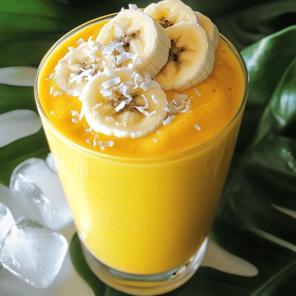 To make a tasty mango pineapple smoothie, you need the following ingredients: - 1 ripe mango, peeled and diced into bite-sized pieces - 1 cup fresh pineapple, peeled and diced into small chunks - 1 medium banana, sliced into rounds - 1 cup coconut water for hydrating goodness - 1/2 cup Greek yogurt for an ultra-creamy texture (optional) - 1 tablespoon honey or agave syrup, or to taste for a touch of sweetness (optional) - A handful of ice cubes to chill your smoothie Mangoes and pineapples are not just sweet; they are also full of good things. Mangoes are high in vitamin C. They help your skin and boost your immune system. Mangoes also have fiber, which is good for your digestion. Pineapples are rich in bromelain, an enzyme that helps reduce swelling. They also have lots of vitamins and minerals. Together, these fruits make a smoothie that is tasty and healthy. You can add more to your smoothie for different tastes. Here are some ideas: - Spinach or kale for added nutrients - Chia seeds for fiber and omega-3s - A scoop of protein powder for a boost - Almond milk or soy milk instead of coconut water for a creamier base These additions can change your smoothie from good to great. You can find the full recipe above for step-by-step guidance. To make this tasty mango pineapple smoothie, follow these simple steps. First, take your ripe mango and peel it. Cut it into bite-sized pieces. Next, do the same with fresh pineapple. Make sure to cut it into small chunks. Now, slice your banana into rounds. Place all the fruits into your blender. Pour in one cup of coconut water to help blend the fruits. If you want a creamier drink, add Greek yogurt now. You can also drizzle honey or agave syrup for sweetness. Adjust the amount based on your taste. Now, add a handful of ice cubes. It will keep your smoothie cool and refreshing. Secure the lid tightly. Blend on high speed until completely smooth. If needed, pause to scrape down the sides. This ensures all ingredients mix well. After blending, taste your smoothie. If you want it sweeter, add more honey or agave syrup. Blend again for a few seconds. Once you achieve your desired taste, pour the smoothie into chilled glasses. This gives it an extra refreshing touch. To get the best consistency for your smoothie, start with softer fruits. Ripe mangoes and bananas blend easily. If your smoothie is too thick, add more coconut water. Blend again until smooth. If it’s too thin, add more ice or fruit. Make sure to blend at high speed. This helps break down all the fruit bits. If your blender struggles, stop and stir. Then, blend again. This ensures a creamy texture without lumps. For a great presentation, garnish your smoothie. Place a slice of fresh mango or a pineapple wedge on the glass rim. You can also add a colorful straw for fun. Serve immediately for the best taste. If you want to be creative, try different toppings. Chopped nuts or shredded coconut can add crunch. You can also sprinkle some chia seeds on top. These little details make your smoothie look special and inviting. For the full recipe, check out the Tropical Bliss Mango Pineapple Smoothie. When choosing a blender, look for a strong motor. A blender with at least 600 watts works well. This power helps blend fruits smoothly. A personal blender is good for small batches. A full-sized blender can handle larger amounts. Both types can make your mango pineapple smoothie shine. To find ripe mangoes, look for a slight give when you press. A sweet smell at the stem end is also a good sign. For pineapples, check the color; it should be golden. Pull a leaf from the top. If it comes out easily, the pineapple is ripe. Picking ripe fruits makes your smoothie taste great. One common mistake is using unripe fruit. This can make your smoothie taste sour. Another mistake is adding too much liquid. This makes the smoothie thin and less flavorful. Over-blending can also ruin the texture. Blend just until smooth for the best results. Following these tips helps you avoid mistakes. {{image_4}} If you want a dairy-free Mango Pineapple Smoothie, skip the Greek yogurt. Instead, you can use a plant-based yogurt made from coconut or almond milk. These options keep the smoothie creamy without any dairy. You can also add a splash of almond milk or oat milk for added richness. Both choices give you a smooth texture and a nice taste. Adding leafy greens is a fun way to boost nutrition. You can toss in a handful of fresh spinach or kale. These greens mix well with the sweet flavors of mango and pineapple. They add vitamins and minerals without changing the taste much. I love how they make the smoothie even healthier. Try blending them in with the other fruits for a vibrant green drink. Want to make your smoothie more filling? Add some protein powder or nut butter. A scoop of vanilla protein powder blends easily and adds a creamy finish. If you prefer nut butter, almond or peanut butter works well. It gives a nice nutty flavor and adds healthy fats. Just a tablespoon can make your smoothie even more satisfying. For the full recipe, check out the Tropical Bliss Mango Pineapple Smoothie. There are many ways to make it your own! If you have leftover smoothie, store it in a sealed container. Glass jars work best. Keep it in the fridge for up to two days. Before you drink it, shake or stir it. This helps mix the ingredients again. To save time, freeze your smoothie ingredients. Chop and prep fruits like mango and pineapple. Place them in freezer bags. Use them within three months for best taste. You can blend frozen fruit without thawing. This makes your smoothie extra cold and refreshing. To keep mangoes and pineapples fresh, store them in the fridge. Place them in a crisper drawer if you can. Check them regularly for any soft spots. Consume ripe fruit within a few days. For longer storage, peel and chop them. Store in airtight containers and keep them in the freezer. This way, you always have fresh ingredients ready for your smoothie. Yes, you can make a Mango Pineapple Smoothie ahead of time. If you plan to drink it later, I suggest storing it in the fridge. The smoothie stays fresh for about a day. Just remember to give it a good shake before drinking. This helps mix the ingredients again, as they may separate a bit. If you don't have coconut water, don't worry! You can use regular water or almond milk as a substitute. Both options will keep your smoothie smooth and tasty. Almond milk will add a nice nutty flavor. You can also use fruit juice if you want a sweeter taste. Just keep in mind that juice can add extra sugar. Absolutely! Using frozen fruits in your smoothie works great. Frozen mango and pineapple can make your drink extra cold and thick. They blend well and keep the smoothie refreshing. Just remember to check if the frozen fruit has added sugar. If it does, you may want to skip adding more sweeteners. This blog covered how to make a tasty Mango Pineapple Smoothie. You learned about the best ingredients, their health benefits, and optional flavors. The step-by-step guide helped you blend a smooth drink with tips for perfect texture. You now have tricks for choosing fresh fruits and the right blender. We explored fun variations, storage tips, and common mistakes. With this knowledge, enjoy creating your favorite smoothie today. Happy blending!