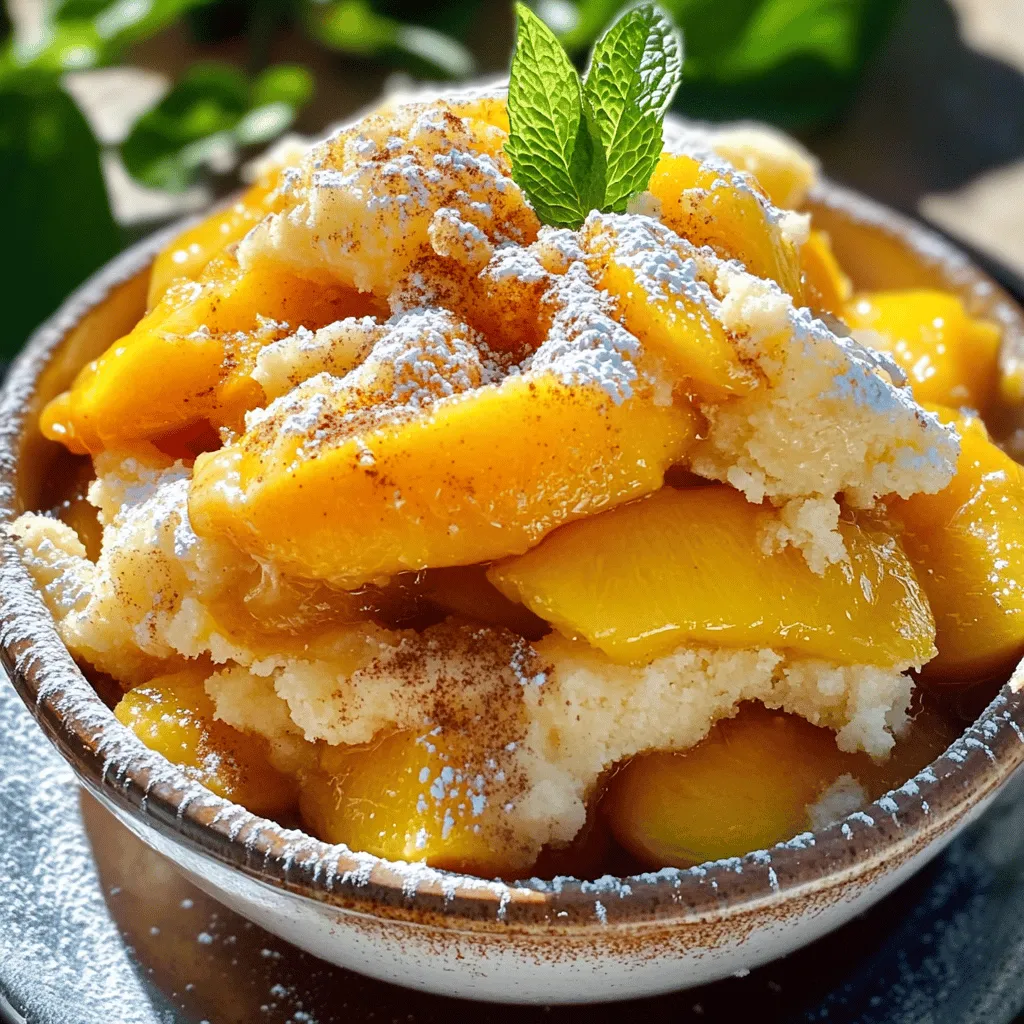 To make a great peach cobbler dump cake, gather these simple ingredients: - 4 cups fresh or canned peaches, drained and sliced - 1 cup granulated sugar - 1 cup all-purpose flour - 1 cup almond milk (or your preferred milk) - 1 cup unsalted butter, melted - 1 teaspoon vanilla extract - 1 tablespoon baking powder - 1 teaspoon ground cinnamon - 1/4 teaspoon salt - 1 cup crumbled vanilla cake mix (or yellow cake mix) - Ice cream or whipped cream, for serving (optional) Accurate measuring is key for a great dump cake. Here are some tips: - Use dry measuring cups for flour and sugar. - Spoon flour into the cup and level it off with a knife. - For liquids, use a clear measuring cup for easy reading. - Always pack brown sugar firmly into the cup. If you're missing an ingredient, don't worry! Here are some substitutes: - Use fresh peaches or canned ones in syrup. - Swap almond milk for any milk you like, such as oat or soy. - If you lack cake mix, you can use a simple homemade flour mix. - For a dairy-free option, replace butter with coconut oil. Having the right ingredients makes this peach cobbler dump cake a joy to bake. Let your creativity shine in the kitchen! Making peach cobbler dump cake is easy and fun! You need to gather the ingredients first. This cake comes together quickly and requires little prep time. 1. Preheat the Oven: Set your oven to 350°F (175°C). This helps the cake cook evenly. 2. Prepare the Peaches: In a big bowl, mix 4 cups of peaches with 1 cup of sugar. Let it sit for about 10 minutes. This helps the peaches release their juices. 3. Make the Batter: In another bowl, sift together 1 cup of flour, 1 tablespoon of baking powder, 1 teaspoon of cinnamon, and 1/4 teaspoon of salt. Gradually add in 1 cup of almond milk and 1 cup of melted butter. Stir in 1 teaspoon of vanilla extract until smooth. 4. Layer the Ingredients: Grease a 9x13 inch pan. Spread the peach mixture on the bottom of the pan. Then, pour the batter over the peaches evenly. 5. Add the Cake Mix: Sprinkle 1 cup of crumbled vanilla cake mix on top. Don't mix it in; just let it sit there. 6. Bake: Place the pan in the oven and bake for 35 to 45 minutes. It’s ready when the top is golden brown and a toothpick comes out clean. 7. Cool and Serve: Let the cake cool for a few minutes. You can serve it warm or at room temperature, with ice cream or whipped cream if you like. - Not Draining Peaches Properly: If using canned peaches, make sure to drain them well. Too much juice can make the cake soggy. - Skipping the Resting Time: Letting the peaches sit with sugar is key. This step makes the filling sweeter and juicier. - Mixing the Cake Mix: Remember, do not mix the cake mix into the batter! Let it create a crumbly topping. This simple recipe is a great way to enjoy a sweet dessert with minimal fuss. Try it for your next family gathering! For the full recipe, check out the Full Recipe section. To make your peach cobbler dump cake just right, focus on the layers. Start by mixing the peaches with sugar. Let them sit for a bit. This helps the juices mix well. For the batter, mix the dry ingredients first. Then, add the almond milk and melted butter slowly. This keeps the batter smooth. When you layer the peaches and batter, pour the batter gently. This way, it stays fluffy. In the oven, watch for a golden brown color. A toothpick should come out clean, showing it's cooked well. Serve your cake warm for the best taste. Cut it into squares and place them in bowls. You can add a scoop of ice cream on top. It melts and makes a creamy blend with the warm cake. If you prefer, you can use whipped cream instead. For a special touch, sprinkle a little cinnamon on top. This gives your dessert a lovely aroma and flavor. Enjoy it fresh for the best experience. This peach cobbler dump cake pairs well with many drinks. A cold glass of lemonade works great. You can also try sweet tea for a southern twist. For coffee lovers, a rich coffee complements the dessert nicely. If you want something more fun, consider a fruity cocktail. These drinks balance the sweetness of the cake. Each pairing enhances your dessert experience. {{image_4}} You can switch the peaches for other fruits. This makes the dump cake fun and unique. Try using canned or fresh cherries, blueberries, or apples. Each fruit brings its own flavor. For example, cherry dump cake tastes sweet and tart. Blueberry dump cake is juicy and fresh. Just keep the same amount of fruit. You can make this dessert gluten-free and dairy-free with simple changes. Use gluten-free all-purpose flour instead of regular flour. For the milk, almond milk is a great choice. You can also use coconut milk or oat milk. These swaps keep the cake moist and tasty. Just make sure your cake mix is gluten-free too. Get creative with toppings and mix-ins for your dump cake. You can add nuts like walnuts or pecans for crunch. Sprinkle some shredded coconut for a tropical twist. Consider adding chocolate chips for a sweeter touch. Serve with ice cream or whipped cream for extra fun. These little changes will make your dessert stand out! To keep your peach cobbler dump cake fresh, store it in an airtight container. This helps prevent it from drying out. Place the cooled cake in the fridge. It stays good for about 3 to 5 days. If you plan to eat it later, consider cutting it into portions for easy serving. When you want to enjoy your leftover cake, reheating is key. Preheat your oven to 350°F (175°C). Place a slice of cake in a baking dish. Cover it with foil to keep it moist. Warm it for about 15 to 20 minutes. You can also use the microwave. Heat a slice for about 30 seconds. Check to see if it's warm enough. Add a scoop of ice cream on top for a treat! Freezing is a great way to save your peach cobbler dump cake for later. First, let the cake cool completely. Wrap it tightly in plastic wrap. Then, place it in a freezer-safe bag or container. Label it with the date. It can last up to 2 months in the freezer. To enjoy, thaw it overnight in the fridge. Reheat it as mentioned above. Enjoy your cake just like it was fresh! Yes, you can use frozen peaches. Thaw them first and drain any extra juice. This keeps the cake from getting too soggy. Frozen peaches work well and still taste great in the dump cake. To sweeten the peach filling, add more sugar. You can also mix in honey or maple syrup. Taste the filling before baking. Adjust the sweetness to your liking. Remember, the cake mix adds some sweetness too. Dump cake is easier to make than cobbler. You simply "dump" the ingredients in layers. Cobblers usually have a biscuit or pie crust topping. Dump cakes have a cake mix on top. Both are delicious but differ in texture and preparation. For the full recipe, check out the Peachy Paradise Dump Cake! This post covered essential ingredients, step-by-step instructions, and helpful tips. You learned how to measure accurately and find suitable substitutes. We talked about common mistakes and how to achieve the best texture. You now have ways to store your dish and answers to frequent questions. Remember, experimentation leads to great flavors. Happy cooking!