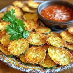 - 2 medium zucchinis - 1 cup panko bread crumbs - 1/2 cup grated Parmesan cheese - Garlic powder - Onion powder - Smoked paprika - Salt - Black pepper - 1 large egg - Cooking spray When making crispy air fryer zucchini chips, you need fresh zucchini. Choose medium-sized zucchinis for the best taste. Slice them into thin rounds. Thin slices cook quickly and get crisp. Panko bread crumbs are key for crunch. They give a light texture. Grated Parmesan cheese adds a rich flavor. It melts slightly and creates a tasty crust. Spices make a big difference. Garlic powder and onion powder give savory notes. Smoked paprika adds a nice depth. Salt and black pepper enhance all the flavors. You will also need one large egg. Beating the egg helps the crumbs stick to the zucchini. Finally, use cooking spray for a crispier finish. Olive oil or avocado oil works great here. This mix of ingredients makes a simple and tasty snack. Try the full recipe for step-by-step guidance! First, preheat your air fryer to 400°F (200°C). This helps the zucchini chips cook evenly. Next, slice the zucchinis into thin rounds, about 1/4 inch thick. Thinner slices will turn out crispier. Make sure to keep the slices as uniform as possible for even cooking. In a shallow bowl, combine the panko bread crumbs, Parmesan cheese, garlic powder, onion powder, smoked paprika, salt, and black pepper. Mix these dry ingredients well. In another bowl, beat one large egg until it’s frothy. This egg will help the crumbs stick to the zucchini. Now, take a zucchini slice and dip it into the beaten egg. Let any extra egg drip off before moving to the next step. Then, place the slice into the panko mixture. Press down gently to make sure the crumbs stick well on all sides. Repeat this process with each zucchini slice. Once coated, arrange the zucchini chips in a single layer in the air fryer basket. Make sure there is space between each chip; this allows hot air to circulate and crisp them up. If you have many slices, fry them in batches. To make them extra crunchy, lightly spray the tops of the zucchini chips with cooking spray. Cook the chips for 10-12 minutes, flipping them halfway through. Watch closely; they should turn golden brown. Cooking times may vary, so check your air fryer settings. When done, remove the chips and let them cool on a wire rack for a few minutes. This helps them stay crispy. Serve them warm with your favorite dip. For the full recipe, check out the details provided. To get that perfect crunch, spacing is key. Place the zucchini slices in a single layer. This allows the hot air to move around each chip. If you crowd the basket, your chips may steam instead of crisping up. You might need to cook in batches. For the best results, use a good cooking spray. Olive oil or avocado oil works wonders. Lightly spray the tops of the zucchini chips before air frying. This adds flavor and helps them crisp up nicely. You can easily change up the flavor of your zucchini chips. Try adding dried herbs like oregano or basil to the breading mix. You can also use garlic powder or chili powder for a spicy kick. Different types of cheese can make a big impact, too. Instead of Parmesan, use cheddar or mozzarella. Each cheese will change the taste and texture of your chips. Serving your crispy zucchini chips can be fun! Arrange them on a colorful platter for a nice touch. Garnish with freshly chopped parsley or a sprinkle of extra cheese. Pair your chips with a tasty dip, like ranch or marinara sauce. This not only adds flavor but makes your dish look even more inviting. Enjoy sharing these with friends and family! {{image_4}} You can easily switch up the flavor of your zucchini chips. For an Italian twist, add dried herbs like oregano and basil. Mix these into your panko. This gives the chips a nice herby flavor. You can also sprinkle some grated Parmesan on top before air frying. Another option is to spice things up! Add cayenne pepper to your panko mix for some heat. Just a pinch will do, but feel free to add more if you like it hot. Zucchini isn’t the only veggie you can use. Eggplant makes a great alternative. Sweet potatoes also work well. Just remember, they may need different cooking times. Eggplant slices may take a little longer, while sweet potato chips might cook faster. Cut them thin to ensure they crisp up nicely. If you need a gluten-free snack, you can swap panko for gluten-free breadcrumbs. Many brands offer great options that still give a nice crunch. Just check the labels to ensure they fit your needs. This way, everyone can enjoy crispy chips without worry. To keep your leftover zucchini chips fresh, use an airtight container. A glass or plastic container works well. Place a paper towel inside to absorb moisture. This helps keep the chips crispy. Avoid stacking them to prevent crushing. If you have a lot, consider using multiple containers. When you want to reheat your zucchini chips, use the air fryer again. Preheat it to 350°F (175°C). Place the chips in the basket for about 3-5 minutes. This will help restore their crunch. Avoid using the microwave, as it makes them soggy. A quick reheat in the air fryer brings back the crispiness. Yes, you can freeze zucchini chips! For best results, freeze them before cooking. Lay the uncooked chips on a baking sheet. Freeze them for 1-2 hours, then transfer to a freezer bag. Remove excess air and seal tight. You can cook them directly from frozen. Just add a few extra minutes to the cooking time. If you freeze them after cooking, they may lose some crunch. Crispy zucchini chips can last about 3 to 5 days when stored well. Keep them in an airtight container at room temperature. If you want them to stay fresh, avoid the fridge. Cold air can make them soggy. Yes, you can use regular breadcrumbs, but the texture will be different. Panko is lighter and crunchier. Regular breadcrumbs tend to be finer and denser. This means zucchini chips made with panko will be crispier. If you want that crunch, stick to panko. No, it's not necessary to peel zucchinis. The skin adds color and nutrients. Some people prefer peeling for a softer texture. If you like a more tender bite, feel free to peel. It's all about your taste. Zucchini chips pair well with many dips. I recommend ranch dressing for a classic choice. Marinara sauce also works great for a tasty twist. If you want a kick, try a spicy aioli. The right dip can elevate your snack! For the full recipe, check out the Crispy Air Fryer Zucchini Chips recipe. Making crispy zucchini chips is easy and fun. We covered the key ingredients, like zucchinis and panko. You learned the steps to prepare, coat, and air fry them. Plus, I shared tips for the crispiest texture and fun flavor variations. Consider exploring different veggies or flavors. These chips are versatile and great for snacks. Enjoy your cooking and feel free to experiment. Try new dips or toppings to make them even better. The possibilities are endless.