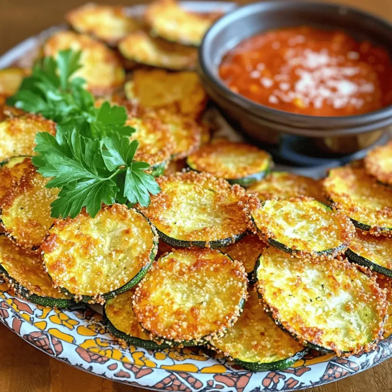 - 2 medium zucchinis - 1 cup panko bread crumbs - 1/2 cup grated Parmesan cheese - Garlic powder - Onion powder - Smoked paprika - Salt - Black pepper - 1 large egg - Cooking spray When making crispy air fryer zucchini chips, you need fresh zucchini. Choose medium-sized zucchinis for the best taste. Slice them into thin rounds. Thin slices cook quickly and get crisp. Panko bread crumbs are key for crunch. They give a light texture. Grated Parmesan cheese adds a rich flavor. It melts slightly and creates a tasty crust. Spices make a big difference. Garlic powder and onion powder give savory notes. Smoked paprika adds a nice depth. Salt and black pepper enhance all the flavors. You will also need one large egg. Beating the egg helps the crumbs stick to the zucchini. Finally, use cooking spray for a crispier finish. Olive oil or avocado oil works great here. This mix of ingredients makes a simple and tasty snack. Try the full recipe for step-by-step guidance! First, preheat your air fryer to 400°F (200°C). This helps the zucchini chips cook evenly. Next, slice the zucchinis into thin rounds, about 1/4 inch thick. Thinner slices will turn out crispier. Make sure to keep the slices as uniform as possible for even cooking. In a shallow bowl, combine the panko bread crumbs, Parmesan cheese, garlic powder, onion powder, smoked paprika, salt, and black pepper. Mix these dry ingredients well. In another bowl, beat one large egg until it’s frothy. This egg will help the crumbs stick to the zucchini. Now, take a zucchini slice and dip it into the beaten egg. Let any extra egg drip off before moving to the next step. Then, place the slice into the panko mixture. Press down gently to make sure the crumbs stick well on all sides. Repeat this process with each zucchini slice. Once coated, arrange the zucchini chips in a single layer in the air fryer basket. Make sure there is space between each chip; this allows hot air to circulate and crisp them up. If you have many slices, fry them in batches. To make them extra crunchy, lightly spray the tops of the zucchini chips with cooking spray. Cook the chips for 10-12 minutes, flipping them halfway through. Watch closely; they should turn golden brown. Cooking times may vary, so check your air fryer settings. When done, remove the chips and let them cool on a wire rack for a few minutes. This helps them stay crispy. Serve them warm with your favorite dip. For the full recipe, check out the details provided. To get that perfect crunch, spacing is key. Place the zucchini slices in a single layer. This allows the hot air to move around each chip. If you crowd the basket, your chips may steam instead of crisping up. You might need to cook in batches. For the best results, use a good cooking spray. Olive oil or avocado oil works wonders. Lightly spray the tops of the zucchini chips before air frying. This adds flavor and helps them crisp up nicely. You can easily change up the flavor of your zucchini chips. Try adding dried herbs like oregano or basil to the breading mix. You can also use garlic powder or chili powder for a spicy kick. Different types of cheese can make a big impact, too. Instead of Parmesan, use cheddar or mozzarella. Each cheese will change the taste and texture of your chips. Serving your crispy zucchini chips can be fun! Arrange them on a colorful platter for a nice touch. Garnish with freshly chopped parsley or a sprinkle of extra cheese. Pair your chips with a tasty dip, like ranch or marinara sauce. This not only adds flavor but makes your dish look even more inviting. Enjoy sharing these with friends and family! {{image_4}} You can easily switch up the flavor of your zucchini chips. For an Italian twist, add dried herbs like oregano and basil. Mix these into your panko. This gives the chips a nice herby flavor. You can also sprinkle some grated Parmesan on top before air frying. Another option is to spice things up! Add cayenne pepper to your panko mix for some heat. Just a pinch will do, but feel free to add more if you like it hot. Zucchini isn’t the only veggie you can use. Eggplant makes a great alternative. Sweet potatoes also work well. Just remember, they may need different cooking times. Eggplant slices may take a little longer, while sweet potato chips might cook faster. Cut them thin to ensure they crisp up nicely. If you need a gluten-free snack, you can swap panko for gluten-free breadcrumbs. Many brands offer great options that still give a nice crunch. Just check the labels to ensure they fit your needs. This way, everyone can enjoy crispy chips without worry. To keep your leftover zucchini chips fresh, use an airtight container. A glass or plastic container works well. Place a paper towel inside to absorb moisture. This helps keep the chips crispy. Avoid stacking them to prevent crushing. If you have a lot, consider using multiple containers. When you want to reheat your zucchini chips, use the air fryer again. Preheat it to 350°F (175°C). Place the chips in the basket for about 3-5 minutes. This will help restore their crunch. Avoid using the microwave, as it makes them soggy. A quick reheat in the air fryer brings back the crispiness. Yes, you can freeze zucchini chips! For best results, freeze them before cooking. Lay the uncooked chips on a baking sheet. Freeze them for 1-2 hours, then transfer to a freezer bag. Remove excess air and seal tight. You can cook them directly from frozen. Just add a few extra minutes to the cooking time. If you freeze them after cooking, they may lose some crunch. Crispy zucchini chips can last about 3 to 5 days when stored well. Keep them in an airtight container at room temperature. If you want them to stay fresh, avoid the fridge. Cold air can make them soggy. Yes, you can use regular breadcrumbs, but the texture will be different. Panko is lighter and crunchier. Regular breadcrumbs tend to be finer and denser. This means zucchini chips made with panko will be crispier. If you want that crunch, stick to panko. No, it's not necessary to peel zucchinis. The skin adds color and nutrients. Some people prefer peeling for a softer texture. If you like a more tender bite, feel free to peel. It's all about your taste. Zucchini chips pair well with many dips. I recommend ranch dressing for a classic choice. Marinara sauce also works great for a tasty twist. If you want a kick, try a spicy aioli. The right dip can elevate your snack! For the full recipe, check out the Crispy Air Fryer Zucchini Chips recipe. Making crispy zucchini chips is easy and fun. We covered the key ingredients, like zucchinis and panko. You learned the steps to prepare, coat, and air fry them. Plus, I shared tips for the crispiest texture and fun flavor variations. Consider exploring different veggies or flavors. These chips are versatile and great for snacks. Enjoy your cooking and feel free to experiment. Try new dips or toppings to make them even better. The possibilities are endless.