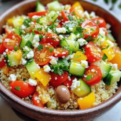 To make a great Greek Quinoa Bowl, you need fresh and healthy ingredients. Here are the key ingredients: - 1 cup quinoa, thoroughly rinsed - 2 cups vegetable broth or water - 1 cup cherry tomatoes, halved - 1 cucumber, diced into small pieces - 1 bell pepper (either red or yellow), diced - 1/4 red onion, finely chopped - 1/2 cup Kalamata olives, pitted and thinly sliced - 1/2 cup feta cheese, crumbled - 1/4 cup fresh parsley, finely chopped - 3 tablespoons extra-virgin olive oil - 2 tablespoons fresh lemon juice - 1 teaspoon dried oregano - Salt and freshly ground pepper to taste These ingredients create a bright and colorful dish, perfect for any meal. When making this bowl, choose the freshest ingredients you can find. Fresh vegetables make a big difference in taste. Try to buy: - Ripe cherry tomatoes for sweetness - Crisp cucumbers for crunch - Bright bell peppers for color and flavor - Fresh parsley for a burst of freshness Using high-quality fresh ingredients brings out the best in your dish. You might already have some of these staples at home. They are essential for flavor: - Quinoa, a great source of protein - Olive oil, which adds richness - Dried oregano, for that classic Greek taste - Fresh lemon juice, which brightens the dish - Salt and pepper, for seasoning These pantry staples are key to creating a flavorful Greek Quinoa Bowl. For the full recipe to make this delicious meal, check out Mediterranean Quinoa Delight. To start, rinse 1 cup of quinoa under cold water. This step removes any bitter taste. Next, in a medium saucepan, bring 2 cups of vegetable broth or water to a boil. Once it boils, add the rinsed quinoa. Stir it briefly, then reduce the heat to low and cover the pan. Let it simmer for about 15 minutes. The quinoa will expand and absorb all the liquid. After 15 minutes, remove the pan from heat but keep it covered for another 5 minutes. This extra time helps the quinoa steam. Finally, fluff it with a fork to separate the grains. Now, grab a large mixing bowl. Combine the following fresh ingredients: - 1 cup cherry tomatoes, halved - 1 cucumber, diced into small pieces - 1 bell pepper (either red or yellow), diced - 1/4 red onion, finely chopped - 1/2 cup Kalamata olives, pitted and thinly sliced - 1/2 cup feta cheese, crumbled - 1/4 cup fresh parsley, finely chopped Mix these ingredients well. The colors will be bright and inviting. In a separate small bowl, whisk together: - 3 tablespoons extra-virgin olive oil - 2 tablespoons fresh lemon juice - 1 teaspoon dried oregano - A pinch of salt and freshly ground pepper Blend these well until smooth. This dressing adds a zesty flavor to your salad. Once ready, add the fluffed quinoa to the bowl with the vegetable mix. Drizzle the dressing over the top. Toss everything gently until well combined. The quinoa and veggies should be coated evenly. For a nice touch, sprinkle chopped fresh parsley on top just before serving. For the full recipe, check out Mediterranean Quinoa Delight. Enjoy creating this healthy meal! To get light and airy quinoa, follow these steps. After cooking, let it sit covered for 5 minutes. This steaming helps with fluffiness. Use a fork to fluff the quinoa gently. Avoid using a spoon, as it can mash the grains. Fluffed quinoa will make your Greek quinoa bowl taste better. Adding herbs can boost the flavor of your bowl. Fresh herbs like dill, mint, or basil work well. A touch of fresh thyme can add depth too. You can mix these herbs with the parsley for a fresh twist. Don’t be afraid to experiment with different combinations to find your favorite. Presentation is key for a beautiful dish. Serve in individual bowls or on a large platter. Start with a layer of fluffy quinoa as your base. Then, pile the colorful veggies on top. Drizzle extra olive oil and lemon juice right before serving. This adds flavor and makes the dish shine. Enjoy making your meal not just tasty, but also a feast for the eyes! {{image_4}} You can easily make this Greek quinoa bowl vegetarian or vegan. Simply swap the feta cheese for a plant-based cheese. You can also add avocados for a creamy texture. Another option is to mix in chickpeas or lentils for extra protein and fiber. These changes keep the dish fresh and tasty. To make the quinoa bowl more filling, add proteins like grilled chicken, shrimp, or tofu. Chicken breast adds a nice flavor and texture. Shrimp cooks fast and pairs well with the salad. Tofu is a great vegan choice; just marinate it for extra flavor. You can also try adding boiled eggs for a protein boost. The dressing can change the whole flavor of the bowl. If you want something zesty, try adding some garlic or Dijon mustard to the olive oil. For a spicy kick, mix in some red pepper flakes or sriracha. Balsamic vinegar gives a sweet touch, while tahini adds a nutty flavor. You can try many combinations to find your favorite. For the full recipe, check out the Mediterranean Quinoa Delight. To keep your Greek quinoa bowl fresh, start by placing it in an airtight container. Ensure the bowl cools to room temperature before sealing. This helps prevent moisture buildup. Store the container in the fridge. It will last for about three to four days. You can freeze your quinoa salad if you have more leftovers. Use freezer-safe containers or bags. Make sure to remove as much air as possible. Label your containers with the date. When stored correctly, it can last for up to three months. When you’re ready to enjoy your Greek quinoa bowl again, take it out of the fridge or freezer. For fridge leftovers, you can eat them cold or reheat them. To reheat, place the quinoa in a microwave-safe bowl. Add a splash of water to keep it moist. Cover it loosely and heat for about one to two minutes. Stir halfway to ensure even heating. For frozen quinoa, thaw it overnight in the fridge before reheating it. This keeps the texture nice and fluffy. For the full recipe, check out the Mediterranean Quinoa Delight. Quinoa is a superfood packed with nutrients. It is a complete protein, which means it has all nine essential amino acids. This makes it great for muscle health. Quinoa is also high in fiber, which aids digestion and keeps you full longer. It has antioxidants that fight free radicals, helping to reduce the risk of chronic diseases. Quinoa is gluten-free, making it a safe choice for those with gluten sensitivities. Adding quinoa to your diet can boost overall health. Yes, you can make the Greek Quinoa Bowl ahead of time. It stores well in the fridge for a few days. Cook the quinoa and mix it with the veggies and dressing. Keep the salad in an airtight container to keep it fresh. If you make it in advance, let the flavors blend overnight. This makes the dish even tastier! Just remember to give it a good toss before serving. If you want to skip feta cheese, there are great options. Try using goat cheese for a similar taste. For a dairy-free choice, use tofu or a plant-based feta. You can also try nutritional yeast for a cheesy flavor without dairy. Another option is to use avocado. It adds creaminess and healthy fats to the dish. Choose what fits your taste best. Making the Greek Quinoa Bowl gluten-free is easy. Quinoa is naturally gluten-free, so you are already on the right track! Just ensure that all other ingredients are also gluten-free. Check labels on items like olives and dressings. Some store-bought dressings may contain gluten. Use fresh lemon juice and olive oil to make a simple dressing at home. This way, you can enjoy your meal without any gluten worries. This article covered how to make a Greek Quinoa Bowl. You learned about key ingredients, step-by-step preparation, and best practices for storage. You also discovered tasty variations and helpful answers to your common questions. Making this dish is easy and fun. Experiment with new flavors and fresh ingredients. Enjoy your healthy meal and share it with others. Don't hesitate to try something new! Your kitchen is now an exciting place for creativity.