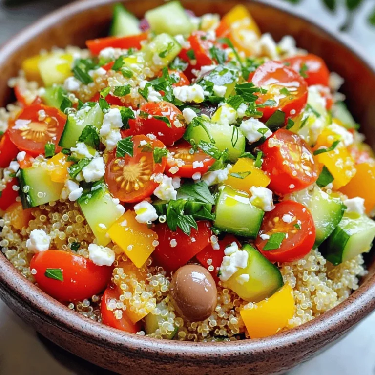 To make a great Greek Quinoa Bowl, you need fresh and healthy ingredients. Here are the key ingredients: - 1 cup quinoa, thoroughly rinsed - 2 cups vegetable broth or water - 1 cup cherry tomatoes, halved - 1 cucumber, diced into small pieces - 1 bell pepper (either red or yellow), diced - 1/4 red onion, finely chopped - 1/2 cup Kalamata olives, pitted and thinly sliced - 1/2 cup feta cheese, crumbled - 1/4 cup fresh parsley, finely chopped - 3 tablespoons extra-virgin olive oil - 2 tablespoons fresh lemon juice - 1 teaspoon dried oregano - Salt and freshly ground pepper to taste These ingredients create a bright and colorful dish, perfect for any meal. When making this bowl, choose the freshest ingredients you can find. Fresh vegetables make a big difference in taste. Try to buy: - Ripe cherry tomatoes for sweetness - Crisp cucumbers for crunch - Bright bell peppers for color and flavor - Fresh parsley for a burst of freshness Using high-quality fresh ingredients brings out the best in your dish. You might already have some of these staples at home. They are essential for flavor: - Quinoa, a great source of protein - Olive oil, which adds richness - Dried oregano, for that classic Greek taste - Fresh lemon juice, which brightens the dish - Salt and pepper, for seasoning These pantry staples are key to creating a flavorful Greek Quinoa Bowl. For the full recipe to make this delicious meal, check out Mediterranean Quinoa Delight. To start, rinse 1 cup of quinoa under cold water. This step removes any bitter taste. Next, in a medium saucepan, bring 2 cups of vegetable broth or water to a boil. Once it boils, add the rinsed quinoa. Stir it briefly, then reduce the heat to low and cover the pan. Let it simmer for about 15 minutes. The quinoa will expand and absorb all the liquid. After 15 minutes, remove the pan from heat but keep it covered for another 5 minutes. This extra time helps the quinoa steam. Finally, fluff it with a fork to separate the grains. Now, grab a large mixing bowl. Combine the following fresh ingredients: - 1 cup cherry tomatoes, halved - 1 cucumber, diced into small pieces - 1 bell pepper (either red or yellow), diced - 1/4 red onion, finely chopped - 1/2 cup Kalamata olives, pitted and thinly sliced - 1/2 cup feta cheese, crumbled - 1/4 cup fresh parsley, finely chopped Mix these ingredients well. The colors will be bright and inviting. In a separate small bowl, whisk together: - 3 tablespoons extra-virgin olive oil - 2 tablespoons fresh lemon juice - 1 teaspoon dried oregano - A pinch of salt and freshly ground pepper Blend these well until smooth. This dressing adds a zesty flavor to your salad. Once ready, add the fluffed quinoa to the bowl with the vegetable mix. Drizzle the dressing over the top. Toss everything gently until well combined. The quinoa and veggies should be coated evenly. For a nice touch, sprinkle chopped fresh parsley on top just before serving. For the full recipe, check out Mediterranean Quinoa Delight. Enjoy creating this healthy meal! To get light and airy quinoa, follow these steps. After cooking, let it sit covered for 5 minutes. This steaming helps with fluffiness. Use a fork to fluff the quinoa gently. Avoid using a spoon, as it can mash the grains. Fluffed quinoa will make your Greek quinoa bowl taste better. Adding herbs can boost the flavor of your bowl. Fresh herbs like dill, mint, or basil work well. A touch of fresh thyme can add depth too. You can mix these herbs with the parsley for a fresh twist. Don’t be afraid to experiment with different combinations to find your favorite. Presentation is key for a beautiful dish. Serve in individual bowls or on a large platter. Start with a layer of fluffy quinoa as your base. Then, pile the colorful veggies on top. Drizzle extra olive oil and lemon juice right before serving. This adds flavor and makes the dish shine. Enjoy making your meal not just tasty, but also a feast for the eyes! {{image_4}} You can easily make this Greek quinoa bowl vegetarian or vegan. Simply swap the feta cheese for a plant-based cheese. You can also add avocados for a creamy texture. Another option is to mix in chickpeas or lentils for extra protein and fiber. These changes keep the dish fresh and tasty. To make the quinoa bowl more filling, add proteins like grilled chicken, shrimp, or tofu. Chicken breast adds a nice flavor and texture. Shrimp cooks fast and pairs well with the salad. Tofu is a great vegan choice; just marinate it for extra flavor. You can also try adding boiled eggs for a protein boost. The dressing can change the whole flavor of the bowl. If you want something zesty, try adding some garlic or Dijon mustard to the olive oil. For a spicy kick, mix in some red pepper flakes or sriracha. Balsamic vinegar gives a sweet touch, while tahini adds a nutty flavor. You can try many combinations to find your favorite. For the full recipe, check out the Mediterranean Quinoa Delight. To keep your Greek quinoa bowl fresh, start by placing it in an airtight container. Ensure the bowl cools to room temperature before sealing. This helps prevent moisture buildup. Store the container in the fridge. It will last for about three to four days. You can freeze your quinoa salad if you have more leftovers. Use freezer-safe containers or bags. Make sure to remove as much air as possible. Label your containers with the date. When stored correctly, it can last for up to three months. When you’re ready to enjoy your Greek quinoa bowl again, take it out of the fridge or freezer. For fridge leftovers, you can eat them cold or reheat them. To reheat, place the quinoa in a microwave-safe bowl. Add a splash of water to keep it moist. Cover it loosely and heat for about one to two minutes. Stir halfway to ensure even heating. For frozen quinoa, thaw it overnight in the fridge before reheating it. This keeps the texture nice and fluffy. For the full recipe, check out the Mediterranean Quinoa Delight. Quinoa is a superfood packed with nutrients. It is a complete protein, which means it has all nine essential amino acids. This makes it great for muscle health. Quinoa is also high in fiber, which aids digestion and keeps you full longer. It has antioxidants that fight free radicals, helping to reduce the risk of chronic diseases. Quinoa is gluten-free, making it a safe choice for those with gluten sensitivities. Adding quinoa to your diet can boost overall health. Yes, you can make the Greek Quinoa Bowl ahead of time. It stores well in the fridge for a few days. Cook the quinoa and mix it with the veggies and dressing. Keep the salad in an airtight container to keep it fresh. If you make it in advance, let the flavors blend overnight. This makes the dish even tastier! Just remember to give it a good toss before serving. If you want to skip feta cheese, there are great options. Try using goat cheese for a similar taste. For a dairy-free choice, use tofu or a plant-based feta. You can also try nutritional yeast for a cheesy flavor without dairy. Another option is to use avocado. It adds creaminess and healthy fats to the dish. Choose what fits your taste best. Making the Greek Quinoa Bowl gluten-free is easy. Quinoa is naturally gluten-free, so you are already on the right track! Just ensure that all other ingredients are also gluten-free. Check labels on items like olives and dressings. Some store-bought dressings may contain gluten. Use fresh lemon juice and olive oil to make a simple dressing at home. This way, you can enjoy your meal without any gluten worries. This article covered how to make a Greek Quinoa Bowl. You learned about key ingredients, step-by-step preparation, and best practices for storage. You also discovered tasty variations and helpful answers to your common questions. Making this dish is easy and fun. Experiment with new flavors and fresh ingredients. Enjoy your healthy meal and share it with others. Don't hesitate to try something new! Your kitchen is now an exciting place for creativity.