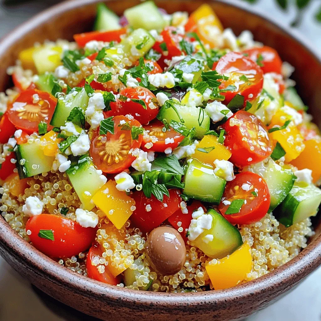 To make a great Greek Quinoa Bowl, you need fresh and healthy ingredients. Here are the key ingredients: - 1 cup quinoa, thoroughly rinsed - 2 cups vegetable broth or water - 1 cup cherry tomatoes, halved - 1 cucumber, diced into small pieces - 1 bell pepper (either red or yellow), diced - 1/4 red onion, finely chopped - 1/2 cup Kalamata olives, pitted and thinly sliced - 1/2 cup feta cheese, crumbled - 1/4 cup fresh parsley, finely chopped - 3 tablespoons extra-virgin olive oil - 2 tablespoons fresh lemon juice - 1 teaspoon dried oregano - Salt and freshly ground pepper to taste These ingredients create a bright and colorful dish, perfect for any meal. When making this bowl, choose the freshest ingredients you can find. Fresh vegetables make a big difference in taste. Try to buy: - Ripe cherry tomatoes for sweetness - Crisp cucumbers for crunch - Bright bell peppers for color and flavor - Fresh parsley for a burst of freshness Using high-quality fresh ingredients brings out the best in your dish. You might already have some of these staples at home. They are essential for flavor: - Quinoa, a great source of protein - Olive oil, which adds richness - Dried oregano, for that classic Greek taste - Fresh lemon juice, which brightens the dish - Salt and pepper, for seasoning These pantry staples are key to creating a flavorful Greek Quinoa Bowl. For the full recipe to make this delicious meal, check out Mediterranean Quinoa Delight. To start, rinse 1 cup of quinoa under cold water. This step removes any bitter taste. Next, in a medium saucepan, bring 2 cups of vegetable broth or water to a boil. Once it boils, add the rinsed quinoa. Stir it briefly, then reduce the heat to low and cover the pan. Let it simmer for about 15 minutes. The quinoa will expand and absorb all the liquid. After 15 minutes, remove the pan from heat but keep it covered for another 5 minutes. This extra time helps the quinoa steam. Finally, fluff it with a fork to separate the grains. Now, grab a large mixing bowl. Combine the following fresh ingredients: - 1 cup cherry tomatoes, halved - 1 cucumber, diced into small pieces - 1 bell pepper (either red or yellow), diced - 1/4 red onion, finely chopped - 1/2 cup Kalamata olives, pitted and thinly sliced - 1/2 cup feta cheese, crumbled - 1/4 cup fresh parsley, finely chopped Mix these ingredients well. The colors will be bright and inviting. In a separate small bowl, whisk together: - 3 tablespoons extra-virgin olive oil - 2 tablespoons fresh lemon juice - 1 teaspoon dried oregano - A pinch of salt and freshly ground pepper Blend these well until smooth. This dressing adds a zesty flavor to your salad. Once ready, add the fluffed quinoa to the bowl with the vegetable mix. Drizzle the dressing over the top. Toss everything gently until well combined. The quinoa and veggies should be coated evenly. For a nice touch, sprinkle chopped fresh parsley on top just before serving. For the full recipe, check out Mediterranean Quinoa Delight. Enjoy creating this healthy meal! To get light and airy quinoa, follow these steps. After cooking, let it sit covered for 5 minutes. This steaming helps with fluffiness. Use a fork to fluff the quinoa gently. Avoid using a spoon, as it can mash the grains. Fluffed quinoa will make your Greek quinoa bowl taste better. Adding herbs can boost the flavor of your bowl. Fresh herbs like dill, mint, or basil work well. A touch of fresh thyme can add depth too. You can mix these herbs with the parsley for a fresh twist. Don’t be afraid to experiment with different combinations to find your favorite. Presentation is key for a beautiful dish. Serve in individual bowls or on a large platter. Start with a layer of fluffy quinoa as your base. Then, pile the colorful veggies on top. Drizzle extra olive oil and lemon juice right before serving. This adds flavor and makes the dish shine. Enjoy making your meal not just tasty, but also a feast for the eyes! {{image_4}} You can easily make this Greek quinoa bowl vegetarian or vegan. Simply swap the feta cheese for a plant-based cheese. You can also add avocados for a creamy texture. Another option is to mix in chickpeas or lentils for extra protein and fiber. These changes keep the dish fresh and tasty. To make the quinoa bowl more filling, add proteins like grilled chicken, shrimp, or tofu. Chicken breast adds a nice flavor and texture. Shrimp cooks fast and pairs well with the salad. Tofu is a great vegan choice; just marinate it for extra flavor. You can also try adding boiled eggs for a protein boost. The dressing can change the whole flavor of the bowl. If you want something zesty, try adding some garlic or Dijon mustard to the olive oil. For a spicy kick, mix in some red pepper flakes or sriracha. Balsamic vinegar gives a sweet touch, while tahini adds a nutty flavor. You can try many combinations to find your favorite. For the full recipe, check out the Mediterranean Quinoa Delight. To keep your Greek quinoa bowl fresh, start by placing it in an airtight container. Ensure the bowl cools to room temperature before sealing. This helps prevent moisture buildup. Store the container in the fridge. It will last for about three to four days. You can freeze your quinoa salad if you have more leftovers. Use freezer-safe containers or bags. Make sure to remove as much air as possible. Label your containers with the date. When stored correctly, it can last for up to three months. When you’re ready to enjoy your Greek quinoa bowl again, take it out of the fridge or freezer. For fridge leftovers, you can eat them cold or reheat them. To reheat, place the quinoa in a microwave-safe bowl. Add a splash of water to keep it moist. Cover it loosely and heat for about one to two minutes. Stir halfway to ensure even heating. For frozen quinoa, thaw it overnight in the fridge before reheating it. This keeps the texture nice and fluffy. For the full recipe, check out the Mediterranean Quinoa Delight. Quinoa is a superfood packed with nutrients. It is a complete protein, which means it has all nine essential amino acids. This makes it great for muscle health. Quinoa is also high in fiber, which aids digestion and keeps you full longer. It has antioxidants that fight free radicals, helping to reduce the risk of chronic diseases. Quinoa is gluten-free, making it a safe choice for those with gluten sensitivities. Adding quinoa to your diet can boost overall health. Yes, you can make the Greek Quinoa Bowl ahead of time. It stores well in the fridge for a few days. Cook the quinoa and mix it with the veggies and dressing. Keep the salad in an airtight container to keep it fresh. If you make it in advance, let the flavors blend overnight. This makes the dish even tastier! Just remember to give it a good toss before serving. If you want to skip feta cheese, there are great options. Try using goat cheese for a similar taste. For a dairy-free choice, use tofu or a plant-based feta. You can also try nutritional yeast for a cheesy flavor without dairy. Another option is to use avocado. It adds creaminess and healthy fats to the dish. Choose what fits your taste best. Making the Greek Quinoa Bowl gluten-free is easy. Quinoa is naturally gluten-free, so you are already on the right track! Just ensure that all other ingredients are also gluten-free. Check labels on items like olives and dressings. Some store-bought dressings may contain gluten. Use fresh lemon juice and olive oil to make a simple dressing at home. This way, you can enjoy your meal without any gluten worries. This article covered how to make a Greek Quinoa Bowl. You learned about key ingredients, step-by-step preparation, and best practices for storage. You also discovered tasty variations and helpful answers to your common questions. Making this dish is easy and fun. Experiment with new flavors and fresh ingredients. Enjoy your healthy meal and share it with others. Don't hesitate to try something new! Your kitchen is now an exciting place for creativity.