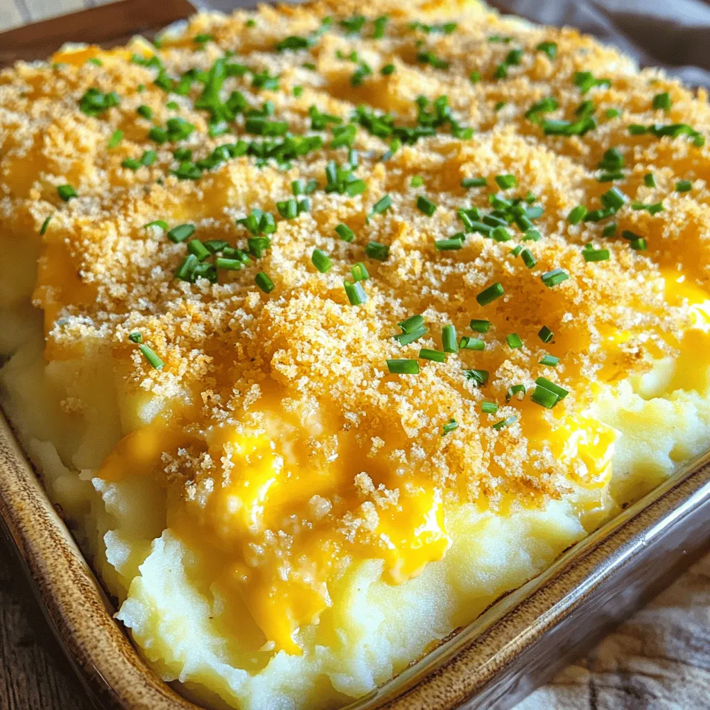 To make a tasty Cheesy Mashed Potato Casserole, gather these key ingredients: - 4 large russet potatoes, peeled and cut into uniform chunks - 1 cup shredded sharp cheddar cheese - 1/2 cup cream cheese, softened to room temperature - 1/2 cup whole milk - 4 tablespoons unsalted butter, plus extra for greasing - 1/2 teaspoon garlic powder - 1/2 teaspoon onion powder - Salt and freshly ground black pepper, to taste - 1/2 cup sour cream - 1 cup fresh chives, finely chopped (for garnish) - 1/2 cup panko breadcrumbs (for topping) - 1/4 cup grated Parmesan cheese You can add your own twist to this dish with these optional ingredients: - Bacon bits for a smoky flavor - Green onions for extra freshness - Different cheese blends like mozzarella or gouda - A splash of hot sauce for some heat - Russet potatoes: They give a fluffy texture. You can use Yukon gold for creaminess. - Sharp cheddar cheese: Use aged cheddar for a stronger taste or mozzarella for a milder flavor. - Cream cheese: If dairy-free, try a vegan cream cheese alternative. - Panko breadcrumbs: These create a crunchy topping. Regular breadcrumbs work too, just less crunchy. - Chives: Fresh herbs like parsley or dill can replace chives for different flavors. Feel free to explore with different ingredients. The Full Recipe will guide you through the process, ensuring your casserole is a hit! Start by peeling and cutting four large russet potatoes into even chunks. Place the chunks in a big pot and cover them with cold water. Bring the water to a boil over medium-high heat. Once boiling, add some salt. Lower the heat to medium and cook until the potatoes are fork-tender, which takes about 15 to 20 minutes. After that, drain the potatoes well and put them back in the pot. Now it's time to mash! In the pot with the drained potatoes, add four tablespoons of unsalted butter, half a cup of softened cream cheese, and half a cup of whole milk. Sprinkle in half a teaspoon each of garlic powder and onion powder. Add a bit of salt and pepper too. Use a potato masher or fork to mash everything until it’s creamy and smooth. Next, gently fold in one cup of shredded sharp cheddar cheese and half a cup of sour cream. Taste it and add more salt or pepper if you like. Preheat your oven to 350°F (175°C). Grease a 9x13 inch baking dish with some extra butter. Spread the creamy potato mixture into the dish, smoothing the top with a spatula. In a small bowl, mix half a cup of panko breadcrumbs with a quarter cup of grated Parmesan cheese. Sprinkle this topping over the mashed potatoes evenly. Bake the casserole in the oven for 25 to 30 minutes. Look for a golden-brown and crisp top. After baking, let it cool for a few minutes. Before serving, add fresh chives on top for a pop of color and flavor. Enjoy this tasty dish! For the full recipe, check out the section above. To make creamy mashed potatoes, start with the right potatoes. I recommend using russet potatoes. They are starchy and yield a fluffy texture. Always use cold water when boiling. This helps cook the potatoes evenly. Add salt to the water for better flavor. Once cooked, drain them well. This prevents a watery mash. Add room temperature butter and cream cheese. This makes mixing easier and keeps the mash smooth. A crispy topping makes your casserole shine. Use panko breadcrumbs for the best crunch. Combine them with grated Parmesan cheese. This mix adds flavor and a golden color. Sprinkle it evenly over the mashed potatoes. For extra crispiness, bake at 350°F until golden brown. Keep an eye on it. You want it crunchy, not burnt. Avoid overcooking your potatoes. They should be fork-tender but not mushy. If they’re overcooked, they can become gluey. Don’t skip the seasoning. A pinch of salt and pepper enhances the flavor. Also, mix gently when adding cheese and sour cream. Over-mixing can lead to a dense texture. Lastly, let your casserole cool for a few minutes before serving. This helps the layers set and makes it easier to serve. For the full recipe, check out the Cheesy Mashed Potato Casserole section. {{image_4}} You can make your Cheesy Mashed Potato Casserole even better by adding fun flavors. Consider mixing in cooked bacon, sautéed mushrooms, or caramelized onions. These add-ins bring a new taste and texture to your dish. You can also try adding fresh herbs like thyme or rosemary for a fresh twist. Incorporating vegetables can enhance your casserole. During fall, add roasted butternut squash or sweet potatoes. In spring, mix in peas or spinach for a bright touch. These seasonal vegetables not only boost flavor but also add nutrients. They make your casserole more colorful and appealing. If you need a vegan version, use plant-based milk and vegan cream cheese. Instead of cheddar, try vegan cheese shreds. For a gluten-free option, swap panko breadcrumbs for gluten-free ones or omit them altogether. These changes let you enjoy the casserole while meeting dietary needs, ensuring everyone can indulge. For the full recipe, check out the ingredients and instructions above. To keep your cheesy mashed potato casserole fresh, let it cool first. Once cooled, cover it tightly with plastic wrap or transfer it to an airtight container. Store it in the fridge for up to three days. If you want to keep it longer, freezing is a great option. When you’re ready to enjoy leftovers, preheat your oven to 350°F (175°C). Place the casserole in an oven-safe dish. Cover it with foil to keep it moist. Heat for about 20-25 minutes. If the top needs crisping, remove the foil during the last 5 minutes. You can also reheat portions in the microwave, but the oven gives the best texture. To freeze your casserole, wrap it well in plastic wrap and then aluminum foil. It will stay good for up to three months. When you want to use it, move it to the fridge to thaw overnight. After thawing, reheat it in the oven as mentioned above. Enjoy your cheesy mashed potato casserole warm and tasty! For the full recipe, check out the details above. You can make Cheesy Mashed Potato Casserole ahead of time. First, prepare the mashed potatoes as in the recipe. Then, place them into a greased baking dish. Cover the dish with plastic wrap and refrigerate. You can keep it in the fridge for up to two days. Before baking, let it sit on the counter for about 30 minutes. This helps it bake evenly. Bake as directed in the [Full Recipe]. Yes, you can use different types of cheese! Try using mozzarella for a gooey texture. You can also mix in some Gouda for a mild, smoky flavor. A blend of cheeses can make the dish even tastier. Just make sure the cheese melts well. Some great side dishes to pair with Cheesy Mashed Potato Casserole include: - Green beans: Their crispness balances the creaminess. - Roasted vegetables: These add color and flavor. - Grilled chicken: A light protein complements the rich casserole. - Garden salad: Fresh greens cut through the heaviness of the dish. To spice up your Cheesy Mashed Potato Casserole, you can add red pepper flakes or diced jalapeños to the mashed potatoes. Mixing in some spicy cheese, like pepper jack, also works well. For an extra kick, drizzle hot sauce over the top before serving. In this blog post, we explored making Cheesy Mashed Potato Casserole. We covered key ingredients and their substitutes, plus step-by-step instructions for perfect results. You learned tips for a creamy texture and a crispy topping. We also shared fun variations to customize your dish and storage tips to keep leftovers fresh. Remember, small changes can make a big difference. Enjoy your new skills in the kitchen!