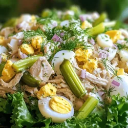 - 2 cups cooked chicken, shredded - 4 hard-boiled eggs, chopped - 1/2 cup dill pickles, finely chopped - 1/4 cup red onion, finely chopped - 1/2 cup celery, diced - 1 cup ranch dressing - 1 tablespoon Dijon mustard - 1 teaspoon garlic powder - Salt and pepper to taste - Fresh dill for garnish (optional) When I think about flavors in this dish, I get excited. The mix of chicken and eggs makes it hearty. The dill pickles add a nice crunch and tang. Red onion brings a slight bite, while celery gives freshness. Each bite bursts with flavor. I love using ranch dressing here. It ties all the ingredients together. Dijon mustard gives a subtle zing, while garlic powder adds depth. I always season with salt and pepper to bring everything to life. If you want to add a special touch, consider fresh dill as a garnish. It looks great and boosts flavor. Using these fresh ingredients makes a big difference. - Large mixing bowl - Small bowl for dressing - Whisk or spoon for mixing Having the right tools makes cooking easier. A large mixing bowl is key for combining everything. A small bowl works well for mixing the dressing. I like to use a whisk, but a spoon works too. These tools make the process smooth and fun. For the full recipe, check out the complete instructions, and get ready to enjoy this tasty dish. First, gather all your ingredients. Start with the chicken. You want to shred the cooked chicken into bite-sized pieces. This makes it easy to mix and eat later. Next, chop the hard-boiled eggs. I suggest using a sharp knife for clean cuts. Then, finely chop the dill pickles, red onion, and celery. This adds crunch and flavor to the salad. Now, take a large mixing bowl. Add the shredded chicken, chopped eggs, and the finely diced vegetables. Make sure everything is evenly mixed. This helps each bite be full of flavor. In a separate small bowl, prepare the dressing. Whisk together the ranch dressing, Dijon mustard, and garlic powder. Make sure to season it with salt and pepper to taste. Mix until it is smooth and creamy. Carefully pour the dressing over the salad mixture. Gently fold the dressing into the salad. Make sure every piece is coated well. This is where the magic happens! Taste your salad. Adjust the seasoning if needed. You might want to add a bit more salt or pepper. Once mixed, cover the bowl with plastic wrap. Refrigerate for at least 30 minutes. This chilling time allows the flavors to meld beautifully. When ready to enjoy, serve your Pickle Ranch Chicken and Egg Salad on a bed of fresh greens or as a sandwich filling. You can find the full recipe to guide you through each step. To boost the taste of your salad, add fresh herbs like dill or parsley. These herbs add brightness and freshness. You can also try adding a squeeze of lemon juice for a zingy twist. Feel free to experiment with other ingredients too. Chopped olives or sun-dried tomatoes can add depth. You could also mix in chopped bell peppers for added sweetness. Each ingredient brings its own unique flavor to the dish. Getting the right mix of creaminess and crunch is key. The ranch dressing adds creaminess, while the celery and pickles give that satisfying crunch. Make sure to chop your celery and pickles finely. This allows them to blend well, making every bite enjoyable. You can also toss in some chopped nuts like walnuts for extra texture. These will add a nice crunch that contrasts with the creamy dressing. Chilling the salad is a must. It helps the flavors blend and enhances the overall taste. After mixing, cover the bowl and refrigerate for at least 30 minutes. This wait allows the ingredients to soak up the dressing. If you prepare it a day ahead, the taste improves even more. Just remember to stir it well before serving. This ensures everything is evenly mixed and ready to enjoy. For the full recipe, check out the complete guide. {{image_4}} You can make Pickle Ranch Chicken and Egg Salad healthier with a few simple swaps. Try using low-fat ranch dressing instead of the regular kind. This change cuts fat but keeps flavor. Another great option is to substitute Greek yogurt for half of the ranch. This swap adds creaminess and protein, making your salad even better. Feel free to get creative with your proteins! You can use turkey instead of chicken for a different taste. If you're looking for a plant-based option, tofu works well too. For veggies, think about using seasonal produce. You can add diced bell peppers, shredded carrots, or even sweet corn. These swaps keep your salad fresh and exciting. How you serve your salad can make a big difference. Try spooning it onto a bed of mixed greens for a colorful plate. You can also use it as a filling for a sandwich or wrap. This gives you a fun way to enjoy the salad. For sides, pair it with crunchy veggies or crispy chips. This adds some texture and makes every bite delightful. For the full recipe, check out the detailed steps above. For storing Pickle Ranch Chicken and Egg Salad, choose airtight containers. Glass or plastic containers work well. The salad stays fresh in the fridge for about three to four days. Always ensure the lid is tight. This helps keep the flavors intact and prevents any unwanted smells from the fridge. Can you freeze Pickle Ranch Chicken and Egg Salad? Yes, but it's not ideal. Freezing may change the texture of the eggs and chicken. If you want to freeze it, place it in a freezer-safe container. Leave some space for the salad to expand. Thaw it overnight in the fridge before serving. To refresh and serve leftovers, mix the salad gently after thawing. You may want to add a bit more ranch dressing. This helps bring back the creamy texture. Serve it cold on greens or as a sandwich filling. You can also use it in wraps for a tasty meal. Pickle Ranch Chicken and Egg Salad is a tasty mix of chicken, eggs, and pickles. You combine shredded chicken with chopped hard-boiled eggs, diced celery, and red onion. The dish gets its zing from dill pickles and creamy ranch dressing. This salad is easy to make and packed with flavor. Yes, you can use leftover chicken! Shredded rotisserie chicken works great. Just make sure it's cooked and cooled before mixing. This saves time and adds flavor. You can whip up this dish in just a few minutes. This salad pairs well with many sides. Here are some ideas: - Fresh greens for a light meal. - Crackers or bread for a hearty option. - Veggie sticks for a crunchy snack. - A side of fruit for a sweet touch. To add heat, try these tips: - Mix in some diced jalapeños. - Add a splash of hot sauce to the dressing. - Sprinkle in some cayenne pepper or chili powder. These options will give your salad a nice kick. Presentation matters! Here are my recommendations: - Spoon the salad onto a bed of fresh greens. - Use it as a filling for sandwiches or wraps. - Garnish with fresh dill for a pop of color. Serving it this way makes it look as good as it tastes. For a full recipe, check out the section above. This blog post explored how to make a tasty Pickle Ranch Chicken and Egg Salad. We went over the key ingredients, tools, and step-by-step instructions to create this dish. I shared tips for boosting flavor and texture, along with helpful storage advice. You can customize the salad with different proteins or veggies. Remember, this dish is versatile and perfect for any meal. Enjoy it fresh or make it ahead for busy days. Try experimenting to find your favorite twist on this recipe.