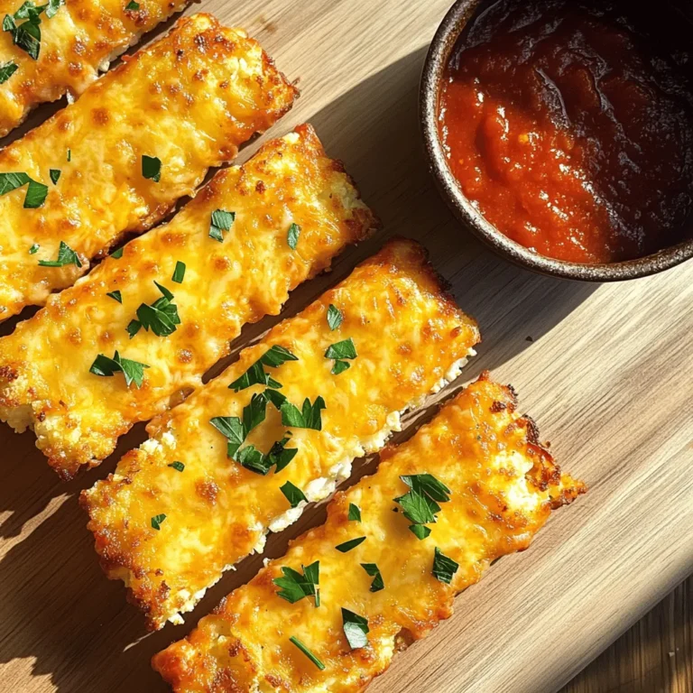 - 1 medium head of cauliflower (riced, approximately 4 cups) - 1 cup shredded mozzarella cheese - 1/2 cup grated parmesan cheese - 1 large egg - 1 teaspoon garlic powder - 1 teaspoon onion powder - 1 teaspoon Italian seasoning - Salt and freshly ground black pepper to taste - 1/4 cup finely chopped fresh parsley (for garnish) - Marinara sauce (for dipping) I love these cheesy cauliflower breadsticks because they are simple yet full of flavor. The main star is the riced cauliflower. It gives a great base while keeping things light. You start with a medium head of cauliflower, which you will rice until it looks like small grains. This is about four cups once riced. Next, the cheeses add that gooey goodness. I use one cup of shredded mozzarella cheese for that melty texture. Then, half a cup of grated parmesan cheese adds a sharp flavor. It balances the mozzarella perfectly. You’ll need one large egg to bind everything together. This helps the mixture stick and hold its shape once baked. Now, let’s spice it up! I add one teaspoon each of garlic powder, onion powder, and Italian seasoning. These spices elevate the taste, making it savory and aromatic. Don't forget the salt and pepper to taste; they are essential for bringing out all those great flavors. For those who want to add a little flair, you can garnish with finely chopped fresh parsley. It adds color and freshness. I also love dipping these breadsticks in marinara sauce. It’s a perfect match! For the full recipe, check out the complete guide to creating these delicious cheesy cauliflower breadsticks. - Preheat the oven to 425°F (220°C). - Rice the cauliflower and steam until tender. - Drain and cool the steamed cauliflower. Start by preheating your oven. This step helps the breadsticks cook evenly. Next, take a medium head of cauliflower. Use a food processor to rice it. This means making it small, like rice grains. Then, steam the riced cauliflower for about 5 to 7 minutes. It should be tender after steaming. After steaming, drain the cauliflower well. Let it cool for a bit. To remove extra water, use a clean kitchen towel. This step is crucial. If you skip it, your breadsticks may turn out soggy. - Combine all ingredients in a large mixing bowl. - Form a dough-like consistency. Now, grab a large mixing bowl. Add the riced cauliflower, shredded mozzarella, grated parmesan, and one egg. Sprinkle in garlic powder, onion powder, and Italian seasoning. Don't forget a pinch of salt and pepper! Mix everything well. You want a dough-like consistency. This mixture will hold your breadsticks together. - Shape the mixture into a rectangular slab on parchment paper. - Bake until golden brown and firm (20-25 minutes). Next, prepare your baking sheet. Line it with parchment paper. This helps prevent sticking. Carefully transfer your cauliflower mixture onto the parchment. Shape it into a rectangular slab. Aim for about 1/2 inch thick. Smooth out the edges for a nice look. Place the baking sheet in your hot oven. Bake for 20 to 25 minutes. Keep an eye on it. You want the breadsticks to be golden brown and firm to the touch. - Cool, slice, and garnish if desired. - Serve with marinara sauce. Once baked, take the breadsticks out. Let them cool for a few minutes on the baking sheet. Use a sharp knife or a pizza cutter to slice them into strips. If you want, sprinkle fresh parsley on top for color. These cheesy cauliflower breadsticks taste great warm. Serve them with marinara sauce for dipping. Enjoy your delicious cheesy cauliflower breadsticks! For the complete recipe, check the Full Recipe section. To get the best texture in your cheesy cauliflower breadsticks, wring out the moisture from the cauliflower. After steaming, use a clean kitchen towel. Squeeze it tightly to remove all extra water. This step is key. If you skip it, the breadsticks may turn soggy. Using fresh cheese makes a big difference too. Fresh cheese melts better than pre-shredded cheese. Pre-shredded cheese often has anti-caking agents. These agents can affect how the cheese melts. Stick with fresh mozzarella and parmesan for a gooey, cheesy delight. To boost flavor, try adding herbs. Fresh or dried herbs like basil or oregano work well. You can also play with seasoning. Add more garlic powder or a pinch of red pepper flakes for heat. Taste your mix before baking. Adjust the seasoning to suit your taste. Pair these breadsticks with complementary dishes. They go well with soups or salads. You can also serve them as a snack at parties. For dips, marinara sauce is a classic choice. But you could also try ranch dressing or a spicy aioli. Get creative! Serve them with different dips to keep things fun. For the full recipe, check out the steps in the earlier section. Enjoy making your cheesy cauliflower breadsticks! {{image_4}} You can spice up your cheesy cauliflower breadsticks easily. Adding cayenne or paprika gives them a nice kick. Adjust the amount based on your taste. For a richer flavor, try using different cheeses. Cheddar adds a sharp taste, while gouda offers a smoky twist. Mixing cheeses can create a delightful blend. If you need a vegan version, replace the egg with a flax egg. To make a flax egg, mix one tablespoon of ground flaxseed with three tablespoons of water. Let it sit for a few minutes until it thickens. You can also make these breadsticks gluten-free. Just ensure that all your ingredients are gluten-free, especially the cheese and spices. These breadsticks are versatile. You can transform them into pizza bases by adding your favorite toppings. Spread some sauce, sprinkle cheese, and add veggies or meats. Bake until bubbly for a fun twist. If you have leftovers, consider them for breakfast. Top them with avocado or eggs for a tasty morning meal. To keep your cheesy cauliflower breadsticks fresh, store them in an airtight container. Place a paper towel inside to absorb extra moisture. This helps prevent sogginess. They stay fresh in the fridge for about 3 to 5 days. If you want to keep them longer, freezing is a great option. Freezing your breadsticks is simple. First, let them cool completely. Then, wrap each breadstick in plastic wrap. After that, place them in a freezer-safe bag. Be sure to remove as much air as possible. They can last up to 2 months in the freezer. When you're ready to enjoy them, take them out and thaw in the fridge overnight. To reheat your cheesy cauliflower breadsticks, the oven is best. Preheat your oven to 350°F (175°C). Place the breadsticks on a baking sheet. Heat for about 10 to 15 minutes. This keeps them crispy and tasty. If you're in a hurry, you can use the microwave. Heat on medium for about 1 to 2 minutes. However, the texture may not be as nice. Always check to avoid overcooking. Cheesy cauliflower breadsticks last about 3-4 days in the fridge. Store them in an airtight container. In the freezer, they can last up to 3 months. Just wrap them well in plastic wrap and then in foil. Yes, you can make these breadsticks ahead. Prepare the mixture and shape it into a slab. Cover it and place it in the fridge for up to 24 hours. Bake them fresh before serving for the best taste. You can use broccoli instead of cauliflower. Riced zucchini also works well. Just remember to wring out extra moisture to keep the texture right. Other options include carrots or even sweet potatoes for a different flavor. Yes, these breadsticks are healthy! They are low in carbs and high in fiber. Cauliflower is rich in vitamins and minerals. Cheese adds protein, making them a nutritious snack. Just keep an eye on portion sizes, as cheese can add calories. To make your breadsticks crispier, bake them a bit longer. You can also increase the oven temperature to 450°F for the last few minutes. Make sure to wring out all moisture from the cauliflower before mixing. This step is key to avoiding soggy breadsticks. For the full recipe, check the recipe section above. Enjoy your cheesy cauliflower breadsticks! Cauliflower breadsticks are a tasty, healthy alternative to regular bread. We covered the main ingredients, from cauliflower to cheese, and how to prepare and bake them. You learned tips for texture and flavor, along with variations to suit your taste. Don’t forget about storage options and ways to reheat them for maximum flavor. With these easy steps and ideas, you can enjoy delicious, homemade breadsticks anytime. Experiment and make this recipe your own for family and friends to enjoy!
