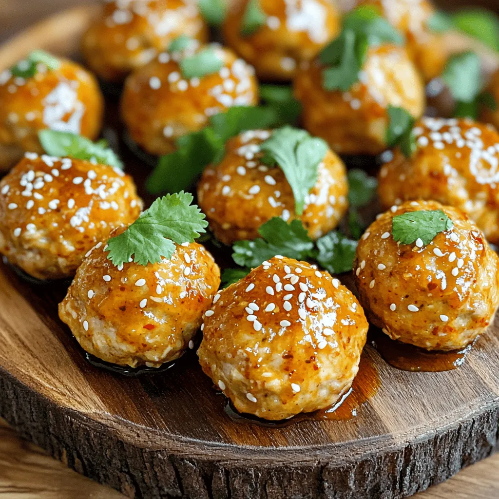 - 1 lb ground chicken - 1/2 cup breadcrumbs - 1/4 cup grated Parmesan cheese The main ingredients form the base of our sweet chili chicken meatballs. Ground chicken keeps them light and tender. Breadcrumbs help bind the mixture together. Parmesan cheese adds a rich flavor that you will love. - 1/4 cup green onions, finely chopped - 2 cloves garlic, minced - 1/2 teaspoon ground ginger Next, we have flavor enhancers. Green onions bring a fresh taste. Garlic adds depth, while ground ginger gives a warm kick. These ingredients elevate the meatballs, making them more exciting. - 1/2 cup sweet chili sauce - 1 tablespoon soy sauce - 1 tablespoon sesame oil - Toasted sesame seeds, for garnish - Fresh cilantro leaves, for garnish Finally, we need sauces and garnishes. Sweet chili sauce creates a sticky glaze that is sweet and spicy. Soy sauce adds umami, and sesame oil gives a nutty flavor. Garnish with toasted sesame seeds and fresh cilantro for a finishing touch. This combination makes the dish pop on your plate and your palate. For the full recipe, check out the Full Recipe section. - Preheat the oven to 400°F (200°C). - Prepare the baking tray with parchment paper. Start by preheating your oven. This step is key for even cooking. Use parchment paper on your tray to stop sticking. This will make cleanup a breeze. - Combine all ingredients in a large mixing bowl. - Ensure even distribution of the mixture. In a large mixing bowl, add all your ingredients. This includes ground chicken, breadcrumbs, and the other tasty bits. Use your hands or a spatula to mix. Make sure everything blends well. You want every bite to have the same great flavor. - Roll meatballs and arrange on the baking tray. - Bake for 20-25 minutes, prepare glaze during baking. Once mixed, take some of the meat mixture in your hands. Roll it into small balls, about one inch across. Place them on the baking tray with space in between. Now, pop the tray into the oven. Bake for 20-25 minutes. They should turn golden brown and be fully cooked. While they bake, you can prepare the glaze. For the glaze, combine sweet chili sauce, soy sauce, and sesame oil in a saucepan. Heat it gently and stir until warm. After baking, toss the meatballs in the glaze. Use a large bowl to coat them well. This step gives each meatball that sweet and spicy kick. You can find the complete details in the Full Recipe. To make your sweet chili chicken meatballs truly shine, keep a few tips in mind: - Moisture Retention: Adding breadcrumbs helps keep the meatballs moist. Use fresh breadcrumbs for a better texture. A bit of grated Parmesan also adds moisture and flavor. - Even Sizing: Aim for meatballs about 1 inch in diameter. This helps them cook evenly. You can use a small ice cream scoop for quick and uniform sizing. The glaze is key to making these meatballs pop with flavor. Here’s how to get it just right: - Glaze Consistency: The sweet chili sauce should be thick but pourable. If it’s too thick, add a little water or soy sauce to thin it out. If too thin, simmer it longer to thicken. - Timing for Coating: Coat the meatballs right after baking. This keeps them warm and allows the glaze to stick. Toss them gently to cover every side in that delicious sauce. Try these tips, and watch your sweet chili chicken meatballs become a hit! For the full recipe, check out the [Full Recipe]. {{image_4}} You can switch out the ground chicken for other proteins. Turkey works well and keeps it light. If you prefer beef, that’s a great option too. For a plant-based choice, try using lentils or chickpeas. When it comes to breadcrumbs, you can find gluten-free options. Look for rice or almond flour crumbs. They give a nice texture and keep your meatballs delicious. Want some heat? Add chili flakes to the meatball mix. This gives a spicy kick that some may love. You can also spice up the glaze with chili flakes for extra flavor. Herbs can change the taste too! Try adding fresh basil or cilantro in the glaze. These herbs bring freshness and depth to your meatballs. Experiment with flavors to find your favorite mix. For the full recipe, check out the details above! To keep your sweet chili chicken meatballs fresh, store leftovers in an airtight container. This helps avoid moisture loss and keeps them tasty. Place a piece of parchment paper between layers if you stack them. They stay good in the fridge for up to three days. If you want to save some for later, freezing is simple. First, let the meatballs cool completely. Next, arrange them on a baking sheet without touching. Freeze until solid, then transfer them to a freezer bag. You can also freeze the sweet chili glaze in a separate container. To reheat frozen meatballs, take them out and thaw in the fridge overnight. Then, bake them at 350°F (175°C) for about 15-20 minutes until heated through. For the glaze, heat it in a saucepan over low heat, stirring until it's warm. Enjoy your meal anytime with these easy steps! For the full recipe, check out the details above. How to make Sweet Chili Chicken Meatballs from scratch? To make Sweet Chili Chicken Meatballs from scratch, gather your ingredients. You will need ground chicken, breadcrumbs, Parmesan cheese, green onions, an egg, garlic, ginger, and spices. Mix these in a bowl until combined. Roll the mixture into small meatballs. Bake them in a preheated oven at 400°F (200°C) for about 20-25 minutes. While they bake, prepare the sweet chili glaze by heating sweet chili sauce, soy sauce, and sesame oil in a saucepan. Once the meatballs are done, coat them in the glaze for a tasty finish. For the full recipe, check out the details above. What can I serve with Sweet Chili Chicken Meatballs? Sweet Chili Chicken Meatballs go well with many sides. Try serving them with jasmine rice or sticky rice for a classic touch. You can also serve them alongside a fresh salad to balance the flavors. If you want a crunchy bite, pair them with crispy vegetables or spring rolls. For a fun twist, serve the meatballs in slider form with mini buns. Can I prepare the sweet chili glaze in advance? Yes, you can make the sweet chili glaze ahead of time. Store it in an airtight container in the fridge for up to a week. When you are ready to use it, simply warm it on the stove or in the microwave before coating your meatballs. This saves you time on busy cooking days. Can these meatballs be cooked in an air fryer? Absolutely! Cooking Sweet Chili Chicken Meatballs in an air fryer is a great option. Preheat your air fryer to 375°F (190°C). Place the meatballs in a single layer in the basket, making sure they don’t touch. Cook for about 10-12 minutes, shaking the basket halfway. This method gives you a crispy outer layer while keeping the inside juicy. What are some good dipping sauces for meatballs? There are many tasty dipping sauces for meatballs. Some popular choices include marinara sauce, ranch dressing, or a spicy sriracha mayo. You can also use a simple soy sauce mixed with lime juice for a tangy twist. Feel free to get creative and mix flavors that you enjoy! In this post, we explored a tasty recipe for Sweet Chili Chicken Meatballs. We covered the main ingredients like ground chicken and breadcrumbs, along with flavor enhancers such as garlic and ginger. You learned step-by-step instructions for preparation, baking, and glazing. I shared valuable tips for perfecting your meatballs and ideas for variations. Proper storage methods help maintain freshness. Now, get cooking and enjoy your delicious meatballs! You have the tools to make this a hit.