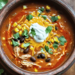 - 1 lb boneless, skinless chicken breasts - 1 can (15 oz) black beans, thoroughly rinsed and drained - 1 can (15 oz) sweet corn, drained - 1 can (10 oz) rich red enchilada sauce - 1 can (14.5 oz) diced tomatoes with zesty green chilies - 1 medium onion, finely diced - 3 cloves fresh garlic, minced - 4 cups low-sodium chicken broth - 1 teaspoon ground chili powder - 1 teaspoon ground cumin - Salt and freshly cracked black pepper to taste - 1 cup shredded cheese (choose between cheddar or a Mexican cheese blend) - Sour cream and freshly chopped cilantro for garnish - For chicken, you can use ground chicken or turkey. - If you want a vegetarian option, swap chicken for beans or tofu. - Use dairy-free cheese or sour cream if you avoid dairy. I love using these ingredients to create a hearty and tasty soup. The chicken gives a good base, while the beans and corn add texture. The enchilada sauce and tomatoes bring a rich flavor. Don't be afraid to mix and match! Each choice can change the taste and make it your own. To start, you need to layer the chicken and beans in the slow cooker. Place 1 lb of boneless, skinless chicken breasts flat at the bottom. This forms the base of your soup. Next, add 1 can of rinsed black beans and 1 can of drained sweet corn over the chicken. Spread them out evenly to ensure every bite is tasty. Now, it’s time to add the sauces and aromatics. Carefully pour 1 can of enchilada sauce and 1 can of diced tomatoes with zesty green chilies into the slow cooker. Make sure the chicken and beans are covered. After that, add 1 diced medium onion and 3 minced garlic cloves. Finish by pouring in 4 cups of low-sodium chicken broth. Sprinkle in 1 teaspoon of ground chili powder and 1 teaspoon of ground cumin. Add salt and freshly cracked black pepper to taste. Use a spoon to mix everything gently. Now it’s time to set the slow cooker. You can choose between low and high settings. If you want a longer cook for deeper flavors, set it to low for 6-7 hours. If you are in a hurry, use the high setting for 3-4 hours. The key is to ensure the chicken is fully cooked and easy to shred. Keep an eye on the time. After the cooking period, check if the chicken is tender and ready to shred. Once your soup is done cooking, carefully remove the chicken breasts from the slow cooker. Use two forks to shred the chicken into small pieces. Return the shredded chicken to the soup and stir it in well. Next, it’s time to incorporate the cheese. Add 1 cup of shredded cheese, either cheddar or a Mexican cheese blend. Stir until the cheese melts and blends into the soup. Taste the soup and adjust the seasoning with more salt or pepper if needed. When you serve the soup, ladle it into bowls. Top each bowl with a dollop of sour cream and a sprinkle of freshly chopped cilantro. This adds a nice burst of flavor and makes the dish look great. For the full recipe, check out the details provided earlier! To boost the taste of your slow cooker chicken enchilada soup, consider adding more spices. You can mix in a pinch of smoked paprika or cayenne pepper for a smoky kick. I often taste the soup halfway through cooking. This helps me see if I need to adjust the seasonings. Remember, flavors meld and grow richer as the soup cooks. To avoid overcooking or undercooking your soup, stick to the cooking times provided. If you're in a hurry, use the high setting for 3-4 hours. A slow cooker liner makes cleanup easy. Just lift it out and toss it away. This saves time and keeps your slow cooker clean. When serving the soup, I love pairing it with warm cornbread or crispy tortillas. These sides add nice texture and flavor. For garnishes, consider adding extra toppings like shredded cheese or diced avocado. Fresh herbs like cilantro or parsley bring freshness to your dish. Enjoy your meal! {{image_4}} You can change the beans or veggies in the soup. Try pinto beans or kidney beans instead of black beans. For veggies, add bell peppers, zucchini, or even spinach for a boost of nutrients. You can also change the spice levels. If you like it mild, use less chili powder. For a kick, add jalapeños or more chili powder. If you follow a keto diet, swap the corn for diced avocado. This keeps the creamy texture without the carbs. You can also use cauliflower rice for a hearty base. For gluten-free options, check the enchilada sauce. Most brands are gluten-free, but it’s smart to read the label. Mix in local spices or flavors to make this soup unique. For a Southwest twist, add cumin and smoked paprika. If you like a kick, toss in chipotle peppers for a smoky flavor. You can also get inspired by other cuisines. Try adding coconut milk and curry for a Thai twist. The possibilities are endless! To keep your soup fresh, place it in an airtight container. Make sure to cool it before sealing. Store it in the fridge. It stays good for up to three days. If you want to save it longer, consider freezing. To freeze, first let the soup cool completely. Pour it into freezer bags or containers. Leave some space at the top, as it will expand. When ready to eat, thaw it overnight in the fridge. You can also thaw it in the microwave on a low setting. For reheating, warm the soup on the stove over medium heat. Stir it often to avoid burning. You can also use a microwave; just heat in short bursts. You can turn leftover soup into a tasty casserole. Just mix it with pasta or rice, top with cheese, and bake. Another idea is to use it in sauces. Add it to enchiladas or tacos for extra flavor. You can even make a new soup by adding fresh veggies or beans. It takes about 15 minutes to prep the soup. After that, let it cook for 6-7 hours on low or 3-4 hours on high. So, in total, you can enjoy this dish in about 7 hours and 15 minutes. Yes, you can make this soup ahead of time. You can prepare it the night before and refrigerate it. Just keep it in a sealed container until you're ready to cook. This soup also stores well. You can keep leftovers in the fridge for up to four days. To enhance the taste of your soup, consider these ideas: - Add cumin or smoked paprika for a richer flavor. - Toss in some fresh lime juice for a bright note. - Include sliced jalapeños for a spicy kick. - Fresh herbs like cilantro can add a fresh finish. These small changes can elevate your dish and make it uniquely yours. For even more inspiration, check out the Full Recipe for more ideas! This blog post covered everything you need to make delicious slow cooker chicken enchilada soup. You learned about essential ingredients, easy cooking steps, and helpful tips. I shared ways to customize your dish with ingredient swaps, cooking tricks, and even storage tips. In my opinion, this soup is not just tasty; it’s also flexible. You can make it your own by trying different flavors or ingredients. Enjoy making this comforting dish, and don’t forget to share it with friends and family!