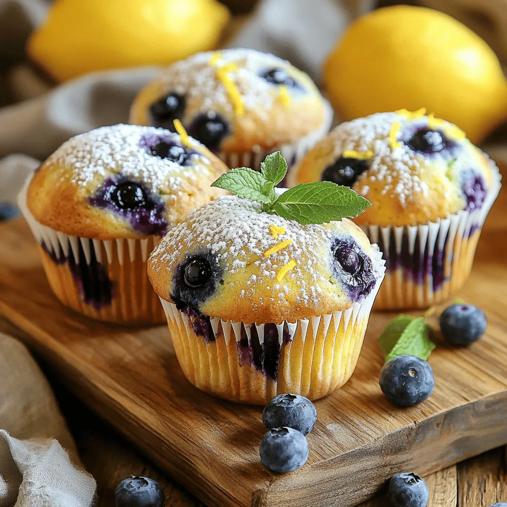 To make Lemon Ricotta Blueberry Muffins, gather these ingredients: - 1 cup ricotta cheese (well-drained) - 2 large eggs (at room temperature) - 1/2 cup granulated sugar - 1/4 cup unsalted butter, melted and slightly cooled - Zest of 1 lemon (approximately 1 tablespoon) - 2 tablespoons fresh lemon juice - 1 teaspoon pure vanilla extract - 1 1/2 cups all-purpose flour - 1 teaspoon baking powder - 1/2 teaspoon baking soda - 1/4 teaspoon salt - 1 cup fresh blueberries (or frozen, if not in season) You can swap some ingredients if needed. Try using Greek yogurt instead of ricotta for a tangy taste. If you lack fresh blueberries, frozen ones work just fine. You can also use coconut oil instead of butter for a dairy-free option. If you want less sugar, reduce it to 1/3 cup. This will still give you a tasty muffin. Using fresh ingredients is key to great muffins. Fresh blueberries burst with flavor and add moisture. Fresh lemon juice and zest brighten the muffins, giving them a zesty kick. Ricotta cheese adds creaminess and keeps the muffins soft. Always check your ingredients for quality. Fresh items help create a delicious treat you will love! Start by preheating your oven to 375°F (190°C). This step is key to getting the muffins to rise well. While the oven heats, prepare your muffin tin. You can either line it with paper liners or lightly grease each cup with cooking spray or butter. This helps the muffins come out easily after baking. In a large mixing bowl, add the ricotta cheese, eggs, sugar, melted butter, lemon zest, lemon juice, and vanilla extract. Use a whisk to mix them until the blend is smooth and creamy. Make sure there are no lumps of ricotta left. A well-mixed wet mixture is important for soft muffins. In a separate bowl, measure out the all-purpose flour, baking powder, baking soda, and salt. Whisk these dry ingredients together until they are well mixed. This ensures that the muffins will rise evenly when baked. Now, it’s time to combine the wet and dry mixtures. Gradually add the flour mixture into the ricotta mixture. Use a spatula to fold them together gently. Be careful not to overmix; it’s okay if a few lumps remain. This helps keep the muffins tender and fluffy. Carefully fold in the blueberries, making sure they are spread out evenly in the batter. Take your time with this step; you want to avoid breaking the berries. The blueberries add a lovely burst of flavor and color. Using a scoop or spoon, fill each muffin cup about three-quarters full with batter. This allows room for rising. Place the muffin tin in the oven and bake for 18 to 20 minutes. The muffins should rise and turn golden brown. To check if they are done, insert a toothpick into the center of a muffin. It should come out clean or with a few moist crumbs. After baking, let the muffins cool in the pan for about 5 minutes. Then, transfer them to a wire rack to cool completely. This step helps improve the muffin texture. For a fun touch, lightly dust the cooled muffins with powdered sugar and add a few fresh blueberries on top. Enjoy your delicious Lemon Ricotta Blueberry Muffins! For the full recipe, check the earlier section. To make your muffins fluffy, use room temperature eggs. Cold eggs can weigh down the batter. Make sure to mix the ricotta cheese well. This helps add air, making your muffins lighter. Do not overmix the batter. A few lumps are okay; they help create that soft texture we all love. One common mistake is forgetting to preheat the oven. Always preheat to 375°F (190°C) before baking. This helps the muffins rise properly. Another mistake is overfilling the muffin cups. Fill them only three-quarters full. This way, they have room to rise without spilling over. Zest and juice from fresh lemons are key to bright flavor. Use a microplane to get fine zest without the bitter pith. The zest adds a lovely aroma. Fresh lemon juice balances the sweetness of the sugar and blueberries. These flavors work together to make each bite delicious. For the full recipe, you can find it above. {{image_4}} You can make lemon ricotta muffins without blueberries for a simple twist. Just skip the blueberries and focus on the lemon flavor. The zest and juice of the lemon will give you that bright taste. These muffins will still be fluffy and moist, thanks to the ricotta. Want to add some crunch or sweetness? Try adding nuts or chocolate chips. Chopped walnuts or pecans work well in this recipe. If you prefer chocolate, use semi-sweet or dark chocolate chips. Add about half a cup to the batter. This change gives your muffins a unique touch. You can easily make these muffins vegan or dairy-free. Replace the ricotta with a plant-based alternative. Silken tofu or cashew cream can work wonders. Use flax eggs instead of regular eggs. Just mix one tablespoon of flaxseed meal with three tablespoons of water for each egg. This keeps the muffins moist and delicious. For the butter, use coconut oil or a vegan butter substitute. For the full recipe, check out the instructions above and enjoy your baking! To keep your lemon ricotta blueberry muffins fresh, store them in an airtight container. This helps retain moisture and flavor. You can place a paper towel at the bottom of the container. This will absorb any excess moisture. If you plan to eat them within a few days, storing them at room temperature is fine. If not, you should refrigerate them. Freezing muffins is an excellent way to enjoy them later. To freeze, first let the muffins cool completely. Then, wrap each muffin tightly in plastic wrap. Place the wrapped muffins in a zip-top freezer bag. Be sure to remove as much air as possible before sealing. They can last up to three months in the freezer. When you want to enjoy one, just take it out and let it thaw at room temperature or use the microwave. To reheat your muffins, you have a couple of options. The oven works great for an even warm-up. Preheat your oven to 350°F (175°C). Place the muffins on a baking sheet and heat for about 10 minutes. This will restore the fresh-baked taste. If you're in a hurry, use the microwave. Heat each muffin for 15-20 seconds. Enjoy your delicious muffins warm and soft! Yes, you can use frozen blueberries. They work well in this recipe. Just add them straight from the freezer. Do not thaw them first; this helps keep the muffins from turning blue. To check if your muffins are done, insert a toothpick into the center of one. If it comes out clean or with a few crumbs, they are ready. The tops should be golden brown and risen. Serve these muffins warm or at room temperature. They taste great with butter or cream cheese. Pair them with a hot cup of tea or coffee for a cozy snack. To make this recipe gluten-free, swap the all-purpose flour for a gluten-free flour blend. Ensure the blend is designed for baking to get the best results. Each muffin has about 180 calories, 5 grams of protein, and 7 grams of fat. They are a good source of calcium from the ricotta cheese. Yes, you can easily double the recipe. Just use a larger mixing bowl and muffin tin. Make sure you have enough ingredients to keep the ratios the same. In this blog post, we explored how to make Lemon Ricotta Blueberry Muffins. You learned about key ingredients, baking steps, and ways to keep your muffins fresh and tasty. I shared tips for fluffiness and common mistakes to avoid. You also discovered fun variations and storage methods for later enjoyment. In the end, baking can be simple and fun. With fresh ingredients and a few tips, you will make delicious muffins that everyone loves. Happy baking!