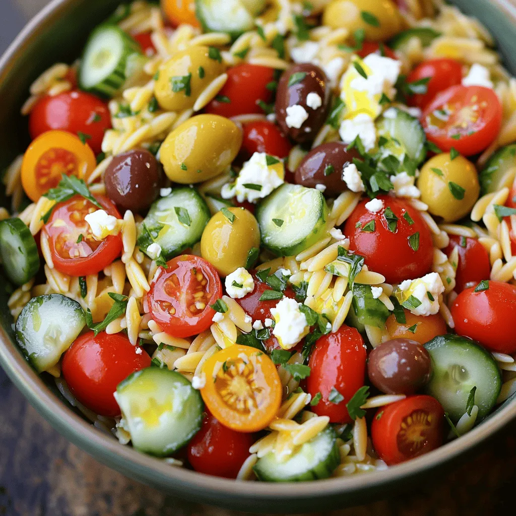 To make a delicious Greek Orzo Salad, gather these ingredients: - 1 cup orzo pasta - 2 cups vegetable broth - 1 cup cherry tomatoes, halved - 1 cucumber, diced - 1/2 red onion, finely chopped - 1 cup Kalamata olives, pitted and halved - 1 cup feta cheese, crumbled - 1/4 cup fresh parsley, chopped - 1/4 cup extra virgin olive oil - 2 tablespoons fresh lemon juice - 1 teaspoon dried oregano - Salt and pepper to taste You can change some ingredients if you want. Here are some options: - For pasta, try quinoa or farro. Both will add a nice texture. - If you need dairy-free options, use vegan feta cheese. It works well and tastes great. - Use seasonal vegetables like bell peppers or zucchini for added freshness and flavor. This flexibility keeps your meal exciting and tailored to what you have on hand. Check out the Full Recipe for more details! Cooking the Orzo Pasta To start, grab a medium-sized pot. Pour in 2 cups of vegetable broth and bring it to a rolling boil. This broth adds great flavor to the orzo. Once boiling, add 1 cup of orzo pasta. Cook it according to the package instructions for about 8-10 minutes. You want it to be tender but not mushy. Rinsing and Cooling Orzo After cooking, drain the orzo in a colander. Rinse it under cold running water for a few seconds. This stops the cooking process and keeps it from sticking together. Spread the orzo on a plate to cool completely. Mixing the Salad Base In a large mixing bowl, add your cooled orzo. Next, toss in 1 cup of halved cherry tomatoes, 1 diced cucumber, and 1/2 finely chopped red onion. Also, include 1 cup of halved Kalamata olives, 1 cup of crumbled feta cheese, and 1/4 cup of chopped parsley. This mix creates a bright and colorful salad base. Whisking the Dressing In a separate small bowl, whisk together 1/4 cup of extra virgin olive oil, 2 tablespoons of fresh lemon juice, and 1 teaspoon of dried oregano. Add a good pinch of salt and pepper. Whisk until the dressing is well mixed and smooth. Tossing Salad Ingredients Together Drizzle your dressing over the salad mixture. Using a large spoon or spatula, gently toss everything together. Make sure all the ingredients are coated well with the dressing. Allowing the Salad to Rest Next, taste your salad. Adjust the salt and pepper if needed. Then, let the salad rest at room temperature for about 15 minutes. This step is key, as it allows all the flavors to meld together nicely. For the full recipe, refer to the Mediterranean Orzo Delight section. - Achieving Perfectly Cooked Orzo Cook orzo in boiling vegetable broth for great flavor. Follow package instructions closely. Usually, it takes 8 to 10 minutes. Aim for al dente texture; it should be tender but firm. Drain and rinse it under cold water right after cooking. This stops the cooking and keeps it from sticking. - Balancing Dressing Flavors Use fresh lemon juice for brightness in your dressing. Mix olive oil, lemon juice, and dried oregano in a bowl. Taste as you go to get the right balance. Add salt and pepper gradually. This way, you can control how strong the flavors are. - Best Accompaniments for Greek Orzo Salad Pair this salad with grilled chicken or fish for a hearty meal. It also goes well with hummus and pita bread. For a light option, serve it alongside a soup. This adds variety and makes the meal exciting. - Presentation Tips for Serving Use a large, shallow bowl to make the salad look inviting. Garnish with fresh parsley and whole Kalamata olives on top. This adds color and texture. Arrange it nicely to impress your guests. A beautiful presentation makes every meal more enjoyable. For the full recipe, check the detailed instructions and ingredient list. {{image_4}} You can easily make Greek Orzo Salad even heartier by adding protein. - Grilled Chicken or Shrimp Grilled chicken or shrimp adds a nice touch. Simply grill your choice until it is cooked through. Slice it up and mix it in with the salad. The smoky flavor enhances the dish. - Chickpeas for a Vegetarian Option If you want a vegetarian choice, use chickpeas. They add protein and a lovely texture. Just rinse a can of chickpeas and toss them in. This makes the salad filling and nutritious. Changing flavors keeps the dish exciting. Try some of these options. - Roasted Vegetables Twist Roasted vegetables bring a warm and savory note. You can roast bell peppers, zucchini, or eggplant. Toss them in after they cool for a delightful twist. - Adding Fruits like Avocado Adding fruits like avocado gives a creamy touch. Dice up a ripe avocado and fold it gently into the salad. It adds richness and balances the crunch of the veggies. These variations make Greek Orzo Salad a versatile dish. You can switch it up to suit your taste. For the complete recipe, check out the Full Recipe section. To keep your Greek Orzo Salad fresh, follow these steps: - Refrigeration Guidelines: Place the salad in the fridge within two hours of serving. - Container Recommendations: Use an airtight container to avoid drying out. To ensure your salad stays tasty, consider these tips: - Best Practices for Freshness: Consume within three days for the best flavor. - Signs of Spoilage: Look for changes in color or a sour smell before eating. If you want to try making this salad, check the Full Recipe for all the details! Can I make Greek Orzo Salad ahead of time? Yes, you can make this salad ahead. Prepare it and store it in the fridge. The flavors blend well overnight, making it taste even better. How long does Greek Orzo Salad last in the fridge? Greek Orzo Salad lasts about 3 to 5 days in the fridge. Keep it in an airtight container to maintain freshness. What can I serve with Greek Orzo Salad? This salad pairs well with grilled chicken or fish. You can also serve it with crusty bread or roasted vegetables for a complete meal. Is Greek Orzo Salad gluten-free? No, traditional orzo is made from wheat, so it is not gluten-free. For a gluten-free option, use gluten-free pasta. Can I use whole wheat orzo for this recipe? Yes, you can use whole wheat orzo. It will add a nutty flavor and more fiber to your salad. Just follow the same cooking instructions from the Full Recipe. In summary, this blog post guides you through making Greek Orzo Salad. You learned about essential ingredients, like orzo pasta, fresh veggies, feta, and more. We discussed preparation steps, tips for cooking and serving, and variations to spice it up. Finally, the post provided storage tips and addressed common questions. I hope this information helps you create a delicious salad that everyone will enjoy. Dive in and enjoy the flavors of your Greek Orzo Salad!
