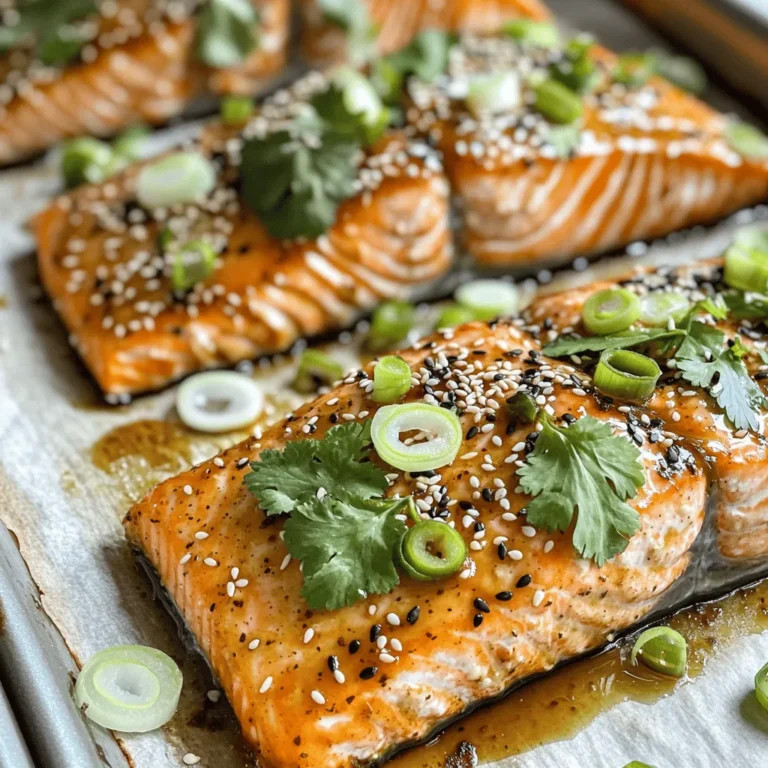 - 4 salmon fillets (approximately 6 oz each) - 2 tablespoons sesame oil - 2 tablespoons low-sodium soy sauce - 1 tablespoon fresh ginger, finely grated - 2 cloves garlic, minced - 1 tablespoon honey - 1 tablespoon rice vinegar - 1 tablespoon sesame seeds (white or black) - 2 green onions, thinly sliced (for garnish) - Salt and pepper, to taste - Optional: Fresh cilantro leaves, for garnish The ingredients for Baked Sesame Ginger Salmon are simple yet packed with flavor. Fresh salmon fillets are the star of this dish. They offer a rich taste and high nutrition. The sesame oil gives a nutty aroma, while the soy sauce adds depth. Fresh ginger and garlic provide a zesty kick that wakes up the palate. Honey adds a touch of sweetness, balancing the flavors nicely. Rice vinegar adds a tangy note that brightens the dish. Don’t forget the sesame seeds! They give a lovely crunch and visual appeal. Green onions and cilantro are optional but enhance the look and flavor. This meal is quick to prepare, making it perfect for a busy weeknight or a special dinner. Check out the Full Recipe to see how to combine these ingredients into a tasty and simple meal. Start by preheating your oven to 400°F (200°C). This step is key for even cooking. Next, grab a medium bowl. In it, combine 2 tablespoons of sesame oil, 2 tablespoons of low-sodium soy sauce, 1 tablespoon of freshly grated ginger, 2 cloves of minced garlic, 1 tablespoon of honey, and 1 tablespoon of rice vinegar. Whisk these ingredients together until they form a smooth and tasty marinade. Now, line a baking sheet with parchment paper. This helps to prevent sticking and makes cleanup easier. Place 4 salmon fillets on the baking sheet, skin side down. Lightly season them with salt and pepper. This little step boosts the flavor of the fish. Pour the marinade over the salmon. Make sure each fillet is well-coated. Let it sit and marinate for at least 15 minutes. This waiting time allows the salmon to soak up all those great flavors. After marinating, sprinkle 1 tablespoon of sesame seeds on top. Now, bake the salmon in the preheated oven for about 12-15 minutes. You’ll know it’s done when it flakes easily with a fork and looks opaque throughout. This process makes the salmon tender and juicy. Feel free to check out the Full Recipe for more details! To know if your salmon is done, check if it flakes easily with a fork. If it does, it is ready to eat! Resting the salmon for a few minutes after baking helps keep it moist and tasty. This step makes a big difference in flavor and texture. You can make this dish more exciting by trying different soy sauces. Some are sweeter, while others are saltier. Adding chili flakes gives it a nice kick. If you have time, marinate the salmon longer for deeper flavors. A little extra time in the marinade can really boost the taste. For the Full Recipe, follow the steps and enjoy your meal! {{image_4}} You can easily swap salmon for other fish. Trout and tilapia are great choices. They cook well and soak up flavors nicely. You can also change the marinade. Use different oils or vinegars for a new taste. Try avocado oil or apple cider vinegar. Each change adds a unique twist to your dish. Grilling salmon gives it a nice smoky flavor. Just preheat your grill and cook the salmon for about 6-8 minutes per side. This method adds a delicious char. You can also pan-sear the salmon. Heat oil in a skillet and cook for 3-4 minutes on each side. This method gives you a crispy outside while keeping it tender inside. Both methods work well with the marinade. For the full recipe, you can refer to the previous section. Enjoy experimenting with these variations! When you have leftover Baked Sesame Ginger Salmon, store it right. Place the salmon in an airtight container. You can refrigerate it for up to 3 days. When you’re ready to eat, reheat it gently in the oven or microwave. This keeps the salmon moist and tasty. If you want to save it for later, freezing is a great choice. You can freeze cooked salmon for up to 2 months. Just make sure to wrap it well. When you are ready to enjoy it again, thaw it in the refrigerator. This way, it stays safe and tasty. You can tell when salmon is done by checking its flakiness and color. The fish should flake easily with a fork. It should also look opaque throughout. If it still looks shiny or translucent, it needs more time to cook. Yes, you can use frozen salmon. Just make sure to thaw it properly before cooking. Thawing can be done in the fridge overnight or by placing it in cold water for quicker results. This ensures even cooking and better flavor. You have many options for sides. Consider pairing the salmon with rice, steamed veggies, or a fresh salad. These options add color and balance to the meal. They complement the rich flavors of the salmon well. Yes, it can be gluten-free. Just substitute the soy sauce with gluten-free tamari. This simple swap keeps the flavor while making it safe for those avoiding gluten. If you want some heat, add sriracha or red pepper flakes to the marinade. Start with a small amount and adjust to your taste. This adds a kick that contrasts nicely with the sweetness of the honey. For the full recipe, check the section above. This recipe for Baked Sesame Ginger Salmon is simple and tasty. You learned about key ingredients like salmon, ginger, and sesame. I provided clear steps to marinate and bake the fish perfectly. There are tips for cooking and storing leftovers too. You can switch up the recipe by using different fish or cooking methods. This dish pairs well with rice or vegetables. Enjoy your salmon while experimenting with flavors. Happy cooking!