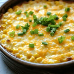 - 2 cups sweet corn (freshly shucked or canned, well-drained) - 1 cup creamed corn - 1 cup sharp cheddar cheese, shredded - 1/2 cup sour cream - 1/4 cup whole milk - 1/2 cup fine cornmeal - 1/4 cup granulated sugar - 1 teaspoon baking powder - 1 teaspoon kosher salt - 1/2 teaspoon freshly ground black pepper - 1/4 cup green onions, finely chopped (for garnish) - 1 tablespoon unsalted butter (for greasing the dish) Gathering the right ingredients is key to making this Easy Cheesy Corn Casserole. I always start with high-quality corn. Freshly shucked corn adds a nice crunch. If using canned corn, drain it well to avoid extra moisture. Creamed corn adds a creamy texture, which is essential for this dish. Sharp cheddar cheese brings a rich flavor that pairs well with corn. Sour cream and whole milk make the casserole creamy and smooth. Fine cornmeal adds just the right amount of structure without making it too dense. Baking powder helps the mixture rise while salt and pepper enhance the taste. Green onions add a pop of color and fresh flavor when you serve. Lastly, use butter to grease the dish, so the casserole doesn’t stick. These ingredients come together to create a dish that is cheesy, creamy, and full of flavor—perfect for family meals. For the complete recipe, check out the [Full Recipe]. - Preheat the oven to 350°F (175°C) - Grease the baking dish with softened butter First, you want to get your oven nice and warm. Preheating to 350°F helps the casserole cook evenly. While that heats up, take a 9x9-inch baking dish. Use softened butter to coat the inside. This will keep the casserole from sticking. - Combine sweet corn, creamed corn, cheddar cheese, sour cream, and milk - Mix until the mixture is smooth In a large mixing bowl, add the sweet corn, creamed corn, shredded cheddar cheese, sour cream, and milk. Stir these ingredients together. Use a spatula or wooden spoon. Mix until you have a smooth, creamy blend. - Whisk together cornmeal, sugar, baking powder, salt, and pepper Next, grab another bowl. In this bowl, whisk together the fine cornmeal, sugar, baking powder, kosher salt, and black pepper. Mixing these dry ingredients well helps the flavors combine when you add them to the wet mix. - Gradually add dry ingredients to wet mixture - Fold gently to combine without overmixing Now, it’s time to combine! Slowly add the dry mix to the wet mixture. Use a spatula to fold them together. Be gentle! You don’t want to overmix; a few lumps are just fine. - Pour batter into the baking dish and smooth the top - Bake for 30 to 35 minutes until golden Pour the batter into the greased baking dish. Smooth out the top so it cooks evenly. Put it in the preheated oven. Bake for 30 to 35 minutes. You want the top to turn a lovely golden brown. A toothpick inserted in the center should come out clean when it’s done. - Let the casserole cool for 5 minutes before serving - Garnish with chopped green onions Once baked, take the casserole out of the oven. Let it cool for about 5 minutes. This helps it set up better. Finally, sprinkle chopped green onions on top for a pop of color and taste. For the full recipe, check out the details above. Enjoy your Easy Cheesy Corn Casserole! - Avoid overmixing for a light and fluffy casserole. - Use fresh ingredients for the best flavor. Mixing too much can make the casserole dense. You want it airy. Fresh corn and cheese bring out the best taste. Canned corn is okay, but fresh is better. A little effort goes a long way in flavor. - Consider adding spices or herbs such as paprika or garlic powder. - For a spicier kick, incorporate jalapeños. Adding spices can really boost the taste. Paprika gives a nice smoky flavor. Garlic powder adds depth. If you like heat, chop some jalapeños into the mix. They add a fun twist! - Cut into squares and serve on colorful plates. - Add an extra sprinkle of cheese before serving. How you serve matters! Cut the casserole into neat squares. Use bright plates to make it pop. A sprinkle of cheese on top makes it look fancy. Everyone will want to dig in! For the [Full Recipe], follow the steps, and you'll impress your family. {{image_4}} You can mix things up with your cheese choices. Swap out sharp cheddar for mozzarella, which melts beautifully. If you crave a spicy kick, try pepper jack. Another fun option is to blend in cream cheese. It gives the casserole a rich and creamy texture. Want to change the main flavor? Replace corn with black beans for a heartier touch. Diced peppers can add a nice crunch and a pop of color. If you're looking for a lighter option, use Greek yogurt instead of sour cream. It still brings a creamy feel while adding protein. You can make this dish fresh with seasonal veggies. In summer, add zucchini for a light taste. Spinach can bring a nice green color in the spring. To finish, top the casserole with seasonal herbs like basil or parsley. They enhance the flavor and bring a lovely look to your dish. After you enjoy your Easy Cheesy Corn Casserole, store leftovers in an airtight container. Keep it in the fridge. Use the leftovers within 3-5 days for the best quality. This keeps the dish fresh and tasty. You can freeze portions of the casserole in freezer-safe containers. This is a great way to keep it for later. When you want to eat it, thaw it overnight in the fridge. This helps it heat evenly without losing flavor. To reheat, the oven works best to keep the texture nice. Preheat it to 350°F (175°C) and warm the casserole until hot. You can also use the microwave for a quick option. Heat it in short intervals, checking often to avoid overcooking. Enjoy your dish just like before! For the full recipe, check out the Full Recipe above. Yes, prepare the dish and refrigerate before baking. This saves time on busy days. Just cover it tightly with plastic wrap or foil. When you're ready, bake it straight from the fridge. Use a gluten-free cornmeal to make it gluten-free. Many brands offer gluten-free options. This way, everyone can enjoy the dish without worries. Check for a golden-brown top and a toothpick; it should come out clean. This shows the casserole is cooked through. If you see some wet batter, give it a few more minutes. Pair with grilled meats or a fresh side salad for a complete meal. The creamy texture of the casserole goes well with the crispness of a salad. You can also serve it with roasted veggies for more color. Yes, easily double or halve the ingredient amounts as needed. This recipe is flexible and works well for small or large gatherings. Just keep an eye on the baking time if you adjust the size. Increase baking time if you use a larger baking dish to ensure it cooks evenly. A larger volume takes longer to cook through. Check it regularly to avoid overcooking. This blog post covered how to make a delicious cheesy corn casserole. You learned the essential ingredients and tools, plus step-by-step baking instructions. I shared tips for perfect texture and ways to enhance the flavor. Variations allow you to customize the dish to your taste. For storage, remember to refrigerate or freeze leftovers properly. With this guide, you can enjoy a warm, tasty dish anytime. Try making it for your next meal!