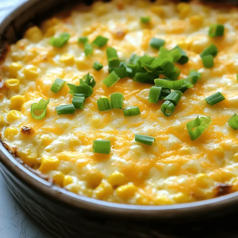 - 2 cups sweet corn (freshly shucked or canned, well-drained) - 1 cup creamed corn - 1 cup sharp cheddar cheese, shredded - 1/2 cup sour cream - 1/4 cup whole milk - 1/2 cup fine cornmeal - 1/4 cup granulated sugar - 1 teaspoon baking powder - 1 teaspoon kosher salt - 1/2 teaspoon freshly ground black pepper - 1/4 cup green onions, finely chopped (for garnish) - 1 tablespoon unsalted butter (for greasing the dish) Gathering the right ingredients is key to making this Easy Cheesy Corn Casserole. I always start with high-quality corn. Freshly shucked corn adds a nice crunch. If using canned corn, drain it well to avoid extra moisture. Creamed corn adds a creamy texture, which is essential for this dish. Sharp cheddar cheese brings a rich flavor that pairs well with corn. Sour cream and whole milk make the casserole creamy and smooth. Fine cornmeal adds just the right amount of structure without making it too dense. Baking powder helps the mixture rise while salt and pepper enhance the taste. Green onions add a pop of color and fresh flavor when you serve. Lastly, use butter to grease the dish, so the casserole doesn’t stick. These ingredients come together to create a dish that is cheesy, creamy, and full of flavor—perfect for family meals. For the complete recipe, check out the [Full Recipe]. - Preheat the oven to 350°F (175°C) - Grease the baking dish with softened butter First, you want to get your oven nice and warm. Preheating to 350°F helps the casserole cook evenly. While that heats up, take a 9x9-inch baking dish. Use softened butter to coat the inside. This will keep the casserole from sticking. - Combine sweet corn, creamed corn, cheddar cheese, sour cream, and milk - Mix until the mixture is smooth In a large mixing bowl, add the sweet corn, creamed corn, shredded cheddar cheese, sour cream, and milk. Stir these ingredients together. Use a spatula or wooden spoon. Mix until you have a smooth, creamy blend. - Whisk together cornmeal, sugar, baking powder, salt, and pepper Next, grab another bowl. In this bowl, whisk together the fine cornmeal, sugar, baking powder, kosher salt, and black pepper. Mixing these dry ingredients well helps the flavors combine when you add them to the wet mix. - Gradually add dry ingredients to wet mixture - Fold gently to combine without overmixing Now, it’s time to combine! Slowly add the dry mix to the wet mixture. Use a spatula to fold them together. Be gentle! You don’t want to overmix; a few lumps are just fine. - Pour batter into the baking dish and smooth the top - Bake for 30 to 35 minutes until golden Pour the batter into the greased baking dish. Smooth out the top so it cooks evenly. Put it in the preheated oven. Bake for 30 to 35 minutes. You want the top to turn a lovely golden brown. A toothpick inserted in the center should come out clean when it’s done. - Let the casserole cool for 5 minutes before serving - Garnish with chopped green onions Once baked, take the casserole out of the oven. Let it cool for about 5 minutes. This helps it set up better. Finally, sprinkle chopped green onions on top for a pop of color and taste. For the full recipe, check out the details above. Enjoy your Easy Cheesy Corn Casserole! - Avoid overmixing for a light and fluffy casserole. - Use fresh ingredients for the best flavor. Mixing too much can make the casserole dense. You want it airy. Fresh corn and cheese bring out the best taste. Canned corn is okay, but fresh is better. A little effort goes a long way in flavor. - Consider adding spices or herbs such as paprika or garlic powder. - For a spicier kick, incorporate jalapeños. Adding spices can really boost the taste. Paprika gives a nice smoky flavor. Garlic powder adds depth. If you like heat, chop some jalapeños into the mix. They add a fun twist! - Cut into squares and serve on colorful plates. - Add an extra sprinkle of cheese before serving. How you serve matters! Cut the casserole into neat squares. Use bright plates to make it pop. A sprinkle of cheese on top makes it look fancy. Everyone will want to dig in! For the [Full Recipe], follow the steps, and you'll impress your family. {{image_4}} You can mix things up with your cheese choices. Swap out sharp cheddar for mozzarella, which melts beautifully. If you crave a spicy kick, try pepper jack. Another fun option is to blend in cream cheese. It gives the casserole a rich and creamy texture. Want to change the main flavor? Replace corn with black beans for a heartier touch. Diced peppers can add a nice crunch and a pop of color. If you're looking for a lighter option, use Greek yogurt instead of sour cream. It still brings a creamy feel while adding protein. You can make this dish fresh with seasonal veggies. In summer, add zucchini for a light taste. Spinach can bring a nice green color in the spring. To finish, top the casserole with seasonal herbs like basil or parsley. They enhance the flavor and bring a lovely look to your dish. After you enjoy your Easy Cheesy Corn Casserole, store leftovers in an airtight container. Keep it in the fridge. Use the leftovers within 3-5 days for the best quality. This keeps the dish fresh and tasty. You can freeze portions of the casserole in freezer-safe containers. This is a great way to keep it for later. When you want to eat it, thaw it overnight in the fridge. This helps it heat evenly without losing flavor. To reheat, the oven works best to keep the texture nice. Preheat it to 350°F (175°C) and warm the casserole until hot. You can also use the microwave for a quick option. Heat it in short intervals, checking often to avoid overcooking. Enjoy your dish just like before! For the full recipe, check out the Full Recipe above. Yes, prepare the dish and refrigerate before baking. This saves time on busy days. Just cover it tightly with plastic wrap or foil. When you're ready, bake it straight from the fridge. Use a gluten-free cornmeal to make it gluten-free. Many brands offer gluten-free options. This way, everyone can enjoy the dish without worries. Check for a golden-brown top and a toothpick; it should come out clean. This shows the casserole is cooked through. If you see some wet batter, give it a few more minutes. Pair with grilled meats or a fresh side salad for a complete meal. The creamy texture of the casserole goes well with the crispness of a salad. You can also serve it with roasted veggies for more color. Yes, easily double or halve the ingredient amounts as needed. This recipe is flexible and works well for small or large gatherings. Just keep an eye on the baking time if you adjust the size. Increase baking time if you use a larger baking dish to ensure it cooks evenly. A larger volume takes longer to cook through. Check it regularly to avoid overcooking. This blog post covered how to make a delicious cheesy corn casserole. You learned the essential ingredients and tools, plus step-by-step baking instructions. I shared tips for perfect texture and ways to enhance the flavor. Variations allow you to customize the dish to your taste. For storage, remember to refrigerate or freeze leftovers properly. With this guide, you can enjoy a warm, tasty dish anytime. Try making it for your next meal!