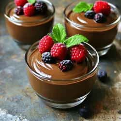 To make a rich vegan chocolate mousse, you need a few key items. Here’s what to gather: - 1 cup silken tofu, well-drained - 1/2 cup dark vegan chocolate chips (ensure dairy-free) - 1/4 cup pure maple syrup - 1 teaspoon vanilla extract - 1/4 teaspoon fine sea salt - 1/4 cup almond or coconut milk (adjust to achieve desired consistency) - Fresh berries (such as raspberries or strawberries) and mint leaves for garnish These ingredients work together to create a smooth and creamy texture. The silken tofu acts as a base, while the dark chocolate adds richness. Maple syrup brings sweetness, and vanilla adds depth. Choosing the right ingredients makes a big difference in your mousse. Here are tips to help you select the best: - Silken Tofu: Look for organic options. Freshness matters for flavor and texture. - Dark Vegan Chocolate: Check the label to ensure it’s dairy-free. Quality chocolate enhances taste. - Maple Syrup: Go for pure maple syrup, not the imitation kind. Pure syrup has a deeper flavor. - Milk: Use unsweetened almond or coconut milk for the best results. This keeps your mousse balanced. When you use high-quality ingredients, your mousse will taste amazing. You can customize your mousse with some fun extras. Here are a few ideas: - Espresso Powder: Add a teaspoon for a coffee flavor that pairs well with chocolate. - Mint Extract: A few drops can give your mousse a refreshing twist. - Peanut Butter: Swirl in some for a nutty flavor and extra creaminess. - Cocoa Powder: Mix in a tablespoon for a deeper chocolate taste. These optional ingredients can take your mousse to the next level. Feel free to experiment and find what you love! To make vegan chocolate mousse, follow these steps. First, gather your ingredients. You need silken tofu, dark vegan chocolate chips, maple syrup, vanilla extract, sea salt, and almond or coconut milk. Next, melt the chocolate. You can use a microwave or a double boiler. If using a microwave, place the chocolate chips in a bowl. Heat them in 30-second bursts, stirring each time. This helps prevent burning. If you choose a double boiler, fill a pan with water and bring it to a simmer. Place a bowl over it with the chocolate chips. Stir until melted. Once the chocolate is smooth, remove it from the heat and let it cool for a few minutes. This step is key. Hot chocolate can cook the tofu, which we do not want. Now, drain the silken tofu well. Too much water can make your mousse runny. Add the drained tofu, maple syrup, vanilla extract, and sea salt to a blender. Blend on high until smooth. Scrape the sides as needed to ensure everything mixes well. When melting chocolate, patience is important. If you rush, you risk burning it. Use the microwave or double boiler method as mentioned. Always stir well to keep the heat even. If you see lumps of chocolate, keep stirring. They will melt as you mix. If your chocolate is too thick, you can add a tiny bit of coconut oil. This will help it stay smooth. To get a creamy mousse, blend well. Start at a low speed, then increase to high. This helps to break down the tofu fully. If your mousse seems too thick, add a tablespoon of almond or coconut milk. Blend again until you reach your desired consistency. Taste your mousse before refrigerating. If you want it sweeter, add more maple syrup. Blend one last time to mix it in. Once blended, spoon the mixture into serving bowls. Cover them and chill for at least 30 minutes. This allows the mousse to set and flavors to meld. For the full recipe and all details, check the section above. Enjoy your rich and creamy vegan chocolate mousse! When making vegan chocolate mousse, avoid overmixing. This can introduce too much air, leading to a fluffy texture, not the creamy one you want. Make sure your silken tofu is well-drained. Too much water will make your mousse runny. Also, check that your chocolate is dairy-free. Using regular chocolate will ruin the vegan aspect. To create that rich, creamy texture, blend the tofu well. I recommend using a high-speed blender. This will make your mousse smooth and silky. If your mousse feels too thick, slowly add almond or coconut milk. This helps you control the final texture. Always taste the mousse before chilling. Adjust the sweetness to your liking with more maple syrup if needed. Presentation is key for any dessert! Use individual cups or glasses for serving. This adds a touch of elegance. Top each serving with fresh berries and mint leaves. They not only look pretty but also add fresh flavor. You can even drizzle some melted chocolate on top for a fancy touch. For the full recipe, check the section above. {{image_4}} You can change the type of chocolate in your mousse to fit your taste. Dark chocolate gives a rich flavor that many love. Milk chocolate, on the other hand, offers a sweeter, creamier taste. If you want a lighter option, try using semi-sweet chocolate. Always check that your chocolate is vegan to keep it dairy-free. You can also mix different kinds of chocolate for a unique taste. Want to make your mousse even more special? Add flavors! A drop of peppermint extract can create a fresh mint chocolate mousse. If you love coffee, try adding espresso powder for a rich, bold kick. You could also mix in a hint of orange zest for a fruity twist. Get creative with spices too; a pinch of cinnamon adds warmth and depth. Think about how you want to serve your mousse. For a fancy dinner, pour it into elegant glasses and top with fresh berries. This adds color and a burst of flavor. For a casual gathering, serve it in small bowls with a dollop of whipped coconut cream. If it's a birthday, add colorful sprinkles or a drizzle of chocolate sauce. Each way makes your mousse fun and tasty! For the full recipe, check out the section above. To keep your vegan chocolate mousse fresh, store it in airtight containers. This will prevent air from making it dry or hard. If you made a big batch, divide it into individual servings. This makes it easy to grab when you want a sweet treat. Be sure to place a layer of plastic wrap on the surface of the mousse before sealing the container. This helps keep it extra fresh. When stored correctly, vegan chocolate mousse can last up to 5 days in the fridge. After this time, it may lose its creamy texture. Always check for any off smells or changes in appearance before eating. If you notice anything unusual, it’s best to discard it. You do not need to reheat vegan chocolate mousse. Instead, serve it chilled straight from the fridge. If it seems too thick after storage, stir in a bit of almond or coconut milk to restore its creamy texture. Top it with fresh berries or mint leaves for a beautiful presentation. Enjoy your rich and creamy delight! For the full recipe, check the section above. Yes, you can use different sweeteners in this vegan chocolate mousse. Some great options are agave syrup, coconut sugar, or stevia. Just remember that each sweetener has a different taste and sweetness level. You may need to adjust the amount you use. Start with less and taste as you go. This way, you can find the perfect balance for your mousse. Good news! This vegan chocolate mousse is naturally gluten-free. All the ingredients listed in the Full Recipe are gluten-free. Just ensure the chocolate chips you choose are labeled as gluten-free. Some brands may have cross-contamination, so check the packaging. Using gluten-free ingredients will keep your mousse safe for those with gluten sensitivities. If you can’t find silken tofu, you have a few options. You can use avocado for a creamy texture. Blend ripe avocado until smooth, and then follow the rest of the recipe. Another option is to use coconut cream. Chill a can of coconut milk and scoop out the solid cream. Blend it for a rich taste. Both will give you a delicious mousse that still feels indulgent. You now have the tools to make a tasty vegan chocolate mousse. I covered key ingredients, from main to optional, ensuring you select the best. I shared step-by-step instructions for a creamy texture and tips to avoid common mistakes. Don't forget the fun variations and how to store any extra mousse. Remember, making mousse should be enjoyable. Use the tips and tricks to impress, and have fun experimenting with flavors and presentations. Enjoy your sweet treat!