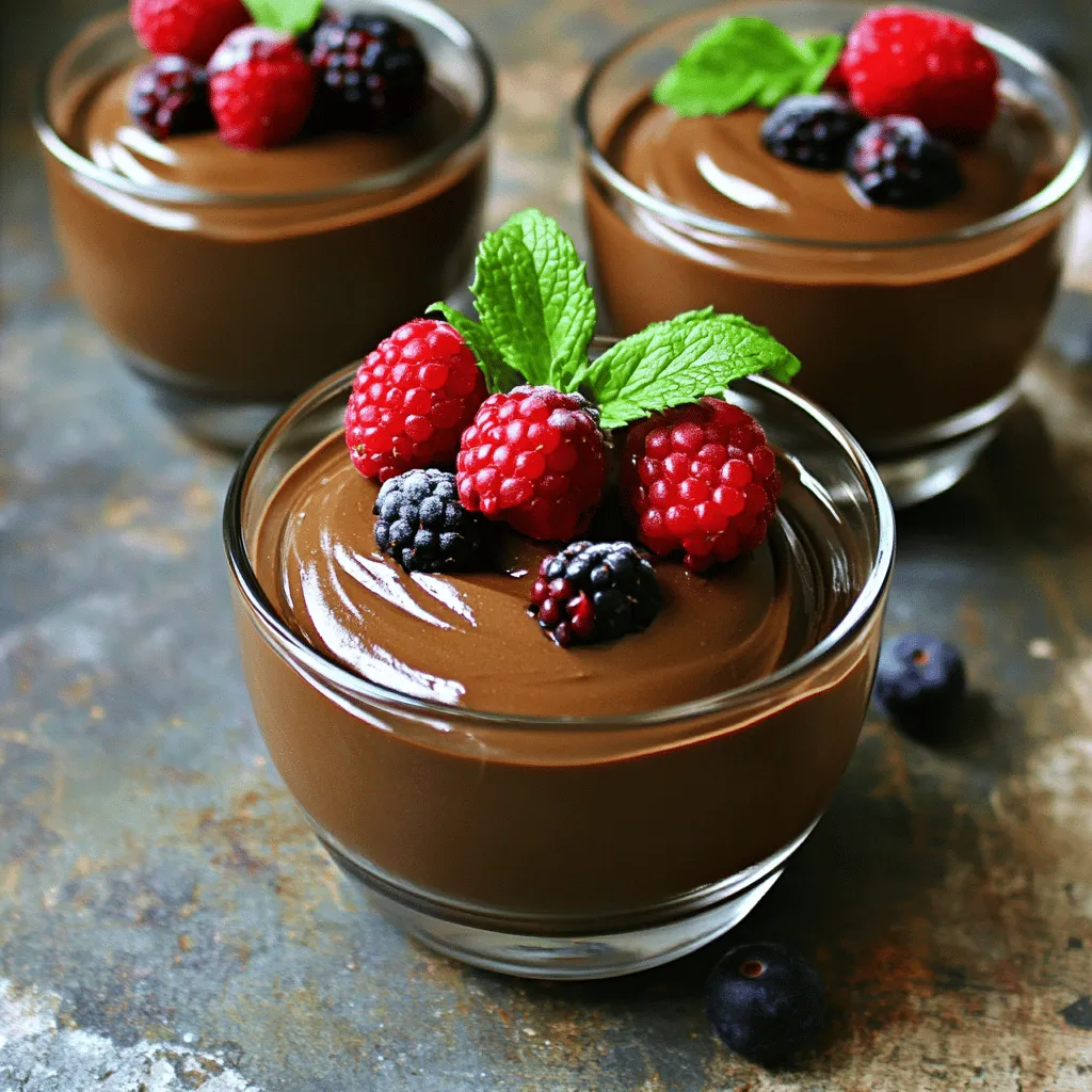 To make a rich vegan chocolate mousse, you need a few key items. Here’s what to gather: - 1 cup silken tofu, well-drained - 1/2 cup dark vegan chocolate chips (ensure dairy-free) - 1/4 cup pure maple syrup - 1 teaspoon vanilla extract - 1/4 teaspoon fine sea salt - 1/4 cup almond or coconut milk (adjust to achieve desired consistency) - Fresh berries (such as raspberries or strawberries) and mint leaves for garnish These ingredients work together to create a smooth and creamy texture. The silken tofu acts as a base, while the dark chocolate adds richness. Maple syrup brings sweetness, and vanilla adds depth. Choosing the right ingredients makes a big difference in your mousse. Here are tips to help you select the best: - Silken Tofu: Look for organic options. Freshness matters for flavor and texture. - Dark Vegan Chocolate: Check the label to ensure it’s dairy-free. Quality chocolate enhances taste. - Maple Syrup: Go for pure maple syrup, not the imitation kind. Pure syrup has a deeper flavor. - Milk: Use unsweetened almond or coconut milk for the best results. This keeps your mousse balanced. When you use high-quality ingredients, your mousse will taste amazing. You can customize your mousse with some fun extras. Here are a few ideas: - Espresso Powder: Add a teaspoon for a coffee flavor that pairs well with chocolate. - Mint Extract: A few drops can give your mousse a refreshing twist. - Peanut Butter: Swirl in some for a nutty flavor and extra creaminess. - Cocoa Powder: Mix in a tablespoon for a deeper chocolate taste. These optional ingredients can take your mousse to the next level. Feel free to experiment and find what you love! To make vegan chocolate mousse, follow these steps. First, gather your ingredients. You need silken tofu, dark vegan chocolate chips, maple syrup, vanilla extract, sea salt, and almond or coconut milk. Next, melt the chocolate. You can use a microwave or a double boiler. If using a microwave, place the chocolate chips in a bowl. Heat them in 30-second bursts, stirring each time. This helps prevent burning. If you choose a double boiler, fill a pan with water and bring it to a simmer. Place a bowl over it with the chocolate chips. Stir until melted. Once the chocolate is smooth, remove it from the heat and let it cool for a few minutes. This step is key. Hot chocolate can cook the tofu, which we do not want. Now, drain the silken tofu well. Too much water can make your mousse runny. Add the drained tofu, maple syrup, vanilla extract, and sea salt to a blender. Blend on high until smooth. Scrape the sides as needed to ensure everything mixes well. When melting chocolate, patience is important. If you rush, you risk burning it. Use the microwave or double boiler method as mentioned. Always stir well to keep the heat even. If you see lumps of chocolate, keep stirring. They will melt as you mix. If your chocolate is too thick, you can add a tiny bit of coconut oil. This will help it stay smooth. To get a creamy mousse, blend well. Start at a low speed, then increase to high. This helps to break down the tofu fully. If your mousse seems too thick, add a tablespoon of almond or coconut milk. Blend again until you reach your desired consistency. Taste your mousse before refrigerating. If you want it sweeter, add more maple syrup. Blend one last time to mix it in. Once blended, spoon the mixture into serving bowls. Cover them and chill for at least 30 minutes. This allows the mousse to set and flavors to meld. For the full recipe and all details, check the section above. Enjoy your rich and creamy vegan chocolate mousse! When making vegan chocolate mousse, avoid overmixing. This can introduce too much air, leading to a fluffy texture, not the creamy one you want. Make sure your silken tofu is well-drained. Too much water will make your mousse runny. Also, check that your chocolate is dairy-free. Using regular chocolate will ruin the vegan aspect. To create that rich, creamy texture, blend the tofu well. I recommend using a high-speed blender. This will make your mousse smooth and silky. If your mousse feels too thick, slowly add almond or coconut milk. This helps you control the final texture. Always taste the mousse before chilling. Adjust the sweetness to your liking with more maple syrup if needed. Presentation is key for any dessert! Use individual cups or glasses for serving. This adds a touch of elegance. Top each serving with fresh berries and mint leaves. They not only look pretty but also add fresh flavor. You can even drizzle some melted chocolate on top for a fancy touch. For the full recipe, check the section above. {{image_4}} You can change the type of chocolate in your mousse to fit your taste. Dark chocolate gives a rich flavor that many love. Milk chocolate, on the other hand, offers a sweeter, creamier taste. If you want a lighter option, try using semi-sweet chocolate. Always check that your chocolate is vegan to keep it dairy-free. You can also mix different kinds of chocolate for a unique taste. Want to make your mousse even more special? Add flavors! A drop of peppermint extract can create a fresh mint chocolate mousse. If you love coffee, try adding espresso powder for a rich, bold kick. You could also mix in a hint of orange zest for a fruity twist. Get creative with spices too; a pinch of cinnamon adds warmth and depth. Think about how you want to serve your mousse. For a fancy dinner, pour it into elegant glasses and top with fresh berries. This adds color and a burst of flavor. For a casual gathering, serve it in small bowls with a dollop of whipped coconut cream. If it's a birthday, add colorful sprinkles or a drizzle of chocolate sauce. Each way makes your mousse fun and tasty! For the full recipe, check out the section above. To keep your vegan chocolate mousse fresh, store it in airtight containers. This will prevent air from making it dry or hard. If you made a big batch, divide it into individual servings. This makes it easy to grab when you want a sweet treat. Be sure to place a layer of plastic wrap on the surface of the mousse before sealing the container. This helps keep it extra fresh. When stored correctly, vegan chocolate mousse can last up to 5 days in the fridge. After this time, it may lose its creamy texture. Always check for any off smells or changes in appearance before eating. If you notice anything unusual, it’s best to discard it. You do not need to reheat vegan chocolate mousse. Instead, serve it chilled straight from the fridge. If it seems too thick after storage, stir in a bit of almond or coconut milk to restore its creamy texture. Top it with fresh berries or mint leaves for a beautiful presentation. Enjoy your rich and creamy delight! For the full recipe, check the section above. Yes, you can use different sweeteners in this vegan chocolate mousse. Some great options are agave syrup, coconut sugar, or stevia. Just remember that each sweetener has a different taste and sweetness level. You may need to adjust the amount you use. Start with less and taste as you go. This way, you can find the perfect balance for your mousse. Good news! This vegan chocolate mousse is naturally gluten-free. All the ingredients listed in the Full Recipe are gluten-free. Just ensure the chocolate chips you choose are labeled as gluten-free. Some brands may have cross-contamination, so check the packaging. Using gluten-free ingredients will keep your mousse safe for those with gluten sensitivities. If you can’t find silken tofu, you have a few options. You can use avocado for a creamy texture. Blend ripe avocado until smooth, and then follow the rest of the recipe. Another option is to use coconut cream. Chill a can of coconut milk and scoop out the solid cream. Blend it for a rich taste. Both will give you a delicious mousse that still feels indulgent. You now have the tools to make a tasty vegan chocolate mousse. I covered key ingredients, from main to optional, ensuring you select the best. I shared step-by-step instructions for a creamy texture and tips to avoid common mistakes. Don't forget the fun variations and how to store any extra mousse. Remember, making mousse should be enjoyable. Use the tips and tricks to impress, and have fun experimenting with flavors and presentations. Enjoy your sweet treat!
