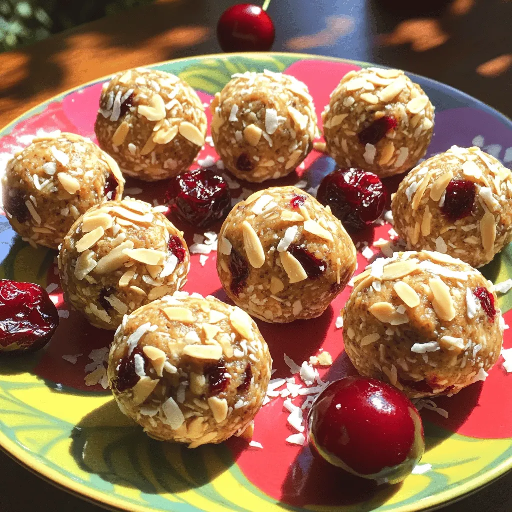 - 1 cup rolled oats - 1/2 cup creamy almond butter - 1/3 cup honey or maple syrup - 1/2 cup dried cherries, finely chopped - 1/4 cup almond meal - 1/2 cup chocolate protein powder - 1/4 teaspoon ground cinnamon - 1/4 teaspoon sea salt - 1/4 cup slivered almonds (for coating) To make Cherry Almond Protein Balls, gather these simple and nutritious ingredients. Each item plays a role in flavor and texture. The rolled oats add a hearty base. Almond butter brings creaminess and protein. Honey or maple syrup gives sweetness and binds the mix together. Dried cherries add a tart burst that contrasts nicely with the sweet. Almond meal contributes a nutty flavor and extra protein. The chocolate protein powder enhances the taste and boosts nutrition. Cinnamon adds warmth, while sea salt balances all the flavors. Finally, slivered almonds provide a crunchy coating that makes these balls even more delightful. You can customize these ingredients based on your taste. For example, you can swap honey for agave syrup. You can also change the dried cherries to cranberries or raisins. The key is to keep the right balance of dry and wet ingredients. If you're ready to make these tasty snacks, check out the full recipe! Mixing the Base Ingredients Start by getting a large mixing bowl. In it, combine the rolled oats, creamy almond butter, and honey or maple syrup. Grab a spatula and mix until everything blends well. The texture should be smooth and sticky. Adding Additional Ingredients Next, add the finely chopped dried cherries, almond meal, chocolate protein powder, ground cinnamon, and sea salt. Stir this mix thoroughly. You want all the flavors to spread evenly through the mixture. Adjusting Consistency as Needed If the mixture feels too sticky, cover the bowl with plastic wrap. Place it in the fridge for about 15 minutes. This chilling time helps the mixture firm up, making it easier to handle later. Chilling the Mixture for Easier Handling Once the mixture is chilled, it will be easier to roll into balls. Take it out of the fridge and get ready to form your snacks. Rolling into Balls Use your hands to scoop out portions of the mixture. Roll each portion into a ball about 1 inch in diameter. You should be able to create around 12 to 15 balls with this recipe. Rolling in Slivered Almonds Pour the slivered almonds onto a plate. Take each protein ball and gently roll it in the slivered almonds. Make sure each ball gets a nice coating for a delicious crunch. Storage Recommendations Transfer your finished protein balls into an airtight container. Store them in the refrigerator. They stay fresh for up to one week, making them a perfect grab-and-go snack. Enjoy! To get the right texture, you may need to adjust the stickiness. If your mixture feels too sticky, simply chill it. Refrigerate for about 15 minutes. This helps it firm up, making it easier to roll into balls. For serving, arrange the protein balls on a bright plate. This adds color and charm. You can garnish with whole cherries and shredded coconut. These touches make the dish look inviting and tasty. The ingredients in Cherry Almond Protein Balls offer many health perks. Rolled oats provide fiber, while almond butter adds healthy fats and protein. Dried cherries are rich in antioxidants, which help your body. These protein balls work great as a post-workout snack. They help you recover and refuel after exercise. The combination of protein and carbs gives your body what it needs. For the complete details, refer to the Full Recipe. {{image_4}} You can easily change the taste of your Cherry Almond Protein Balls. Try adding different dried fruits. You can use apricots, cranberries, or figs. Each fruit brings a new flavor and texture. This makes your snack fun and exciting! Swapping nut butters is another great way to change things up. You can use peanut butter or cashew butter instead of almond butter. Each type of nut butter adds its own unique taste. This flexibility lets you enjoy the protein balls in many ways. If you follow a vegan diet, you can use maple syrup instead of honey. Maple syrup adds sweetness without using animal products. This simple swap makes your snack plant-based and delicious. You can also make these protein balls gluten-free. Use gluten-free oats and almond meal. This way, everyone can enjoy them, no matter their diet. It’s easy to make these treats fit your needs! Using different types of protein powder can boost your Cherry Almond Protein Balls. You might try vanilla, strawberry, or pea protein powder. Each option adds a different flavor and nutrition boost. You can also enhance your protein balls with superfoods. Adding chia seeds, flaxseeds, or spirulina can increase their health benefits. These small changes pack a big punch in nutrition. They make your snack not only tasty but also very healthy. For the full recipe, check out the details above! To keep your cherry almond protein balls fresh, use an airtight container. This helps prevent air and moisture from spoiling them. You can easily find these containers in stores or online. If you want to keep them longer, freezing is a great option. Just place the balls in a single layer on a baking sheet first. This way, they won’t stick together. Once they are frozen, transfer them to a freezer-safe bag or container. In the refrigerator, your protein balls will stay fresh for about one week. Make sure to check for any signs of spoilage after a few days. If you freeze them, they can last for up to three months. Just remember to label your container with the date for easy tracking. To tell if your protein balls are bad, look for changes in smell or texture. If they feel sticky or have an odd odor, it’s best to discard them. Also, check for any visible mold. To keep them fresh, always store them in the airtight container and consume them within the recommended time. Keeping them in a cool, dry place also helps. For the full recipe, refer back to the main section. Yes, you can make these protein balls nut-free. Use sunflower seed butter or tahini instead of almond butter. Both options provide creaminess and flavor. For the almond meal, you can substitute it with ground sunflower seeds or oat flour. This keeps the texture nice while making them safe for those with nut allergies. To make these protein balls vegan, simply swap the honey for maple syrup. This change keeps the sweetness without using animal products. Additionally, check that your protein powder is plant-based. Many brands offer vegan protein options that work great in this recipe. These protein balls fit well into snacks or meal prep. Enjoy them as a quick snack after workouts. They also work as a sweet treat during the day. You can keep them in your bag for a healthy option on the go. Pair them with fruit or yogurt for a balanced meal. Each Cherry Almond Protein Ball has about 100 calories. The exact number may vary based on specific brands and ingredients. They provide a good mix of protein, healthy fats, and carbs. This balance makes them a smart choice for energy without excess calories. Cherry almond protein balls are easy and tasty to make. You only need simple ingredients and clear steps. Start by mixing oats, almond butter, and protein powder, then add cherries and nuts. Chill the mixture to roll into balls. These snacks pack protein and nutrients, making them perfect post-workout. You can switch flavors or adapt the recipe for diets. Remember to store them well to keep them fresh. Enjoy creating your snacks and trying different twists for variety!