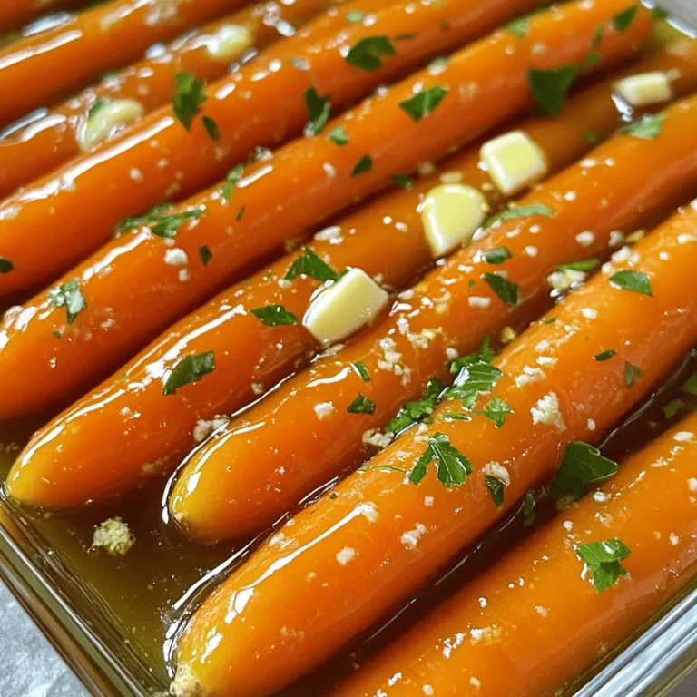 - 1 pound baby carrots, peeled - 2 tablespoons honey - 3 cloves garlic, finely minced - 2 tablespoons unsalted butter - 1 tablespoon olive oil - Salt and freshly cracked pepper to taste - 1 tablespoon fresh parsley, finely chopped (for garnish) You might want to swap honey with maple syrup or agave. Both work well and add sweetness. For garlic, fresh is best, but dried garlic can save time. Just use less, as dried garlic is stronger. If you need a dairy-free option, use more olive oil in place of butter. Using precise measurements can make a big difference in taste. For even cooking, cut the carrots into similar sizes. To mince garlic, crush the cloves with the flat side of a knife first. This makes chopping easier and faster. Remember, fresh garlic gives a better flavor than pre-minced options. You can find the Full Recipe for step-by-step instructions. The first step is to preheat your skillet. You want it hot to start cooking the carrots. This helps them cook evenly and get a nice color. Next, you will sauté the carrots. This means cooking them quickly in oil and butter to make them tender. Lastly, you will add the garlic and honey glaze. This brings all the flavors together and makes the dish sweet and tasty. - Step 1: Melting butter and oil Start by melting 2 tablespoons of unsalted butter with 1 tablespoon of olive oil in your skillet. Heat it over medium heat. You want the butter to bubble a bit. This gives your carrots a rich flavor. - Step 2: Sautéing carrots to perfection After the butter melts, add 1 pound of peeled baby carrots. Sauté them for about 5 minutes. Stir them often. You want them to soften and turn bright orange. - Step 3: Incorporating honey for glazing Next, add 3 cloves of minced garlic. Cook for 2 minutes, stirring gently. Be careful not to let the garlic burn. Then, drizzle 2 tablespoons of honey over the carrots. Stir well to coat them evenly in the sweet glaze. Now, adjust the seasonings to your taste. Add salt and freshly cracked pepper as you like. Turn the heat to low and let it simmer for 5 to 7 minutes. This allows the glaze to thicken and the carrots to get tender, but still a bit crunchy. Once done, remove the skillet from the heat. For a fresh touch, sprinkle 1 tablespoon of finely chopped parsley on top. This adds color and flavor to your dish. For presentation, transfer the glazed carrots to a shallow serving dish. Drizzle any leftover glaze over them. Garnish with extra parsley for a lovely look. Enjoy your Honey Garlic Glazed Carrots! For the full recipe, check the link. - How to prevent burning garlic To stop garlic from burning, add it later in the cooking. Sauté carrots for a few minutes first, then add minced garlic. This keeps the garlic from turning bitter. - Timing for perfect carrot texture Cook the baby carrots for about 10 to 12 minutes total. You want them tender but still a bit crisp. Test them with a fork. If they pierce easily but hold their shape, they are done. - Adjusting sweetness levels Adjust sweetness by adding more or less honey. If you want it less sweet, use half the honey or add a splash of vinegar for balance. Taste as you go to find your perfect mix. - Pairing with main dishes These carrots go well with roasted chicken or grilled steak. They add a sweet, savory touch to any main dish. Try them with a nice piece of fish, too. - Creative serving ideas For a fun twist, serve them in small jars. This adds a cute touch to your table. You can also toss them with nuts or seeds for added crunch. - Pitching to kids or picky eaters Kids love sweet flavors. These carrots are a hit! You can also let them help in the kitchen. They can mix the honey and garlic, making them more excited to try the dish. - Essential cookware Use a large skillet for even cooking. A non-stick skillet works great for easy cleanup. - Recommended utensils A wooden spoon is best for stirring. It helps you mix without scratching your pan. A sharp knife is key for mincing garlic and chopping parsley. - Best serving dishes A shallow serving bowl works well. It shows off the bright colors of the carrots. You can also use a platter for larger gatherings. {{image_4}} You can change the taste of honey garlic glazed carrots easily. Adding spices can create a new flavor. Try cinnamon or cumin. Both spices add warmth and depth. For a zestier taste, use citrus juice or zest. Lemon or orange brightens the dish. If you like sweet and spicy, add some red pepper flakes or cayenne. The heat balances the honey's sweetness. If you want a vegan dish, swap the butter for coconut oil. This keeps it creamy and rich without dairy. For those watching sugar, use agave syrup or maple syrup instead of honey. Both options provide sweetness with fewer calories. If you're gluten-free, this recipe is perfect as is. No need for any flour or bread products. Seasonal vegetables can enhance your dish. In spring, try adding peas or asparagus. In the fall, roasted squash or sweet potatoes work well. These add color and flavor. If you have leftover veggies, toss them in too. They can add great taste and help reduce food waste. Get creative and enjoy the process! After you cook your honey garlic glazed carrots, let them cool. Place them in a shallow dish. Use an airtight container for best results. If you plan to eat them within a few days, refrigerate the carrots. They stay fresh for about 3 to 5 days. For longer storage, consider freezing. Place the cooled carrots in a freezer-safe bag. Remove as much air as you can. This helps prevent freezer burn. They can last up to three months in the freezer. To reheat your carrots, use a skillet for the best flavor. Place them in a pan over low heat. Add a splash of water or extra honey for moisture. Stir often to avoid burning. You can also use the microwave. Place the carrots in a microwave-safe dish. Add a little water to keep them from drying out. Heat in short bursts, stirring between each. This keeps the flavor intact. In the fridge, honey garlic glazed carrots last about 3 to 5 days. Look for signs of spoilage, like a slimy texture or strong odor. If you see these, it’s best to throw them out. For food safety, make sure to cool them down before storing. Always keep the fridge temperature below 40°F. This helps keep your food fresh and safe to eat. To make Honey Garlic Glazed Carrots, start by melting butter and olive oil in a skillet. Add peeled baby carrots and sauté for about 5 minutes. When the carrots soften, mix in minced garlic and cook for 2 more minutes. Then, drizzle honey over the carrots and season with salt and pepper. Simmer the mixture for 5 to 7 minutes until the glaze thickens. Finish with fresh parsley for a burst of color. Yes, you can use frozen carrots! They may not have the same crunch as fresh ones, but they will still taste great. Just be sure to thaw them first. You might need to adjust the cooking time, as frozen carrots often require a bit longer to heat through. Avoid burning the garlic by watching it closely. Garlic cooks fast and can turn bitter if overcooked. Also, don't skip the salt and pepper; they enhance the flavors. Lastly, don’t rush the simmering step, as this helps the glaze thicken nicely. You can cook the carrots ahead of time and store them in the fridge. Just reheat them in a skillet before serving. If you want to save time, prepare the glaze and carrots separately. Then, mix them just before serving for the best taste. This dish pairs well with roasted chicken or grilled steak. You can also serve it alongside rice or quinoa for a complete meal. These carrots bring a sweet and savory touch, complementing many main dishes. You can find the full recipe [here](#) for a detailed guide. This blog post covered the ingredients and cooking steps to make Honey Garlic Glazed Carrots. We discussed ingredient options, preparation tips, and cooking methods for the best results. You now have tools to experiment with flavors, store leftovers, and serve the dish creatively. Remember, cooking is about a mix of fun and taste. Enjoy making these carrots your own, and share them with friends or family for a delightful meal. Your kitchen is ready for some tasty adventures!