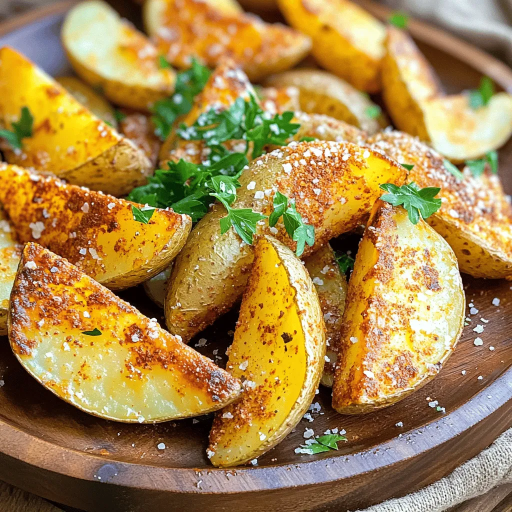 To create perfect Air Fryer Parmesan Potato Wedges, you'll need a few simple ingredients. Here’s what you need: - 4 large russet potatoes, thoroughly scrubbed and cut into wedges - 1/4 cup extra virgin olive oil - 1/2 cup finely grated Parmesan cheese - 1 teaspoon garlic powder - 1 teaspoon onion powder - 1 teaspoon smoked paprika - 1 teaspoon dried oregano - Salt and freshly ground black pepper, to taste - Fresh parsley, chopped, for garnish Using fresh, high-quality ingredients ensures a tasty and crispy result. The russet potatoes offer a great texture, while the Parmesan cheese adds a wonderful salty flavor. The spices bring warmth and depth to each bite. For the best results, make sure to measure your ingredients carefully. This will help you get the right balance of flavors. If you want to see the full recipe, just click here. Start by scrubbing the russet potatoes under cold water. This step removes dirt and makes them clean. Then, cut each potato into wedges. Aim for about eight wedges per potato. Keeping the wedges the same size helps them cook evenly. This way, you will get that perfect crisp all around. In a large bowl, combine the finely grated Parmesan cheese with garlic powder, onion powder, smoked paprika, and dried oregano. Add salt and black pepper to taste. Mix well to make sure the cheese and spices blend evenly. This even distribution is key to every bite bursting with flavor. Drizzle extra virgin olive oil over the potato wedges. Toss them gently to coat each wedge. Next, sprinkle the seasoning mix all over the wedges. Toss again to ensure that every piece is coated. This step adds that tasty crunch when they cook. Set your air fryer to 400°F (200°C). Preheat it for about 5 minutes. This step makes sure the air fryer is ready to give your wedges that perfect crispiness. Place the potato wedges in a single layer in the air fryer basket. Avoid overcrowding them; cook in batches if needed. Air fry at 400°F (200°C) for 15-20 minutes. Shake the basket halfway through the cooking time. This helps the wedges crisp up nicely on all sides. Once the wedges are golden brown and crispy, transfer them to a serving plate. Sprinkle chopped fresh parsley over the top for a nice pop of color. Serve the potato wedges hot with your favorite dipping sauces like creamy ranch or zesty ketchup. These sauces add extra flavor and make the dish even more fun. For the full recipe, check out the main article. To get your potato wedges crispy, time and temperature matter. I recommend cooking them at 400°F for 15 to 20 minutes. This high heat helps create a golden crust. Check them halfway through and shake the basket. This step ensures even cooking and crispiness. Avoid overcrowding the basket. If you put too many wedges in at once, they will steam instead of fry. Cook them in batches if needed. This way, each wedge gets the hot air it needs. You can swap Parmesan cheese for other options. Grated Pecorino Romano will give a salty kick. Nutritional yeast works well for a vegan choice. It adds a cheesy flavor without dairy. For oil, extra virgin olive oil is great, but you can use avocado oil for a milder taste. This oil has a high smoke point, making it perfect for air frying. You can reduce oil without losing flavor. Try using just 2 tablespoons of oil. Toss the wedges in the oil lightly. This will cut down on calories but still keep them tasty. To enhance flavor without calories, add spices like paprika or herbs. Fresh herbs like rosemary or thyme can boost taste without adding fat. You can even sprinkle a bit of lemon juice over the wedges after cooking for a fresh twist. For the Full Recipe, be sure to follow the steps carefully to achieve the best results! {{image_4}} You can easily change the taste of your potato wedges. For a spicy twist, add chili powder to the seasoning mix. This will give your wedges a nice kick. If you love herbs, try rosemary or thyme. These herbs pair well with the cheese and add fresh flavor. Don't feel limited to just russet potatoes. You can use sweet potatoes for a sweeter flavor. They also turn crispy in the air fryer. Try baby or fingerling potatoes too. These small potatoes create fun, bite-sized wedges that are perfect for kids and parties. Want a vegan version? You can swap out Parmesan cheese for nutritional yeast. It gives a cheesy flavor without dairy. Adjust the oil and spices to fit a vegan diet. This way, everyone can enjoy crispy potato wedges! For the full recipe, check out the detailed instructions above. After enjoying your Air Fryer Parmesan Potato Wedges, it's key to store them right. Place any leftovers in an airtight container. This keeps them fresh and tasty. You can store them in the fridge for up to three days. To keep your wedges crispy, reheating is a must. The best way is to use the air fryer. Set it to 350°F (175°C) and heat for about 5-7 minutes. This method brings back that wonderful crunch. You can also use an oven. Preheat it to 350°F (175°C) and reheat for about 10 minutes. The microwave is an option, but it may make them soggy. If you want to freeze wedges, it's best to freeze them before cooking. Place uncooked wedges in a single layer on a baking sheet. Freeze until solid, then transfer to a freezer bag. This way, they stay fresh for up to three months. For cooked wedges, let them cool first. Then, store them in a freezer bag. They can keep for about two months. Make sure to label the bags with the date for easy tracking. Yes, you can prep these potato wedges ahead of time. Start by cutting the potatoes into wedges. You can soak them in water to prevent browning. After soaking, drain and pat them dry. Coat the wedges with oil and seasonings, then place them in an airtight container. Keep them in the fridge for up to 24 hours before air frying. This saves time and makes cooking easy when you're ready to enjoy them. You can tell when the wedges are done by their color and texture. Look for a golden brown color on the outside. The wedges should also feel crispy and firm when you touch them. If you want to be sure, use a fork to test. If it easily pierces the potato, they are cooked. Remember to shake the basket halfway through cooking for even crispiness. There are many tasty sauces that go well with these wedges. Here are some popular options: - Creamy ranch dressing - Zesty ketchup - Spicy sriracha mayo - Tangy barbecue sauce - Garlic aioli These dips will enhance the flavor and make your meal even more fun. Yes, you can cook other veggies at the same time. Just make sure they have similar cooking times. Cut them to a size that matches the potato wedges. Good choices include bell peppers, zucchini, or carrots. Keep in mind that some veggies may need less time, so check on them often. This way, you can enjoy a colorful and healthy meal. If you want to add some heat, there are easy ways to spice up your wedges. Here are a few ideas: - Add cayenne pepper to your seasoning mix. - Use chili powder instead of smoked paprika. - Sprinkle red pepper flakes on top after cooking. - Serve with a spicy dipping sauce like buffalo sauce. These simple changes will give your wedges a nice kick! For the full recipe, check out the details above. To make Air Fryer Parmesan Potato Wedges, you need a few simple ingredients, such as russet potatoes and spices. The step-by-step process ensures perfectly crispy wedges. You learned about techniques for coating and cooking, plus tips for variations and storing leftovers. These potato wedges are a fun and tasty snack. They are easy to customize for your taste. Enjoy creating your own versions and experimenting with flavors!