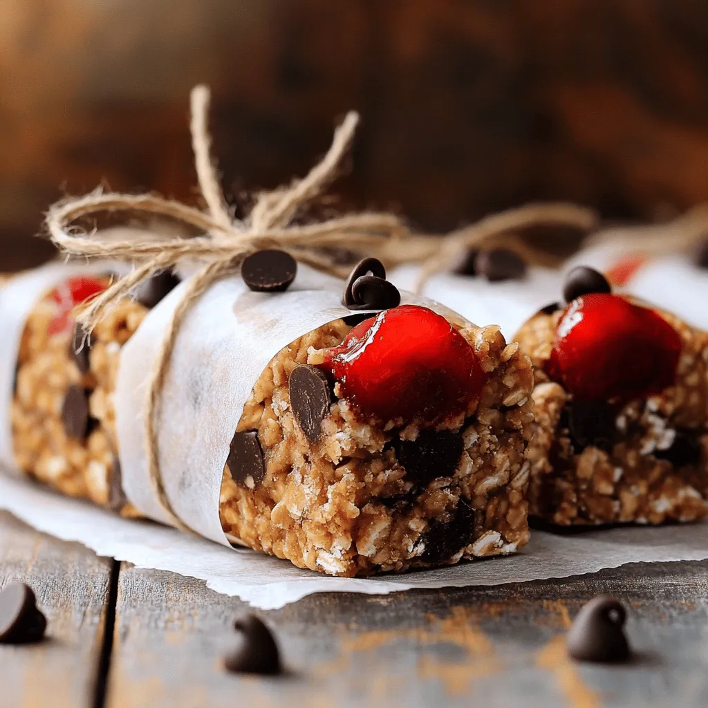 - 1 cup pitted cherries (fresh or frozen) - 1 cup rolled oats - ½ cup chocolate protein powder - ½ cup almond butter - ¼ cup honey or maple syrup - ½ cup dark chocolate chips (or sugar-free chocolate chips) - ¼ teaspoon sea salt - 1 teaspoon pure vanilla extract - 2 tablespoons chia seeds (optional, for added texture and nutrition) Each serving (1 bar) offers: - Calories: 180 - Protein: 6g - Carbohydrates: 24g - Fiber: 4g - Sugars: 7g - Fats: 7g Each ingredient in these Cherry Chocolate Protein Bars offers great health benefits: - Cherries: These fruits are rich in antioxidants. They help fight inflammation and boost your immune system. They also add natural sweetness and flavor. - Rolled oats: Oats provide whole grains. They are high in fiber, which helps with digestion and keeps you full. - Chocolate protein powder: This adds protein to your bars. It helps build muscle and supports weight loss. - Almond butter: Almond butter is a healthy fat source. It gives energy and supports heart health. - Honey or maple syrup: These natural sweeteners add flavor and energy. They can also boost your mood! - Dark chocolate chips: These chips offer antioxidants and can improve heart health. They also make your bars extra tasty. - Sea salt: A pinch of salt enhances flavor and balances sweetness. - Vanilla extract: This adds a rich flavor. It can also help reduce sugar cravings. - Chia seeds: These tiny seeds are packed with fiber and omega-3 fatty acids. They add texture and nutrition. All these ingredients make the Cherry Chocolate Protein Bars a tasty and nutritious snack. You can enjoy them anytime, and they are easy to make with the Full Recipe! Making cherry chocolate protein bars is easy and fun. First, gather your ingredients. You will need cherries, oats, chocolate protein powder, almond butter, honey, chocolate chips, sea salt, vanilla, and chia seeds. Start by preheating your oven to 350°F (175°C). Line your baking dish with parchment paper. This helps with easy removal later. Next, mash your cherries in a bowl. Leave some chunks for texture. In another bowl, mix oats, protein powder, almond butter, honey, salt, and vanilla. Stir until everything blends well. Then, fold in the mashed cherries and optional chia seeds. Finally, add chocolate chips for a sweet finish. Now, it’s time to bake! Pour your mixture into the lined baking dish. Press it down firmly to make it compact. This step helps your bars hold together. Place the dish in your oven and bake for 20 to 25 minutes. Keep an eye on it. The edges should turn golden brown, and the center should feel firm. Once baked, let the bars cool in the pan for about 10 minutes. Then, lift them out using the parchment paper. Place the bars on a wire rack to cool completely. This helps them set perfectly. After they cool down, slice them into squares or rectangles. Serve them as a snack or a quick breakfast. Enjoy these delicious cherry chocolate protein bars with friends or family. For the full recipe, check the recipe section above! To make the best cherry chocolate protein bars, start with fresh or frozen cherries. Mash them to keep some chunks for texture. Mix the dry and wet ingredients well. This step helps bind everything together. A sturdy spatula works great for mixing. Press the mixture firmly into the baking dish for even cooking. This makes your bars hold together nicely. One common mistake is over-mixing the batter. This can make your bars tough. Another issue is not lining the baking dish. The parchment paper helps you remove the bars easily. Don't skip the cooling step either. Cutting the bars too soon can cause them to crumble. Allow your bars to cool completely for the best texture. You can enhance flavor by adding spices like cinnamon or nutmeg. These spices pair well with chocolate and cherries. For more crunch, consider adding nuts or seeds. They add texture and nutrition. If you want a sweeter taste, increase the honey or maple syrup. This will make your bars more enjoyable for kids and adults alike. For other ideas, check out the Full Recipe for more tips and insights. {{image_4}} If you have allergies or dietary needs, you can still enjoy these bars. Here are some swaps: - Nut-free: Use sunflower seed butter instead of almond butter. - Gluten-free: Ensure you use certified gluten-free oats. - Vegan: Replace honey with maple syrup or agave nectar. - Sugar-free: Use a sugar substitute like erythritol for the sweetener. These substitutions will make the recipe fit your needs while still tasting great. You can change the flavors to keep things fun. Consider these ideas: - Berry Blast: Swap cherries with raspberries or blueberries for a fresh twist. - Nutty Delight: Add chopped nuts like almonds or walnuts for crunch. - Coconut Craze: Mix in shredded coconut for a tropical feel. - Spicy Kick: A pinch of cinnamon or nutmeg can add warmth and depth. Experimenting with flavors can lead to new favorites! If you want to try something different for protein, here are some options: - Pea Protein: Great for plant-based diets and has a mild flavor. - Hemp Protein: Adds healthy fats and a nutty taste. - Casein Protein: This slower-digesting option is perfect for nighttime snacks. - Greek Yogurt: Mix in a bit for creaminess and extra protein without the powder. Using different protein sources can change the texture and taste while boosting nutrition. For the full recipe, check out the section above! To keep your cherry chocolate protein bars fresh, store them in an airtight container. This helps prevent moisture from ruining the texture. Place a piece of parchment paper between layers if stacking them. Store the container in the fridge for the best results. This will keep the bars firm and tasty. When stored properly, these bars last up to one week in the fridge. If you notice any change in smell or texture, it’s best to toss them. For longer storage, consider freezing them. This way, you can enjoy them later without losing flavor or quality. To freeze your cherry chocolate protein bars, first cut them into squares. Wrap each bar in plastic wrap, then place them in a freezer-safe bag. Be sure to squeeze out any air to avoid freezer burn. They will keep well for up to three months. When ready to eat, let them thaw in the fridge or at room temperature. Cherry chocolate protein bars offer many health benefits. They provide a good dose of protein, which helps with muscle repair. The cherries add vitamins and antioxidants, which support your immune system. Almond butter gives healthy fats that keep you full longer. Oats are full of fiber, aiding digestion and heart health. These bars also contain low sugar, making them a guilt-free snack. Yes, you can use other fruits! Try mashed bananas for a sweeter taste. Applesauce works well for moisture and flavor. You can also use blueberries or raspberries for a twist. Just remember to adjust the sweetness based on the fruit. Each fruit brings its unique flavor and health benefits. You can buy cherry chocolate protein bars at health food stores and online. Many brands offer ready-made bars. Check the health section in your local grocery store. You can also find them at specialty shops focused on healthy snacks. Making your own is easy with the full recipe provided. In this article, we explored how to make cherry chocolate protein bars. I covered the key ingredients and their benefits. You'll also find easy steps for baking and cooling. Plus, I shared tips to avoid mistakes and enhance flavors. In summary, making these bars can be fun and rewarding. Try different flavors or proteins to fit your needs. Enjoy your tasty, healthy snack and feel great!