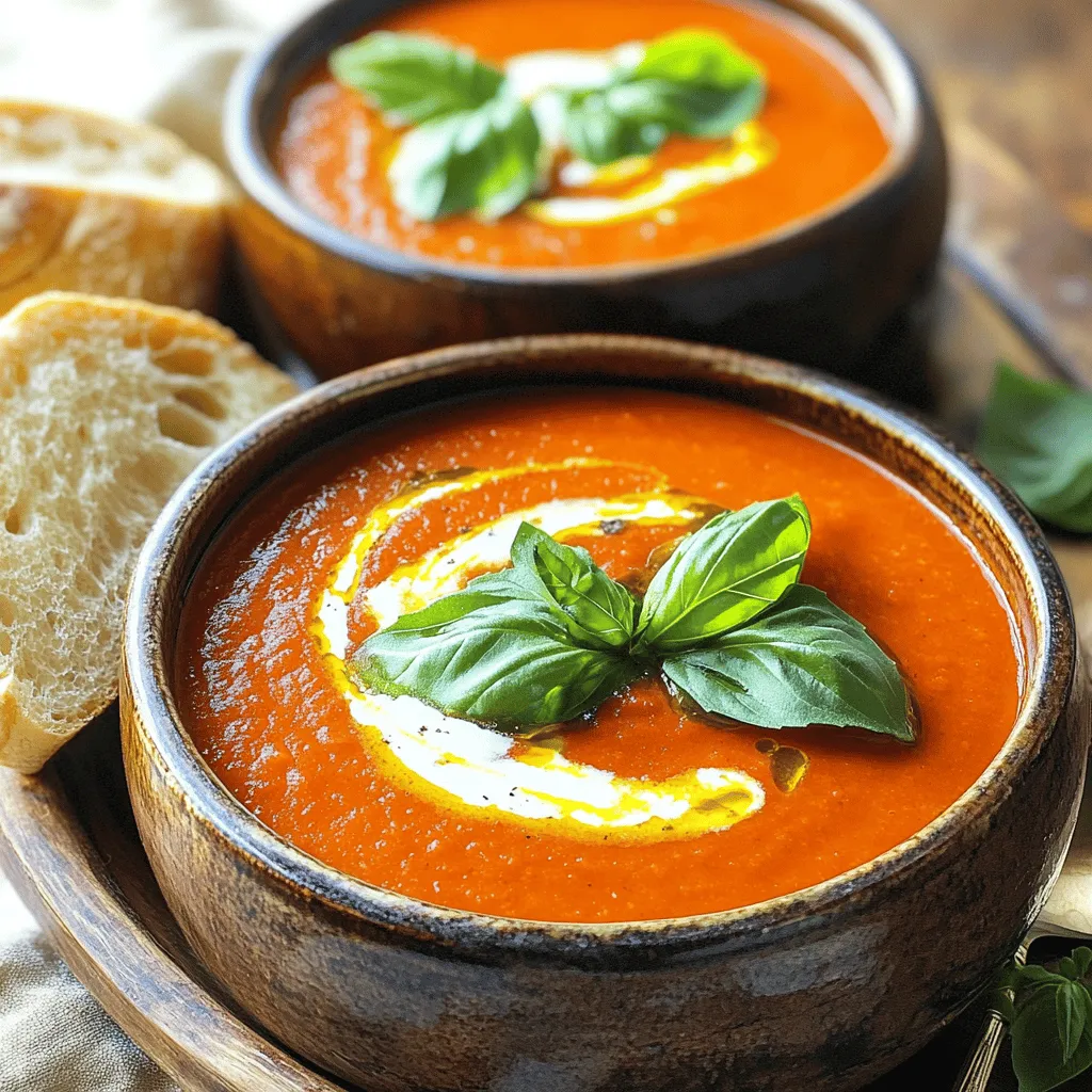 Here’s what you need for a hearty bowl of Tuscan tomato basil soup: - 2 tablespoons high-quality olive oil - 1 medium onion, finely diced - 3 cloves garlic, minced - 1 medium carrot, finely chopped - 1 celery stalk, finely diced - 2 cans (14 ounces each) crushed tomatoes, preferably San Marzano - 4 cups fresh vegetable broth, homemade or low-sodium - 1 teaspoon dried oregano, preferably from the Mediterranean - 1 teaspoon granulated sugar (to balance acidity) - Salt and freshly ground pepper to taste - 1 cup fresh basil leaves, torn into pieces - 1/2 cup heavy cream (or coconut cream for a luscious dairy-free alternative) To make your soup even better, consider these optional ingredients: - Crusty bread - Homemade croutons These additions can enhance the texture and flavor of your meal. Choosing the best ingredients is key to great flavor. Here are my tips: - Tomatoes: Look for San Marzano or any quality crushed tomatoes. They add sweetness and depth. - Basil: Choose bright green leaves. They should feel fresh and fragrant. - Onions and Garlic: Pick firm onions and plump garlic cloves. Avoid any with soft spots. - Carrots and Celery: Go for crisp, firm vegetables. They should snap when bent. Fresh ingredients truly make a difference in taste. Enjoy the cooking process as much as the eating! For a full recipe, refer to the [Full Recipe]. First, gather your ingredients. You need olive oil, onion, garlic, carrot, celery, crushed tomatoes, vegetable broth, oregano, sugar, salt, pepper, basil, and heavy cream. Start by heating the olive oil in a large pot. Add the finely diced onion and cook it until soft. This should take about 5 minutes. Next, add the minced garlic, chopped carrot, and diced celery. Stir this mix for another 5 minutes. The veggies will soften and blend their flavors. Now, pour in the crushed tomatoes and the broth. Mix everything well. Season the soup with oregano, sugar, salt, and pepper. Bring it to a boil. Once it boils, lower the heat and let it simmer for 20 to 25 minutes. This step makes the flavors rich and deep. A few minutes before it’s done, add the torn basil leaves. They will wilt and add a fresh taste. After simmering, blend the soup. You can use an immersion blender or a regular blender. If you use a regular blender, let the soup cool a bit. Blend in batches and be careful of the steam. Once smooth, return it to the pot. Stir in the heavy cream and warm it gently. Adjust the seasoning with more salt or pepper if needed. Serve hot and enjoy! Using an immersion blender is easy and safe. Here are some tips: - Keep it submerged: Make sure the blending arm is fully in the soup. - Move slowly: Blend in short bursts. This helps avoid splatter. - Blend in different spots: Move the blender around to get a smooth texture. - Check for lumps: After blending, look for any bits that need more mixing. These tips will help you blend your soup to the perfect smoothness without making a mess. Cooking time can change based on how many people you serve. Here’s how to adjust: - For 2 servings: Cut the recipe in half. The cooking time stays the same. - For 8 servings: Double the recipe. The cooking time may increase by 5 to 10 minutes. - For 12 servings: Triple the recipe. Keep an eye on it, simmering a few extra minutes. Always check the soup for flavor and thickness as you adjust the amounts. More servings may need a bit more seasoning too. To enhance your Tuscan tomato basil soup, focus on the quality of your ingredients. Use San Marzano tomatoes, known for their rich taste. Fresh basil adds a bright note. For an extra kick, add a splash of balsamic vinegar. This balance will elevate the soup’s flavor. Always taste and adjust seasoning as you cook. A pinch of sugar can help balance acidity from the tomatoes. Store leftover soup in an airtight container. It stays fresh in the fridge for about three days. If you want to keep it longer, freeze the soup. Make sure to cool it completely before freezing. You can freeze it for up to three months. When reheating, add a splash of broth or water to restore its creamy texture. If you want a creamier soup, heavy cream is great. However, you can use coconut cream for a dairy-free option. This adds a subtle sweetness too. For a lighter touch, try blending in a bit of Greek yogurt just before serving. This adds creaminess without extra fat. You could also use pureed cauliflower for a healthy twist. Each option gives a unique flavor and texture. For the full recipe, check out the Heavenly Tuscan Tomato Basil Soup . {{image_4}} You can easily make this soup vegetarian or vegan. To do this, skip the heavy cream. Use coconut cream instead. It adds a nice richness without dairy. For a heartier soup, add more veggies. Try zucchini, bell peppers, or spinach. These ingredients boost flavor and nutrition. You can also use vegetable broth to keep it plant-based. Want to add protein? Chicken works great. Just cook diced chicken in the pot before adding veggies. It will soak up all those delicious flavors. If you prefer beans, add a can of drained white beans. They add protein and creaminess. Mix them in when you blend the soup. This makes the soup filling and satisfying. If you like spice, add red pepper flakes. Just a pinch can change the whole soup. Mix them in during cooking for a warm kick. You can also try fresh herbs. Add thyme or rosemary for more flavor. They pair well with tomatoes and basil. These small changes can make your soup unique. For the full recipe, don’t forget to check out the Heavenly Tuscan Tomato Basil Soup. I recommend using airtight containers for storing your soup. Glass jars or plastic containers work well. Make sure they have tight lids to keep the soup fresh. If you plan to freeze it, use freezer-safe containers or heavy-duty freezer bags. You can store Tuscan tomato basil soup in the fridge for about 3 to 5 days. Make sure it is cooled completely before sealing it in a container. Always check for signs of spoilage before reheating. To freeze your soup, let it cool first. Then, pour it into your chosen container. Leave some space at the top, as the soup expands when frozen. You can freeze it for up to 3 months. When you are ready to eat, thaw it overnight in the fridge. For quicker thawing, you can use the microwave. Reheat gently on the stove until it is warmed through. Enjoy your delicious soup later! For the full recipe, check out the section above. To make Tuscan Tomato Basil Soup vegan, you can swap heavy cream with coconut cream or silken tofu. Both options add a creamy texture without dairy. Use vegetable broth to keep it plant-based. The other ingredients, like tomatoes and basil, are already vegan-friendly. This soup remains delicious and full of flavor. Yes, you can use fresh tomatoes instead of canned tomatoes. If using fresh, you will need about 2 pounds of ripe tomatoes. Blanch them in boiling water for one minute to easily peel the skin. After peeling, chop them and add them to the pot. The fresh tomatoes will bring a bright, vibrant flavor to the soup. Tuscan Tomato Basil Soup pairs well with many sides. Here are some great options: - Crusty bread - Homemade croutons - Grilled cheese sandwiches - A fresh garden salad - Garlic bread These sides enhance the soup experience, making each bite more enjoyable. For the full recipe, check out the Heavenly Tuscan Tomato Basil Soup. In this blog post, we covered key ingredients for making Tuscan Tomato Basil Soup. You learned how to choose fresh produce, prepare ingredients, and variations to suit your taste. I shared tips on cooking techniques and ways to enhance flavor. We also discussed storage and answered common questions to help you on your cooking journey. With these insights, you can create a delicious soup that fits your needs. Enjoy your cooking and the flavors of Tuscan cuisine!