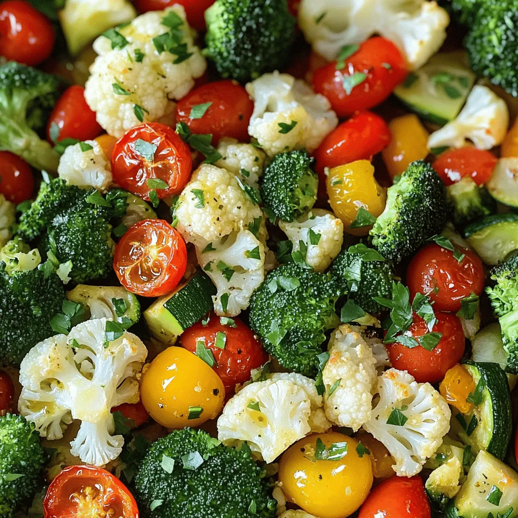 - 2 cups broccoli florets - 2 cups cauliflower florets - 1 cup cherry tomatoes - 1 bell pepper (any color) - 1 medium zucchini - 1 medium red onion - 4 cloves garlic, minced - 3 tablespoons extra virgin olive oil - 2 teaspoons mixed dried herbs - Salt and pepper to taste - Fresh parsley for garnish Using fresh vegetables makes a big difference in flavor. Broccoli and cauliflower add crunch. Cherry tomatoes bring sweetness, while bell pepper adds color. Zucchini softens nicely when roasted, and red onion adds a mild bite. For the seasoning, garlic is the star. It gives a bold taste. Olive oil helps the veggies roast well and adds richness. Mixed dried herbs like oregano and thyme give a warm, earthy note to the dish. I always keep salt and pepper handy to enhance the flavors. Fresh parsley adds a bright finish and makes the dish look beautiful. This simple mix creates a balance of textures and tastes. Check out the Full Recipe for all the details on how to bring these ingredients together in a delicious way! 1. Preheat the oven to 425°F (220°C). This high heat helps the veggies get nice and crisp. 2. Prepare and chop the vegetables evenly. Cut them into similar sizes for even cooking. 1. Combine the chopped vegetables in a large mixing bowl. You can use broccoli, cauliflower, bell pepper, zucchini, cherry tomatoes, and red onion. 2. Create the garlic herb mixture. In a small bowl, whisk together minced garlic, olive oil, mixed dried herbs, salt, and black pepper. 1. Coat the vegetables with the garlic herb mixture. Drizzle it over the veggies and toss until they are well coated. 2. Spread the veggies on a baking sheet in a single layer. This allows them to roast evenly without steaming. 1. Stir the veggies halfway through cooking. This helps them brown nicely on all sides. 2. Sprinkle with freshly chopped parsley before serving. This adds color and a fresh taste to the dish. For the full recipe, check out the detailed steps above. Choosing the right veggies makes a big difference. I recommend using seasonal vegetables for added flavor. Seasonal veggies taste fresher and are often sweeter. Look for bright colors and firm textures when you shop. Keep the sizes uniform for even roasting. This helps all the pieces cook at the same rate. You want every bite to be just as tasty. To boost the taste, add lemon juice or zest. This brightens the dish and makes it pop. You can also experiment with different herbs. Try rosemary for a woodsy flavor or dill for something light. Mixing herbs can give you a unique taste every time. Don't be afraid to get creative! Garlic herb roasted veggies pair well with proteins or grains. Try serving them with grilled chicken, fish, or quinoa. They also work great on their own, especially over a grain bowl. You can serve them warm or at room temperature. This makes them perfect for any meal. For more flavor, drizzle with a bit of balsamic glaze right before serving. For the full recipe, refer to the earlier section. Enjoy every bite! {{image_4}} You can change up the veggies for fun. Root vegetables work great here. Carrots and sweet potatoes add a sweet touch. Seasonal veggies like asparagus or Brussels sprouts can bring new flavors. Each mix shows off the veggies’ natural tastes. Want a spicy kick? Just add red pepper flakes to the mix. For an Italian twist, sprinkle parmesan cheese on top right before serving. This small step adds a rich, savory flavor that makes the dish pop. If you're vegan, make sure all your ingredients are plant-based. This dish is naturally gluten-free, so you don’t need to change anything for that. It fits many diets while still being tasty and satisfying. For the full recipe, check out the detailed guide I provided earlier. Store any leftover garlic herb roasted veggies in an airtight container. This keeps them fresh and tasty. They are best consumed within 3-5 days. The aroma will fill your fridge, making you want to eat them again! To revitalize texture, roast the veggies briefly in the oven. This step brings back their crispness. For quick reheating, you can also use the microwave. Just heat them for a minute or two until warm. If you want to freeze the veggies, prepare them before cooking. This way, they freeze well. When you are ready to eat them, thaw in the fridge overnight. To reheat, roast them in the oven for the best texture. Enjoy them as fresh as possible! The optimal roasting time is 25-30 minutes. This time allows the veggies to soften and brown nicely. Keep an eye on them. Stir halfway through to ensure even cooking. When they are done, you want a tender bite with a light caramel color. Fresh veggies are preferred for the best texture. Frozen vegetables can become soggy when cooked. If you only have frozen, thaw them first. Drain any excess water before seasoning. This step helps keep your dish vibrant and flavorful. Recommended pairings include chicken, fish, or grains. These roasted veggies make a great side. You can also top them on a grain bowl. Try serving with quinoa or brown rice for a complete meal. Yes, prep can be done a day ahead. Chop and mix the veggies with the garlic herb mixture. Store them in the fridge. Roast just before serving for the best taste. This way, you save time and still enjoy fresh, hot veggies. This blog post covered a simple way to make tasty garlic herb roasted veggies. You learned about the best fresh vegetables to use, the right seasonings, and how to roast them perfectly. Remember, you can customize this dish based on your taste or dietary needs. Fresh ingredients, proper prep, and a bit of creativity bring out the flavor. Enjoy experimenting with different vegetables and serving ideas. Your meals can be tasty, healthy, and fun to make!