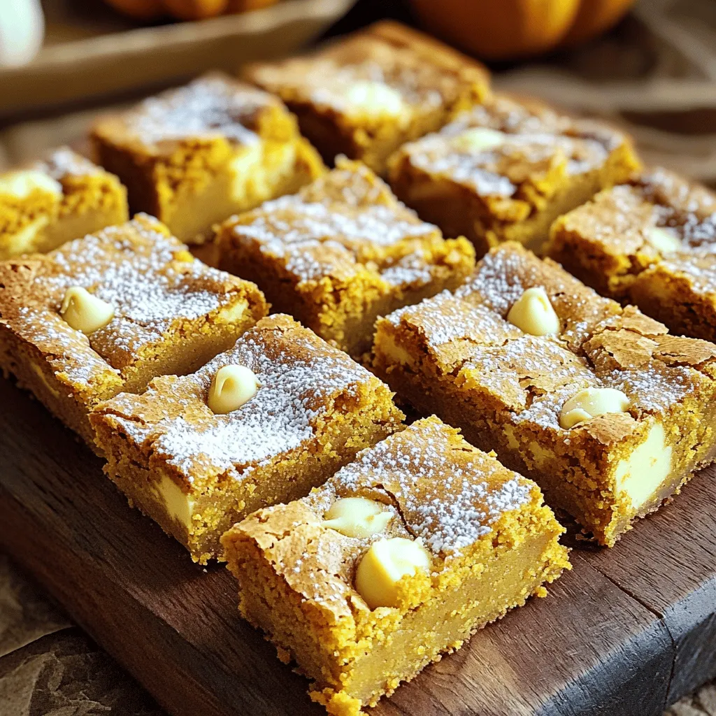 - 1 cup unsalted butter - 1 cup packed brown sugar - ½ cup granulated sugar - 2 large eggs - 1 cup pumpkin puree - 1 teaspoon pure vanilla extract - 2 cups all-purpose flour - 1 teaspoon baking powder - ½ teaspoon baking soda - ½ teaspoon salt - 1 teaspoon ground cinnamon - ½ teaspoon ground nutmeg - ½ teaspoon ground ginger - 1 cup white chocolate chips (or chopped walnuts for a nutty twist) You need each of these ingredients to create the perfect blondies. The unsalted butter gives a rich flavor. Brown sugar adds moisture and depth. Eggs provide structure, while pumpkin puree keeps the blondies soft and moist. You can swap some ingredients. If you want a dairy-free version, use plant-based butter. For a healthier option, try coconut sugar instead of brown and granulated sugars. You can also use whole wheat flour for a nuttier taste. Finally, for those who love nuts, replace white chocolate chips with walnuts. Each option changes the flavor and texture, making your blondies unique. Check the full recipe for detailed steps on how to combine these ingredients for a delightful treat. 1. Preheat your oven to 350°F (175°C). Grab an 8x8-inch baking dish. Lightly grease it and line the bottom with parchment paper. This will help you easily lift the blondies out later. 2. Melt and brown the butter. In a medium saucepan, add 1 cup of unsalted butter. Heat it on medium. Swirl the pan often to ensure even cooking. After about 5 to 7 minutes, the butter will turn golden brown. You will smell a rich, nutty aroma. Remove it from heat and let it cool slightly. 3. Mix the wet and dry ingredients. In a large bowl, combine the warm brown butter with 1 cup of packed brown sugar and ½ cup of granulated sugar. Stir until the sugars blend well with the butter. Next, add 2 large eggs, one at a time, mixing well after each. Then, pour in 1 cup of pumpkin puree and 1 teaspoon of pure vanilla extract. Whisk until it is smooth and creamy. In another bowl, whisk together 2 cups of all-purpose flour, 1 teaspoon of baking powder, ½ teaspoon of baking soda, ½ teaspoon of salt, 1 teaspoon of ground cinnamon, ½ teaspoon of ground nutmeg, and ½ teaspoon of ground ginger. Carefully add the dry mix into the wet mix. Stir gently until just combined. Be careful not to overmix. Lastly, fold in 1 cup of white chocolate chips or chopped walnuts. Make sure they spread throughout the batter. 4. Pour the batter into your prepared baking dish. Use a spatula to spread it evenly across the bottom. 5. Bake in the preheated oven for 25 to 30 minutes. To check if they are done, insert a toothpick into the center. It should come out clean or with a few moist crumbs. 6. Cool the blondies. Once baked, let them cool in the pan on a wire rack for at least 15 minutes. After that, gently lift them out using the parchment paper. 7. Serve and enjoy! Cut the blondies into squares. For a fun touch, dust them lightly with powdered sugar and sprinkle some cinnamon on top. They taste great warm or with a scoop of vanilla ice cream. To make great brown butter, start with unsalted butter. Use a light-colored pan. This helps you see the color change as it cooks. Keep the heat on medium. Stir it every now and then. Look for a nutty aroma; this means you are close. The butter should turn a golden brown color. This takes about 5 to 7 minutes. If it smells burnt, you need to start over. One common mistake is overmixing the batter. Mix just until you see no dry flour. Overmixing makes blondies dense and tough. Another error is not checking for doneness. Use a toothpick to test. It should come out clean or with a few moist crumbs. If it is too wet, the blondies need more time. You can add extra spices like cloves or allspice for depth. A splash of maple extract also adds warmth. When serving, pair these blondies with vanilla ice cream. A dollop of whipped cream also works great. You can even drizzle caramel sauce on top for a treat. For a nutty twist, try serving with chopped walnuts. These simple changes will make your blondies even more special. Check the Full Recipe for more ideas! {{image_4}} You can make your blondies more fun with mix-ins. I love using white chocolate chips for a sweet touch. They melt slightly, adding creaminess to each bite. Alternatively, you can use chopped walnuts for a nutty crunch. Walnuts add texture and a nice contrast to the soft blondies. If you want to be adventurous, consider dried fruits. Chopped cranberries or golden raisins can add a tart flavor. You can even use dark chocolate chips for a richer taste. The options are endless, so feel free to get creative! For those needing gluten-free options, try using gluten-free flour. It often works just as well as regular flour. I recommend a blend that includes almond flour or oat flour for the best results. This keeps the blondies soft and moist. If you’re looking to make these blondies vegan, swap the eggs for flax eggs. Mix one tablespoon of ground flaxseed with three tablespoons of water and let it sit for five minutes. It works as a great binder, just like eggs. Also, use a plant-based butter to keep that rich flavor. You can change the spices to match your taste. Instead of just cinnamon, consider adding chai spice for a warm, cozy flavor. It adds depth and warmth to the pumpkin. Another option is to play with sugars. Using all brown sugar gives a deeper caramel flavor. Mixing in some coconut sugar can also add a unique taste. Each type of sugar affects the end result, so choose what you love most! For the complete recipe, check out the [Full Recipe]. To keep your brown butter pumpkin blondies fresh, store them in an airtight container. This helps lock in moisture and flavor. You can place a piece of bread in the container to keep them soft. A glass or plastic container works best for this. Avoid metal containers, as they can alter the taste. You can freeze these blondies for later enjoyment. Wrap each blondie tightly in plastic wrap. Then, place them in a freezer-safe bag. This prevents freezer burn and keeps them tasty. They can stay frozen for up to three months. When you're ready to enjoy them, thaw overnight in the fridge or at room temperature for a few hours. To reheat, place the blondies in the microwave for 10-15 seconds. This warms them without making them tough. You can also use the oven. Preheat it to 350°F (175°C) and warm the blondies for about 5 minutes. For extra flavor, top them with a scoop of vanilla ice cream or a drizzle of caramel sauce. Enjoy your warm, gooey treat! Store your blondies in an airtight container. Keep them at room temperature for up to five days. If you want them to last longer, place them in the fridge. They can stay fresh for about a week that way. To warm them up, just pop them in the microwave for a few seconds. This makes them soft and gooey again. Yes, you can use fresh pumpkin. First, cook the pumpkin until it is soft. Then, mash it well to get a smooth texture. Fresh pumpkin has a different taste and moisture level than canned. Be sure to adjust the amount of flour if the batter seems too wet. This way, your blondies will still bake perfectly. To make your blondies chewier, try adding more brown sugar. Brown sugar has more moisture than white sugar. You can also reduce the amount of flour slightly. Another tip is to bake them for a shorter time. This will keep them soft and chewy. Enjoy your delicious, chewy blondies! For the full recipe, check the earlier sections. Brown Butter Pumpkin Blondies are easy to make and super tasty. You learned the best ingredients, steps, and tips for baking them just right. You can even try fun variations and store them well for later. Enjoying blondies can be fun and creative, so don’t be afraid to experiment. Making these treats can bring joy to any gathering or snack time. Happy baking, and may your blondies always be perfect!