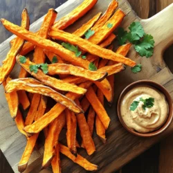 - 2 large sweet potatoes, peeled and cut into thin fries - 2 tablespoons extra virgin olive oil - 1 teaspoon smoked paprika - 1 teaspoon garlic powder - Sea salt and freshly cracked black pepper to taste - 1 cup creamy mayonnaise - 1-2 chipotle peppers in adobo sauce, finely minced - 1 tablespoon fresh lime juice - 1 teaspoon ground cumin - Fresh cilantro, chopped, for a vibrant garnish Sweet potatoes are high in vitamins A and C. They also offer fiber, which aids digestion. The olive oil provides healthy fats. The chipotle aioli adds flavor but also calories from mayonnaise. Balance is key! Enjoy this dish in moderation. Each serving has about 300 calories, depending on portion size. Start by peeling the sweet potatoes. Cut them into thin fries. Thin fries cook better and get crispier. In a large bowl, add the sweet potato fries. Drizzle with olive oil to coat them. Sprinkle smoked paprika, garlic powder, sea salt, and pepper. Toss everything well to make sure each fry gets flavor. This step is key for tasty fries. Preheat your oven to 425°F (220°C). A hot oven helps the fries crisp up. Line a baking sheet with parchment paper. This makes for easy cleanup later. Spread the fries on the sheet in a single layer. Avoid overlapping them for even cooking. Bake the fries for 25-30 minutes. Flip them halfway through for golden-brown perfection. Keep an eye on them to prevent burning. While the fries bake, it’s time for the aioli. In a mixing bowl, combine mayonnaise, minced chipotle peppers, lime juice, and cumin. Whisk until it’s smooth and well-mixed. Adjust the chipotle amount based on how spicy you like it. Add a pinch of sea salt for extra taste. This aioli pairs perfectly with the sweet potato fries. For the full recipe, you can refer to the original details provided. To get your sweet potato fries extra crispy, follow a few simple tips. First, cut the fries thin. Thin fries cook faster and crisp up better. Next, soak the cut fries in cold water for 30 minutes. This step removes excess starch and helps them crisp nicely. After soaking, dry the fries well with a towel. Any moisture will cause them to steam, not crisp. Finally, use parchment paper on your baking sheet. This helps prevent sticking and promotes even browning. The chipotle aioli can be a flavor star on your plate. To make it even better, try adding a pinch of smoked paprika. This will enhance the smoky flavor from the chipotle. For a zesty kick, mix in some finely grated lemon zest. This brightens the aioli and adds depth. If you like more heat, toss in another minced chipotle pepper. Taste as you go, and adjust to your spice level. Fresh herbs like cilantro can also add a fresh pop to the aioli. Avoid these common mistakes to ensure your fries and aioli shine. First, don’t overcrowd the baking sheet. If fries touch, they won’t crisp up properly. Bake them in a single layer with space around each fry. Next, be careful with the oil. Too much can make the fries soggy, while too little can cause them to stick. Finally, don’t skip the cooling time after baking. Letting them cool a bit on the sheet helps them crisp up even more. Enjoy your crispy sweet potato fries with flavorful chipotle aioli! Check out the Full Recipe for more details. {{image_4}} You can change the flavors of sweet potato fries with different seasonings. Try using chili powder for a warm kick. You can also use Italian herbs like oregano and thyme for a fresh taste. If you want to add some zest, sprinkle lemon pepper on them before baking. For a sweet twist, a dash of cinnamon can add a unique flavor. Mix and match these spices to find your favorite blend. Adjusting the spice level in your chipotle aioli is easy. If you prefer it milder, use just one chipotle pepper or remove the seeds. For more heat, add an extra minced chipotle pepper. You can also include hot sauce or cayenne pepper for added spice. Taste as you go to get it just right. This way, you can tailor the aioli to suit your taste buds. Sweet potato fries pair wonderfully with many dishes. Serve them with grilled chicken or fish for a balanced meal. They also make a great side for burgers or sandwiches. If you're hosting a party, place them on a platter with the chipotle aioli for dipping. For a fun twist, try serving them in a cone or on a wooden board. This creates a beautiful presentation that guests will love. For more details, check out the Full Recipe. To store leftover sweet potato fries, let them cool first. Place them in an airtight container. I recommend using a container that fits them snugly. This way, they won’t get too soggy. You can keep them in the fridge for up to three days. If you want to keep them longer, consider freezing them. However, freezing can change their texture. When you're ready to enjoy your fries again, you can reheat them easily. The best way is to use the oven. Preheat your oven to 400°F (200°C). Spread the fries in a single layer on a baking sheet. Bake for about 10-15 minutes. This method helps restore their crispiness. You can also use an air fryer for reheating. Just set it to 375°F (190°C) and heat for about 5-7 minutes. Chipotle aioli lasts in the fridge for about one week. Keep it in an airtight jar to maintain freshness. If you see any change in color or smell, it’s best to toss it out. You can also freeze the aioli if you want to keep it longer. Just use an ice cube tray to freeze it in small portions. When ready to use, thaw it in the fridge overnight. Yes, you can use regular potatoes, Yukon gold, or even purple potatoes. Each type offers a different taste. Regular potatoes will be crispier, while sweet potatoes give a sweeter flavor. Experiment to find what you love! To make the fries healthier, you can bake them instead of frying. Use less oil or try an air fryer. You can also skip the salt or use herbs for flavor. This way, you enjoy a tasty snack that’s lighter! If you want to skip mayonnaise, you can use Greek yogurt. It gives a nice creaminess and adds protein. Silken tofu blended smooth is another great option. Both choices will still taste amazing with chipotle! Yes, you can make the chipotle aioli ahead of time. Store it in the fridge for up to five days. The flavors will blend and deepen, making it even tastier! To store leftover fries, place them in an airtight container. Keep them in the fridge for up to three days. Avoid stacking them to keep them from getting soggy. The best way to reheat fries is in the oven. Spread them on a baking sheet and heat at 400°F (200°C) for about 10 minutes. This will help them regain their crispiness. Yes, you can freeze sweet potato fries! Lay them out on a baking sheet to freeze first. Once frozen, store them in a freezer bag. They can last up to three months. Just bake them directly from frozen when you’re ready to enjoy! The spice level of the aioli depends on how many chipotle peppers you use. Start with one for mild heat. Add more if you like it hot. Always taste as you go to find your perfect heat! If you want to switch things up, try ketchup, ranch, or even a yogurt dip. Each offers a different flavor that pairs well with sweet potato fries. You now know how to make tasty sweet potato fries and chipotle aioli. We covered the best ingredients, cooking steps, and helpful tips. Remember to experiment with flavors for your fries and aioli. Avoid common mistakes to ensure crispiness and taste. When storing leftovers, follow the guidelines to keep them fresh. Enjoy this delicious snack any time!